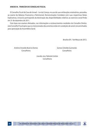 ANEXO III.	 Parecer do conselho fiscal

   O Conselho Fiscal da Casa de Ismael – Lar da Criança, no uso de suas atribuições estatutárias, procedeu
ao exame do Balanço Financeiro e Patrimonial, Demonstrações Contábeis com suas respectivas Notas
Explicativas, inclusive participando da destinação das disponibilidades relativas ao exercício social findo
em 31 de dezembro de 2011.
   Com base nos exames efetuados, nas informações e esclarecimentos recebidos do Conselho Diretor,
este Conselho Fiscal opina que os mencionados documentos estão em condições de serem encaminhados
para aprovação da Assembleia Geral.




                                                                          Brasília-DF, 7 de Março de 2012.



	 Antônio Arivaldo Bezerra Dantas		 Gamas Cândido Guimarães
	Conselheiro		 Conselheiro

		 Lourdes Jary Taborda Carloto
		Conselheira




 76            Relatório de Atividades, Balanço e Demonstração de Resultado de 2011
 