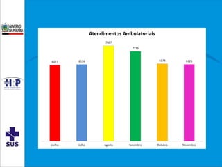 6077 6116
7607
7155
6173 6125
Junho Julho Agosto Setembro Outubro Novembro
Atendimentos Ambulatoriais
 
