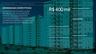 TECNISA Relatório Anual 2015   17 estratégia e perspectivas
R$400milSegmento de renda priorizado
no curto prazo para lançamentos.
Comprovada capacidade de execução
Com 38 anos de experiência no mercado e uma pla-
taforma integrada de negócios, a Companhia alcança
diferentes regiões e segmentos de renda no merca-
do nacional. Além disso, destaca-se pelo controle e
gestão das etapas de aquisição de terrenos, incorpo-
ração, venda e construção, reduzindo riscos e garan-
tindo qualidade nas entregas.
Reputação e reconhecimento de marca
Referência nacional em relacionamento com o clien-
te, a TECNISA possui alto nível de reconhecimento
em virtude de suas inovações em construção, vendas,
marketing e relacionamento. Além de ter produzido
tendências ao longo de sua história – caso dos concei-
tos rooftop e grand space –, atua no desenvolvimento
de projetos inovadores no uso do espaço urbano, caso
do bairro planejado Jardim das Perdizes, o primeiro em
São Paulo em mais de cinco décadas.
Presença em regiões estratégicas
Hoje, a Companhia está em processo de consolida-
ção de sua presença em praças consideradas estra-
tégicas, mirando oportunidades em mercados pro-
missores. O foco atual é o estado de São Paulo, onde
a TECNISA tem maior expertise, além de atuações
secundárias nas praças de Curitiba (PR) e Brasília (DF).
Atuação em diversos
segmentos de renda
A capacidade de atuar em diversos segmentos de
renda, seja com projetos sob a marca TECNISA, vol-
tados para o público de média e alta renda, ou sob a
plataforma da TECNISA Flex, com plantas mais pa-
dronizadas e preços mais acessíveis, permite à Com-
panhia atuar em sintonia com as transformações no
perfil dos consumidores do mercado imobiliário. No
curto prazo, serão priorizados lançamentos de uni-
dades residenciais de até R$ 400 mil, segmento que
conta hoje com maior oferta de crédito e com taxas
de crédito imobiliário mais atrativas.
Gestão financeira eficiente
Empreendimentos imobiliários costumam possuir
ciclos longos e demandam elevado volume de capi-
tal. A experiência adquirida ao longo de períodos de
intensa instabilidade econômica no país, nas últimas
quatro décadas, credencia a TECNISA como uma
das empresas mais capacitadas do setor. Buscamos
rentabilizar cada empreendimento com a combina-
ção de diversificação das formas de financiamento
e controle rigoroso do custo das obras, mantendo
sempre o risco corporativo dentro de parâmetros
que consideramos adequados e seguros.
diferenciais competitivos
Da expertise em execução
de projetos à solidez da
marca, TECNISA mantém
vantagens que garantem sua
competitividade no mercado
de incorporação brasileiro
 