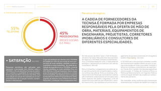 TECNISA Relatório Anual 2015 relacionamentos   28 
+ satisfação [G4-PR5]
Pesquisas periódicas são aplicadas para
mensurar a percepção dos clientes sobre a
TECNISA, a fim de identificar formas de melho-
rar o contato e a qualidade de suas entregas.
Entre junho de 2015 e fevereiro de 2016, uma
nova edição do estudo foi realizada em 21 em-
preendimentos de ocupação recente, contem-
plando 2.058 pessoas.
55%
Telefone
45%
Meios digitais
(redes sociais
e e-mail)
COntatos de clientes por canal
No mês de pico de 2015, havia 1.318 fornecedo-
res ativos nas obras. Para selecionar seus parceiros
de negócios, a TECNISA considera a expertise téc-
nica, a competitividade de custo, a capacidade de
entrega e o alinhamento às práticas e aos valores
corporativos. [G4-12]
Para a Companhia, o engajamento da cadeia de va-
lor permite aumento de competitividade e melho-
ria contínua nas práticas. Entre as iniciativas, a Se-
mana Interna de Prevenção de Acidentes mobiliza
adicionalmente colaboradores terceirizados para
tratar aspectos de saúde e segurança, a fim de
disseminar boas práticas que influenciam o setor.
Na mesma linha, são realizados encontros de en-
gajamento de parceiros potenciais em inovações e
projetos (Fast Dating – leia mais).
A TECNISA tem como princípio combater e proibir
terminantemente trabalho infantil, escravo ou aná-
logo à escravidão em toda a sua cadeia, incluindo o
tema nos contratos corporativos e de suprimen-
tos. Desde 2014, também há cláusulas específicas
anticorrupção. O Código de Conduta e Ética e a
Política de Relacionamento com Agentes Públicos
e Anticorrupção também são levados ao conheci-
mento dos parceiros.
São realizadas, ainda, auditorias para mensuração
sistemática das condições de trabalho em todas as
O grau de satisfação dos clientes com a TECNISA
foi medido por meio de uma escala de cinco pon-
tos (indo de muito satisfeito, satisfeito e neutro a
insatisfeito e muito insatisfeito). Na média de sa-
tisfação da experiência com a TECNISA, o total de
clientes satisfeitos ou muito satisfeitos ficou em
46% (948 dos 2.058 participantes). Dentro desse
grupo,foiperguntadooquesedestacounocontato
comaCompanhia,comdestaqueparaosaspectos
deAtendimento(59%)eEmpreendimento(54%),
seguidos de aspectos como Infraestrutura (18%),
Planta(9%),Localização(7%)eAcabamento(4%).
Parceiros de negócio
A cadeia de fornecedores da
TECNISA é formada por empresas
responsáveis pela oferta de mão de
obra, materiais, equipamentos de
engenharia, projetistas, corretores
imobiliários e consultores de
diferentes especialidades.
 