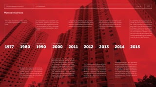 TECNISA Relatório Anual 2015 A COMPANHIA   8 
Marcos históricos
Companhia alcança geração re-
corde de caixa no exercício, de
R$ 1.060 milhões, contribuindo
para que o nível de endividamen-
to fosse o menor em sete anos,
com queda de 13 p.p. em relação
ao ano anterior, e obtém o auto
de conclusão de obra (Habite-se)
das primeiras seis torres residen-
ciais do Jardim das Perdizes.
Início das atividades, sob o nome
TECNISA Engenharia e Comércio
Ltda.
Criação de programa de raciona-
lização das obras e do conceito
grand space, com empreendi-
mentos com área acima da mé-
dia, maior espaço de cômodos e
preços equivalentes.
A Companhia cria o conceito roof-
top (áreas comuns de lazer nas
coberturas dos edifícios) e torna-
-se a primeira no País a entregar
áreas comuns equipadas e deco-
radas.
Lançamento do Programa de
Responsabilidade Social; obten-
ção das certificações ISO 9001
e Programa Brasileiro da Quali-
dade e Produtividade do Habitat
(PBQP-H) nível A; abertura de ca-
pital e ingresso no Novo Mercado
da BMFBovespa; início do uso
das mídias sociais para interação
com clientes; e lançamento da li-
nha TECNISA Flex.
Lançamento da Política de Sustenta-
bilidade e criação do Fast Dating (para
estimular a participação de outras em-
presas nos processos de inovação).
TECNISA lança a Política de Rela-
cionamento com Públicos de In-
teresse e conclui a infraestrutura
do Jardim das Perdizes; também
alcança a etiqueta de eficiência
energética Procel Edifica Nível A
para as dez primeiras torres do
empreendimento.
Lançamento dos primeiros edi-
fícios do bairro planejado Jardim
das Perdizes e conquista da cer-
tificação AQUA para o empreen-
dimento.
Desenvolvimento de aplicativo
para o Google Glass, com foco em
vendas; uso de drones para acom-
panhamento de obras; lançamen-
to da Política de Relacionamento
com Agentes Públicos e Anticor-
rupção; criação da TECNISA Ur-
banizadora, com foco em projetos
urbanos.
1977 2011 2012 2013 2014 2015
Décadade
1980
Décadade
1990
Décadade
2000
 