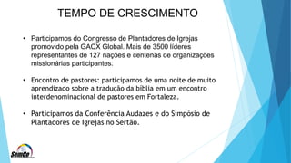 TEMPO DE CRESCIMENTO
• Participamos do Congresso de Plantadores de Igrejas
promovido pela GACX Global. Mais de 3500 líderes
representantes de 127 nações e centenas de organizações
missionárias participantes.
• Encontro de pastores: participamos de uma noite de muito
aprendizado sobre a tradução da bíblia em um encontro
interdenominacional de pastores em Fortaleza.
• Participamos da Conferência Audazes e do Simpósio de
Plantadores de Igrejas no Sertão.
 