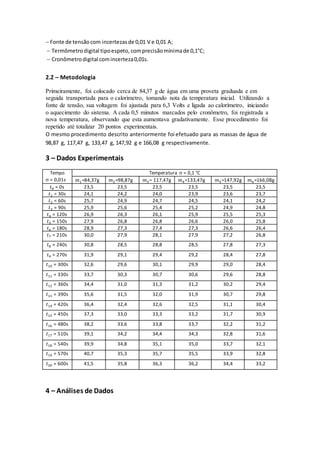 Fonte de tensãocom incertezasde 0,01 V e 0,01 A;
 Termômetrodigital tipoespeto, comprecisãomínimade 0,1°C;
 Cronômetrodigital comincerteza0,01s.
2.2 – Metodologia
Primeiramente, foi colocado cerca de 84,37 g de água em uma proveta graduada e em
seguida transportada para o calorímetro, tomando nota da temperatura inicial. Utilizando a
fonte de tensão, sua voltagem foi ajustada para 6,3 Volts e ligada ao calorímetro, iniciando
o aquecimento do sistema. A cada 0,5 minutos marcados pelo cronômetro, foi registrada a
nova temperatura, observando que esta aumentava gradativamente. Esse procedimento foi
repetido até totalizar 20 pontos experimentais.
O mesmo procedimento descrito anteriormente foi efetuado para as massas de água de
98,87 g, 117,47 g, 133,47 g, 147,92 g e 166,08 g respectivamente.
3 – Dados Experimentais
Tempo
 = 0,01s
Temperatura  = 0,1 °C
𝑚1=84,37g 𝑚2=98,87g 𝑚3= 117,47g 𝑚4=133,47g 𝑚5=147,92g 𝑚6=166,08g
𝑡0 = 0s 23,5 23,5 23,5 23,5 23,5 23,5
𝑡1 = 30s 24,1 24,2 24,0 23,9 23,6 23,7
𝑡2 = 60s 25,7 24,9 24,7 24,5 24,1 24,2
𝑡3 = 90s 25,9 25,6 25,4 25,2 24,9 24,8
𝑡4 = 120s 26,9 26,3 26,1 25,9 25,5 25,3
𝑡5 = 150s 27,9 26,8 26,8 26,6 26,0 25,8
𝑡6 = 180s 28,9 27,3 27,4 27,3 26,6 26,4
𝑡7 = 210s 30,0 27,9 28,1 27,9 27,2 26,8
𝑡8 = 240s 30,8 28,5 28,8 28,5 27,8 27,3
𝑡9 = 270s 31,9 29,1 29,4 29,2 28,4 27,8
𝑡10 = 300s 32,6 29,6 30,1 29,9 29,0 28,4
𝑡11 = 330s 33,7 30,3 30,7 30,6 29,6 28,8
𝑡12 = 360s 34,4 31,0 31,3 31,2 30,2 29,4
𝑡13 = 390s 35,6 31,5 32,0 31,9 30,7 29,8
𝑡14 = 420s 36,4 32,4 32,6 32,5 31,1 30,4
𝑡15 = 450s 37,3 33,0 33,3 33,2 31,7 30,9
𝑡16 = 480s 38,2 33,6 33,8 33,7 32,2 31,2
𝑡17 = 510s 39,1 34,2 34,4 34,3 32,8 31,6
𝑡18 = 540s 39,9 34,8 35,1 35,0 33,7 32,1
𝑡19 = 570s 40,7 35,3 35,7 35,5 33,9 32,8
𝑡20 = 600s 41,5 35,8 36,3 36,2 34,4 33,2
4 – Análises de Dados
 