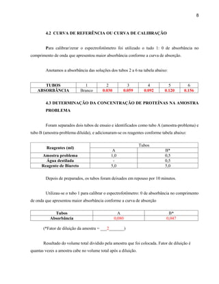 8



        4.2 CURVA DE REFERÊNCIA OU CURVA DE CALIBRAÇÃO


        Para calibrar/zerar o espectrofotômetro foi utilizado o tudo 1: 0 de absorbância no
comprimento de onda que apresentou maior absorbância conforme a curva de absorção.


        Anotamos a absorbância das soluções dos tubos 2 a 6 na tabela abaixo:


      TUBOS                   1            2           3            4          5          6
   ABSORBÂNCIA              Branco       0.030       0.059        0.092      0.120      0.156

        4.3 DETERMINAÇÃO DA CONCENTRAÇÃO DE PROTEÍNAS NA AMOSTRA
        PROBLEMA


        Foram separados dois tubos de ensaio e identificados como tubo A (amostra-problema) e
tubo B (amostra-problema diluída), e adicionaram-se os reagentes conforme tabela abaixo:

                                                                Tubos
         Reagentes (ml)
                                               A                             B*
      Amostra problema                        1,0                            0,5
        Água destilada                         -                             0,5
      Reagente de Biureto                     5,0                            5,0

        Depois de preparados, os tubos foram deixados em repouso por 10 minutos.


        Utilizau-se o tubo 1 para calibrar o espectrofotômetro: 0 de absorbância no comprimento
de onda que apresentou maior absorbância conforme a curva de absorção

             Tubos                                 A                           B*
           Absorbância                           0,080                        0,047

       (*Fator de diluição da amostra = ___2_______)


       Resultado do volume total dividido pela amostra que foi colocada. Fator de diluição é
quantas vezes a amostra cabe no volume total após a diluição.
 