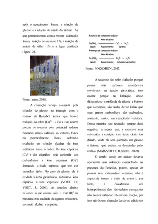após o aquecimento foram: a solução de
glicose e a solução de amido do inhâme. As
que permaneceram com a mesma coloração
foram: solução de sacarose 1%, a solução de
amido de milho 1% e a água destilada
(figura 2).
Fonte: autor, 2018.
A coloração laranja assumida pela
solução de glicose ao interagir com o
reativo de Benedict indica que houve
redução do cobre (Cu2+ → Cu+). Isto ocorre
porque os açucares com potencial redutor
possuem grupos aldeídos ou cetonas livres
ou potencialmente livres, sofrendo
oxidação em solução alcalina de íons
metálicos como o cobre. Os íons cúpricos
(Cu2+) são reduzidos pela carbonila dos
carboidratos a íons cuprosos (Cu+)
formando o óxido cuproso, que tem cor
vermelho tijolo. No caso da glicose ela é
oxidada a ácido glicurônico, reduzindo íons
cúpricos a íons cuprosos (VOET, D.;
VOET, J., 2006). As reações abaixo
mostram o que ocorre com o Cu(OH)2 na
presença e na ausência de agentes redutores,
em meio alcalino e a quente.
Fonte: POZZOBON, 2017.
A sacarose não sofre oxidação porque
possui dois carbonos anoméricos
envolvidos na ligação glicosídica, isso
ocorre porque na formação desse
dissacarídeo a molécula de glicose e frutose
que o compõe, são unidas de tal forma que
seus grupos carbonílicos são quebrados,
anulando, assim, sua capacidade redutora.
Dessa maneira seu resultado sempre dará
negativo, a menos que, a sacarose seja
submetida a ebulição com ácido clorídrico
diluído, onde ela será quebrada em glicose
e frutose, que podem ser detectadas pelo
reativo (MARZZOCO; TORRES, 2009).
O amido sendo um açúcar deveria
apresentar uma coloração avermelhada na
presença do Benedict, porém, apesar de
possuir uma extremidade redutora, não é
capaz de formar o óxido de cobre I, por
tanto, é considerado um
homopolissacarídeo não-redutor e enquanto
não houver hidrólise não haverá reação, por
isso não houve alteração da cor ao adicionar
 