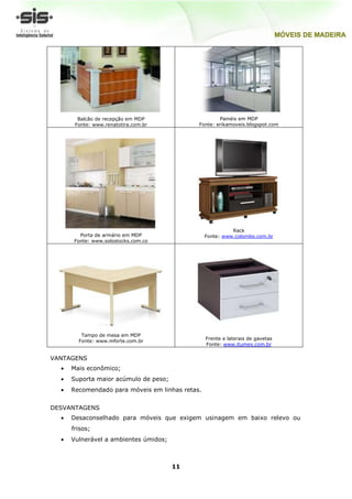 Balcão de recepção em MDP                    Painéis em MDP
      Fonte: www.renatotira.com.br          Fonte: erikamoveis.blogspot.com




                                                          Rack
       Porta de armário em MDP                  Fonte: www.colombo.com.br
     Fonte: www.solostocks.com.co




        Tampo de mesa em MDP
                                                Frente e laterais de gavetas
       Fonte: www.mforte.com.br
                                                Fonte: www.itumex.com.br


VANTAGENS
     Mais econômico;
     Suporta maior acúmulo de peso;
     Recomendado para móveis em linhas retas.


DESVANTAGENS
     Desaconselhado para móveis que exigem usinagem em baixo relevo ou
     frisos;
     Vulnerável a ambientes úmidos;



                                      11
 
