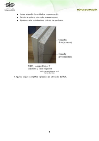 Menor absorção de umidade e empenamento;
      Permite a pintura, impressão e revestimento;
      Apresenta alta resistência na retirada de parafusos.




                              Figura 4 - Composição MDP
                                    Fonte: Duratex

A figura a seguir exemplifica o processo de fabricação do MDP.




                                         9
 