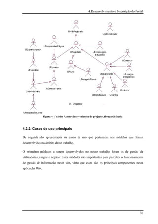 4.Desenvolvimento e Disposição do Portal




                 Figura 4-1 Vários Actores intervenientes do projecto Abraçar@Escola



4.2.2. Casos de uso principais

De seguida são apresentados os casos de uso que pertencem aos módulos que foram
desenvolvidos no âmbito deste trabalho.

O primeiros módulos a serem desenvolvidos no nosso trabalho foram os de gestão de
utilizadores, cargos e órgãos. Estes módulos são importantes para perceber o funcionamento
de gestão de informação neste site, visto que estes são os principais componentes nesta
aplicação Web.




                                                                                            36
 