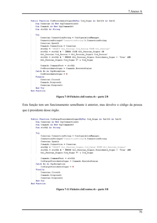 7.Anexo A




                          Figura 7-10 Ficheiro clsEventos.vb – parte 2/8


Esta função tem um funcionamento semelhante à anterior, mas devolve o código da pessoa
que é presidente desse órgão.




                          Figura 7-11 Ficheiro clsEventos.vb – parte 3/8




                                                                                   76
 