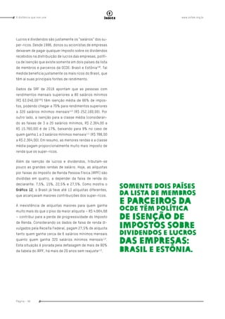 www.oxfam.org.brA distância que nos une
Página - 46
índice
Lucros e dividendos são justamente os “salários” dos su-
per-ricos. Desde 1996, donos ou acionistas de empresas
deixaram de pagar qualquer imposto sobre os dividendos
recebidos na distribuição de lucros das empresas, políti-
ca de isenção que existe somente em dois países da lista
de membros e parceiros da OCDE: Brasil e Estônia108
. Tal
medida beneficia justamente os mais ricos do Brasil, que
têm aí suas principais fontes de rendimento.
Dados da SRF de 2016 apontam que as pessoas com
rendimentos mensais superiores a 80 salários mínimos
(R$ 63.040,00109
) têm isenção média de 66% de impos-
tos, podendo chegar a 70% para rendimentos superiores
a 320 salários mínimos mensais110
(R$ 252.160,00). Por
outro lado, a isenção para a classe média (consideran-
do as faixas de 3 a 20 salários mínimos, R$ 2.364,00 a
R$ 15.760,00) é de 17%, baixando para 9% no caso de
quem ganha 1 a 3 salários mínimos mensais111
(R$ 788,00
a R$ 2.364,00). Em resumo, as menores rendas e a classe
média pagam proporcionalmente muito mais imposto de
renda que os super-ricos.
Além da isenção de lucros e dividendos, tributam-se
pouco as grandes rendas de salário. Hoje, as alíquotas
por faixas do Imposto de Renda Pessoa Física (IRPF) são
divididas em quatro, a depender da faixa de renda do
declarante: 7,5%, 15%, 22,5% e 27,5%. Como mostra o
Gráfico 12, o Brasil já teve até 13 alíquotas diferentes,
que alcançavam maiores contribuições dos super-ricos.
A inexistência de alíquotas maiores para quem ganha
muito mais do que o piso da maior alíquota – R$ 4.664,68
– contribui para a perda de progressividade do Imposto
de Renda. Considerando os dados de faixa de renda di-
vulgados pela Receita Federal, pagam 27,5% de alíquota
tanto quem ganha cerca de 6 salários mínimos mensais
quanto quem ganha 320 salários mínimos mensais112
.
Esta situação é piorada pela defasagem de mais de 80%
da tabela do IRPF, há mais de 20 anos sem reajuste113
.
Somente dois países
da lista de membros
e parceiros da
OCDE têm política
de isenção de
impostos sobre
dividendos e lucros
das empresas:
Brasil e Estônia.
 