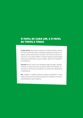 O papel de cada um, e o papel
de todos e todas
O poder público deve propor mudanças no sistema tributário, ampliar
recursos orçamentários para a realização progressiva de direitos, as-
segurar políticas educacionais inclusivas, lutar contra a violência ins-
titucional no seu próprio âmbito e oferecer espaços de participação
amplos para a definição de suas prioridades, agindo com transparên-
cia e eficiência.
Empresas devem cumprir suas obrigações legais de pagar impostos,
promover a inclusão social em seu próprio ambiente de trabalho, for-
malizando a mão de obra contratada e os direitos dos trabalhadores
e trabalhadoras.
Nós, cidadãos e cidadãs brasileiras, devemos acompanhar e cobrar
mudanças de políticas e práticas de governos e empresas. Temos res-
ponsabilidade por quem elegemos.
 