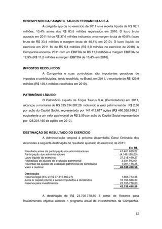 DESEMPENHO DA FAMASTIL TAURUS FERRAMENTAS S.A.
               A coligada apurou no exercício de 2011 uma receita líquida de R$ 92,1
milhões, 10,4% acima dos R$ 83,5 milhões registrados em 2010. O lucro bruto
apurado em 2011 foi de R$ 37,6 milhões indicando uma margem bruta de 40,8% (lucro
bruto de R$ 33,4 milhões e margem bruta de 40,1% em 2010). O lucro líquido do
exercício em 2011 foi de R$ 5,4 milhões (R$ 5,0 milhões no exercício de 2010). A
Companhia encerrou 2011 com um EBITDA de R$ 11,9 milhões e margem EBITDA de
12,9% (R$ 11,2 milhões e margem EBITDA de 13,4% em 2010).


IMPOSTOS RECOLHIDOS
               A Companhia e suas controladas são importantes geradoras de
impostos e contribuições, tendo recolhido, no Brasil, em 2011, o montante de R$ 129,9
milhões (R$ 139,4 milhões recolhidos em 2010).


PATRIMÔNIO LÍQUIDO
               O Patrimônio Líquido da Forjas Taurus S.A. (Controladora) em 2011,
alcançou o montante de R$ 325.334.507,26 indicando o valor patrimonial de R$ 2,30
por ação do Capital Social, representado por 141.412.617 ações (R$ 460.526.919,21
equivalente a um valor patrimonial de R$ 3,59 por ação do Capital Social representado
por 128.234.160 de ações em 2010).


DESTINAÇÃO DO RESULTADO DO EXERCÍCIO
               A Administração proporá à próxima Assembléia Geral Ordinária dos
Acionistas a seguinte destinação do resultado ajustado do exercício de 2011:
                                                                               Em R$
 Resultado antes da participação dos administradores                   41.461.629,27
 Participação dos administradores                                      (4.146.160,00)
 Lucro líquido do exercício                                            37.315.469,27
 Realização de ajustes de avaliação patrimonial                          3.931.913,04
 Reversão de ajustes de avaliação patrimonial de controlada              1.091.116,25
 Valor a destinar                                                      42.338.498,56

 Destinação
 Reserva legal (5% s/ R$ 37.315.469,27)                                 1.865.773,46
 Juros s/ capital próprio a serem imputados a dividendos               16.766.946,30
 Reserva para investimentos                                            23.705.778,80
                                                                       42.338.498,56


               A destinação de R$ 23.705.778,80 à conta de Reserva para
Investimentos objetiva atender o programa anual de investimentos da Companhia,



                                                                                   12
 