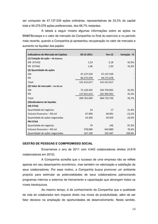 ser composto de 47.137.539 ações ordinárias, representativas de 33,3% do capital
total e 94.275.078 ações preferenciais, dos 66,7% restantes.
                A tabela a seguir mostra algumas informações sobre as ações na
BM&FBovespa e o valor de mercado da Companhia no final do exercício e no período
mais recente, quando a Companhia já apresentou recuperação no valor de mercado e
aumento na liquidez dos papéis:

    Indicadores de Mercado de Capitais      29-12-2011            Fev-12    Variação - %
    (1) Cotação da ação – R$ Histórica
    ON (FJTA3)                                    1,53               2,18         42,5%
    PN (FJTA4)                                    1,46               1,93         32,2%
    (2) Quantidade de ações
    ON                                      47.137.539         47.137.539              -
    PN                                      94.275.078         94.275.078              -
    Total                                  141.412.617     141.412.617
    (3) Valor de mercado – Em R$ mil
    ON                                      72.120.435     102.759.835            42,5%
    PN                                     137.641.614     181.950.901            32,2%
    Total                                  209.762.049     284.710.736            35,7%
    (4)Indicadores de liquidez
    ON FJTA3
    Quantidade de negócios                          14                17          21,4%
    Volume financeiro – R$ mil                  67.909            58.991         -13,1%
    Quantidade de ações negociadas              33.369            29.929         -10,3%
    PN FJTA4
    Quantidade de negócios                         74                146         97,3%
    Volume financeiro – R$ mil                378.000            643.889         70,3%
    Quantidade de ações negociadas            167.149            335.047        100,4%


GESTÃO DE PESSOAS E COMPROMISSO SOCIAL
                Encerramos o ano de 2011 com 4.642 colaboradores diretos (4.619
colaboradores em 2010).
                A Companhia acredita que o sucesso de uma empresa não se reflete
apenas em seu desempenho econômico, mas também na valorização e satisfação de
seus colaboradores. Por esse motivo, a Companhia busca promover um ambiente
propício para estimular as potencialidades de seus colaboradores patrocinando
programas internos e externos de treinamento e capacitação que abrangem todos os
níveis hierárquicos.
                Ao mesmo tempo, é de conhecimento da Companhia que a qualidade
de vida do colaborador tem impacto direto nos níveis de produtividade, além de ser
fator decisivo na ampliação de oportunidades de desenvolvimento. Neste sentido,


                                                                                      14
 