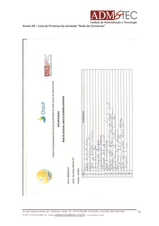 Anexo 04 – Lista de Presença da atividade “Roda de Conversas”

Av. Sport Clube do Recife, 252 – Madalena - Recife - PE - CEP 50.750-500 (FCAP/UPE) - Fone/FAX: (081) 3445-4469
CNPJ. 35.328.913/0001-16 - Email: admtec@admtec.org.br - www.admtec.org.br

12

 
