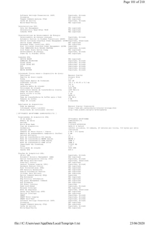 Software Settings Preservation (SSP) Suportado, Ativado
Streaming Não suportado
Tagged Command Queuing (TCQ) Não suportado
Cache de escrita Suportado, Ativado
Write-Read-Verify Não suportado
Características SSD:
Data Set Management Não suportado
Deterministic Read After TRIM Não suportado
Comando TRIM Não suportado
Características de Gerenciamento de Energia:
Gerenciamento de energia avançado Suportado, Ativado
Automatic Partial to Slumber Transitions (APST) Desativado
Device Initiated Interface Power Management (DIPM)Suportado, Desativado
Device Sleep (DEVSLP) Não suportado
Extended Power Conditions (EPC) Não suportado
Host Initiated Interface Power Management (HIPM) Suportado
IDLE IMMEDIATE With UNLOAD FEATURE Suportado, Ativado
Link Power State Device Sleep Não suportado
Gerenciamento de energia Suportado, Ativado
Power-Up In Standby (PUIS) Não suportado
Comandos ATA:
DEVICE RESET Não suportado
DOWNLOAD MICROCODE Suportado, Ativado
FLUSH CACHE Suportado, Ativado
FLUSH CACHE EXT Suportado, Ativado
NOP Suportado, Ativado
READ BUFFER Suportado, Ativado
WRITE BUFFER Suportado, Ativado
Informação física sobre o dispositivo de disco:
Fabricante Western Digital
Família do disco rígido Scorpio Blue
Forma 2.5"
Capacidade depois de formatado 500 GB
Dimensões físicas 100.2 x 69.85 x 9.5 mm
Peso máximo 100 g
Latência média de rotação 5.5 ms
Velocidade de rotação 5400 RPM
Coeficiente máximo de transferência interna 1088 Mbit/s
Tempo de busca médio 12 ms
Busca trilha a trilha 2 ms
Interface SATA-II
Taxa de transferência do buffer para o host 300 Mb/s
Tamanho do buffer 8 MB
Tempo de rotação 4 segundos
Fabricante do dispositivo:
Nome da empresa Western Digital Corporation
Informação sobre o produto https://www.wdc.com/products/internal-storage.html
Atualização de controlador (Driver) http://www.aida64.com/goto/?p=drvupdates
[ ST750LM022 HN-M750MBB (S2W4J5DC901170) ]
Propriedades do dispositivo ATA:
ID do modelo ST750LM022 HN-M750MBB
Número de série S2W4J5DC901170
Revisão 2AR10002
World Wide Name 5-0004CF-400FF452E
Tipo de dispositivo SATA-II @ Oxford
Parâmetros 1453521 cilindros, 16 cabeças, 63 setores por trilha, 512 bytes por setor
Setores LBA 1465149168
Tamanho do Setor Físico / Lógico 4 KB / 512 bytes
Memória de armazenamento temporário (buffer) 8 MB
Setores múltiplos 16
Modo de transferência PIO máxima PIO 4
Modo de transferência MWDMA máxima MWDMA 2
Modo de transferência UDMA máxima UDMA 6
Modo de transferência UDMA ativa UDMA 6
Capacidade não formatada 715405 MB
Forma 2.5"
Velocidade de rotação 5400 RPM
Padrão ATA ACS-2
Funções do dispositivo ATA:
48-bit LBA Suportado, Ativado
Automatic Acoustic Management (AAM) Não suportado
Device Configuration Overlay (DCO) Suportado, Ativado
DMA Setup Auto-Activate Suportado, Desativado
Free-Fall Control Não suportado
General Purpose Logging (GPL) Suportado, Ativado
Hardware Feature Control Não suportado
Host Protected Area (HPA) Não suportado
HPA Security Extensions Não suportado
Hybrid Information Feature Não suportado
In-Order Data Delivery Não suportado
Native Command Queuing (NCQ) Suportado
NCQ Autosense Não suportado
NCQ Priority Information Não suportado
NCQ Queue Management Command Não suportado
NCQ Streaming Não suportado
Phy Event Counters Suportado
Read Look-Ahead Suportado, Ativado
Release Interrupt Não suportado
Modo de segurança Suportado, Desativado
Sense Data Reporting (SDR) Não suportado
Service Interrupt Não suportado
SMART Suportado, Ativado
SMART Error Logging Suportado, Ativado
SMART Self-Test Suportado, Ativado
Software Settings Preservation (SSP) Suportado, Ativado
Streaming Não suportado
Tagged Command Queuing (TCQ) Não suportado
Cache de escrita Suportado, Ativado
Write-Read-Verify Não suportado
Page 101 of 210
23/06/2020file:///C:/Users/user/AppData/Local/Temp/rpt-1.txt
 