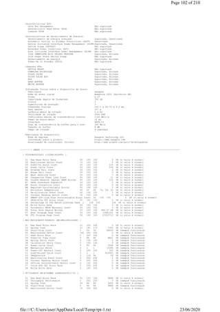 Características SSD:
Data Set Management Não suportado
Deterministic Read After TRIM Não suportado
Comando TRIM Não suportado
Características de Gerenciamento de Energia:
Gerenciamento de energia avançado Suportado, Desativado
Automatic Partial to Slumber Transitions (APST) Desativado
Device Initiated Interface Power Management (DIPM)Suportado, Desativado
Device Sleep (DEVSLP) Não suportado
Extended Power Conditions (EPC) Não suportado
Host Initiated Interface Power Management (HIPM) Não suportado
IDLE IMMEDIATE With UNLOAD FEATURE Suportado, Ativado
Link Power State Device Sleep Não suportado
Gerenciamento de energia Suportado, Ativado
Power-Up In Standby (PUIS) Não suportado
Comandos ATA:
DEVICE RESET Não suportado
DOWNLOAD MICROCODE Suportado, Ativado
FLUSH CACHE Suportado, Ativado
FLUSH CACHE EXT Suportado, Ativado
NOP Suportado, Ativado
READ BUFFER Suportado, Ativado
WRITE BUFFER Suportado, Ativado
Informação física sobre o dispositivo de disco:
Fabricante Seagate
Nome do disco rígido Momentus 5400 (SpinPoint M8)
Forma 2.5"
Capacidade depois de formatado 750 GB
Discos 2
Superfícies de gravação 3
Dimensões físicas 100.3 x 69.75 x 9.5 mm
Peso máximo 107 g
Latência média de rotação 5.6 ms
Velocidade de rotação 5400 RPM
Coeficiente máximo de transferência interna 1160 Mbit/s
Tempo de busca médio 12 ms
Interface SATA-II
Taxa de transferência do buffer para o host 300 Mb/s
Tamanho do buffer 8 MB
Tempo de rotação 4 segundos
Fabricante do dispositivo:
Nome da empresa Seagate Technology LLC
Informação sobre o produto https://www.seagate.com
Atualização de controlador (Driver) http://www.aida64.com/goto/?p=drvupdates
--------[ SMART ]-------------------------------------------------------------------------------------------------------
[ CT240BX500SSD1 (1938E19D3FF6) ]
01 Raw Read Error Rate 50 100 100 0 OK (o valor é normal)
05 Reallocated Sector Count 10 100 100 0 OK (o valor é normal)
09 Power-On Hours Count 50 100 100 105 OK (o valor é normal)
0C Power Cycle Count 50 100 100 239 OK (o valor é normal)
AB Program Fail Count 50 100 100 0 OK (o valor é normal)
AC Erase Fail Count 50 100 100 0 OK (o valor é normal)
AD Wear Leveling Count 50 100 100 7 OK (o valor é normal)
AE Unexpected Power Loss Count 50 100 100 31 OK (o valor é normal)
B4 Unused Reserve (Spare) NAND Blocks 50 100 100 100 OK (o valor é normal)
B7 SATA Interface Downshift 50 100 100 0 OK (o valor é normal)
B8 Error Correction Count 50 100 100 0 OK (o valor é normal)
BB Reported Uncorrectable Errors 50 100 100 0 OK (o valor é normal)
C2 Enclosure Temperature 50 55 28 72, 29, 45 OK (o valor é normal)
C4 Re-allocation Event Count 50 100 100 0 OK (o valor é normal)
C5 Current Pending Sector Count 50 100 100 0 OK (o valor é normal)
C6 SMART Off-line Scan Uncorrectable Error Count 50 100 100 0 OK (o valor é normal)
C7 SATA/PCIe CRC Error Count 50 100 100 0 OK (o valor é normal)
CA Percentage Of The Rated Lifetime Used 1 100 100 100 OK (o valor é normal)
CE Write Error Rate 50 100 100 0 OK (o valor é normal)
D2 Successful RAIN Recovery Count 50 100 100 0 OK (o valor é normal)
F6 Total Host Sector Writes 50 100 100 486.47 GB OK (o valor é normal)
F7 Host Program Page Count 50 100 100 31881322 OK (o valor é normal)
F8 FTL Program Page Count 50 100 100 27023712 OK (o valor é normal)
[ WDC WD5000BPVT-80HXZT3 (WD-WXL1E91CCSXF) ]
01 Raw Read Error Rate 51 200 200 2 OK (o valor é normal)
03 Spinup Time 21 181 173 1950 OK (o valor é normal)
04 Start/Stop Count 0 34 34 66639 OK (sempre funcionará)
05 Reallocated Sector Count 140 200 200 0 OK (o valor é normal)
07 Seek Error Rate 0 200 200 0 OK (sempre funcionará)
09 Power-On Time Count 0 88 88 8841 OK (sempre funcionará)
0A Spinup Retry Count 0 100 100 0 OK (sempre funcionará)
0B Calibration Retry Count 0 100 100 0 OK (sempre funcionará)
0C Power Cycle Count 0 95 95 5546 OK (sempre funcionará)
BF Mechanical Shock 0 1 1 13390 OK (sempre funcionará)
C0 Power-Off Retract Count 0 200 200 325 OK (sempre funcionará)
C1 Load/Unload Cycle Count 0 1 1 824931 OK (sempre funcionará)
C2 Temperature 0 118 94 29 OK (sempre funcionará)
C4 Reallocation Event Count 0 200 200 0 OK (sempre funcionará)
C5 Current Pending Sector Count 0 200 200 0 OK (sempre funcionará)
C6 Offline Uncorrectable Sector Count 0 100 253 0 OK (sempre funcionará)
C7 Ultra ATA CRC Error Rate 0 200 200 0 OK (sempre funcionará)
C8 Write Error Rate 0 100 253 0 OK (sempre funcionará)
[ ST750LM022 HN-M750MBB (S2W4J5DC901170) ]
01 Raw Read Error Rate 51 100 100 9468 OK (o valor é normal)
02 Throughput Performance 0 252 252 0 OK (sempre funcionará)
03 Spinup Time 25 89 89 3455 OK (o valor é normal)
04 Start/Stop Count 0 94 94 6880 OK (sempre funcionará)
05 Reallocated Sector Count 10 252 252 0 OK (o valor é normal)
Page 102 of 210
23/06/2020file:///C:/Users/user/AppData/Local/Temp/rpt-1.txt
 