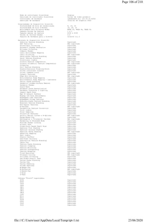 Nome do controlador DirectDraw display
Descrição do controlador DirectDraw Driver de vídeo primário
Controlador de hardware igdumdim32.dll (10.18.10.4252)
Descrição de hardware Intel(R) HD Graphics 4000
Propriedades do dispositivo Direct3D:
Profundidade de bits de renderização 8, 16, 32
Profundidade de bits Z-Buffer 16, 24, 32
Multisample Anti-Aliasing Modes MSAA 2x, MSAA 4x, MSAA 8x
Tamanho mínimo da textura 1 x 1
Tamanho máximo da textura 8192 x 8192
Versão do Unified Shader 5.0
Suporte de Hardware para o DirectX DirectX v11.0
Recursos do dispositivo Direct3D:
Additive Texture Blending Suportado
AGP Texturing Não suportado
Anisotropic Filtering Suportado
Automatic Mipmap Generation Suportado
Bilinear Filtering Suportado
Compute Shader Suportado
Cubic Environment Mapping Suportado
Cubic Filtering Não suportado
Decal-Alpha Texture Blending Suportado
Decal Texture Blending Suportado
Directional Lights Suportado
DirectX Texture Compression Não suportado
DirectX Volumetric Texture Compression Não suportado
Dithering Suportado
Dot3 Texture Blending Suportado
Double-Precision Floating-Point Suportado
Driver Concurrent Creates Suportado
Driver Command Lists Não suportado
Dynamic Textures Suportado
Edge Anti-Aliasing Não suportado
Environmental Bump Mapping Suportado
Environmental Bump Mapping + Luminance Suportado
Factor Alpha Blending Suportado
Geometric Hidden-Surface Removal Não suportado
Geometry Shader Suportado
Guard Band Suportado
Hardware Scene Rasterization Suportado
Hardware Transform & Lighting Suportado
Legacy Depth Bias Suportado
Map On Default Buffers Suportado
Mipmap LOD Bias Adjustments Suportado
Mipmapped Cube Textures Suportado
Mipmapped Volume Textures Suportado
Modulate-Alpha Texture Blending Suportado
Modulate Texture Blending Suportado
Non-Square Textures Suportado
N-Patches Não suportado
Perspective Texture Correction Suportado
Point Lights Suportado
Point Sampling Suportado
Projective Textures Suportado
Quintic Bezier Curves & B-Splines Não suportado
Range-Based Fog Suportado
Rectangular & Triangular Patches Não suportado
Rendering In Windowed Mode Suportado
Runtime Shader Linking Suportado
Scissor Test Suportado
Slope-Scale Based Depth Bias Suportado
Specular Flat Shading Suportado
Specular Gouraud Shading Suportado
Specular Phong Shading Não suportado
Spherical Mapping Suportado
Spot Lights Suportado
Stencil Buffers Suportado
Sub-Pixel Accuracy Suportado
Subtractive Texture Blending Suportado
Table Fog Suportado
Texture Alpha Blending Suportado
Texture Clamping Suportado
Texture Mirroring Suportado
Texture Transparency Suportado
Texture Wrapping Suportado
Tiled Resources Não suportado
Triangle Culling Não suportado
Trilinear Filtering Suportado
Two-Sided Stencil Test Suportado
Vertex Alpha Blending Suportado
Vertex Fog Suportado
Vertex Tweening Suportado
Volume Textures Suportado
W-Based Fog Suportado
W-Buffering Não suportado
Z-Based Fog Suportado
Z-Bias Suportado
Z-Test Suportado
Códigos "FourCC" suportados:
AI44 Suportado
AYUV Suportado
I420 Suportado
IA44 Suportado
IMC1 Suportado
IMC2 Suportado
IMC3 Suportado
IMC4 Suportado
IYUV Suportado
NV11 Suportado
NV12 Suportado
P208 Suportado
UYVY Suportado
VYUY Suportado
YUY2 Suportado
Page 106 of 210
23/06/2020file:///C:/Users/user/AppData/Local/Temp/rpt-1.txt
 