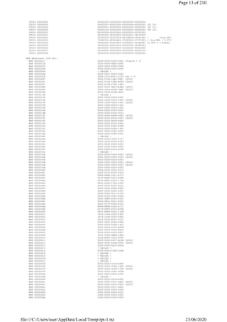 CPUID 0000000C 00000000-00000000-00000000-00000000
CPUID 0000000D 00000007-00000340-00000340-00000000 [SL 00]
CPUID 0000000D 00000001-00000000-00000000-00000000 [SL 01]
CPUID 0000000D 00000100-00000240-00000000-00000000 [SL 02]
CPUID 80000000 80000008-00000000-00000000-00000000
CPUID 80000001 00000000-00000000-00000001-28100000
CPUID 80000002 20202020-20202020-65746E49-2952286C [ Intel(R)]
CPUID 80000003 726F4320-4D542865-37692029-3737332D [ Core(TM) i7-377]
CPUID 80000004 50432030-20402055-30342E33-007A4847 [0 CPU @ 3.40GHz]
CPUID 80000005 00000000-00000000-00000000-00000000
CPUID 80000006 00000000-00000000-01006040-00000000
CPUID 80000007 00000000-00000000-00000000-00000100
CPUID 80000008 00003024-00000000-00000000-00000000
MSR Registers (CPU #0):
MSR 00000017 0004-0000-0000-0000 [PlatID = 1]
MSR 0000001B 0000-0000-FEE0-0D00
MSR 00000035 0000-0000-0004-0008
MSR 00000048 0000-0000-0000-0000
MSR 00000049 < FAILED >
MSR 0000008B 0000-0021-0000-0000
MSR 000000CE 0008-1010-E001-2200 [eD = 0]
MSR 000000E7 0000-0146-1AA2-D6E1 [S200]
MSR 000000E7 0000-0146-1FA6-8A2B [S200]
MSR 000000E7 0000-0146-2395-1DB3
MSR 000000E8 0000-00C6-9E22-E4A6 [S200]
MSR 000000E8 0000-00C6-A02E-3BBE [S200]
MSR 000000E8 0000-00C6-A20B-4E00
MSR 0000010B < FAILED >
MSR 00000194 0000-0000-0009-0000
MSR 00000198 0000-1D24-0000-1000 [S200]
MSR 00000198 0000-1D4D-0000-1000 [S200]
MSR 00000198 0000-1D4D-0000-1000
MSR 00000199 0000-0000-0000-1000
MSR 0000019A 0000-0000-0000-0000
MSR 0000019B 0000-0000-0000-0010
MSR 0000019C 0000-0000-883E-0000 [S200]
MSR 0000019C 0000-0000-883D-0000 [S200]
MSR 0000019C 0000-0000-883F-0000
MSR 0000019D 0000-0000-0000-0000
MSR 000001A0 0000-0000-0085-0089
MSR 000001A2 0000-0000-0069-1400
MSR 000001A4 0000-0000-0000-0000
MSR 000001AA 0000-0000-0040-0000
MSR 000001AC < FAILED >
MSR 000001AD 0000-0000-2526-2727
MSR 000001B0 0000-0000-0000-0006
MSR 000001B1 0000-0000-883F-0000
MSR 000001B2 0000-0000-0000-0000
MSR 000001FC 0000-0000-0014-005F
MSR 00000300 < FAILED >
MSR 0000030A 0000-0000-0000-0000 [S200]
MSR 0000030A 0000-0000-0000-0000 [S200]
MSR 0000030A 0000-0000-0000-0000
MSR 0000030B 0000-0000-0000-0000 [S200]
MSR 0000030B 0000-0000-0000-0000 [S200]
MSR 0000030B 0000-0000-0000-0000
MSR 00000480 00DA-0400-0000-0010
MSR 00000481 0000-007F-0000-0016
MSR 00000482 FFF9-FFFE-0401-E172
MSR 00000483 007F-FFFF-0003-6DFF
MSR 00000484 0000-FFFF-0000-11FF
MSR 00000485 0000-0000-1004-01E5
MSR 00000486 0000-0000-8000-0021
MSR 00000487 0000-0000-FFFF-FFFF
MSR 00000488 0000-0000-0000-2000
MSR 00000489 0000-0000-0017-67FF
MSR 0000048A 0000-0000-0000-002A
MSR 0000048B 0000-08FF-0000-0000
MSR 0000048C 0000-0F01-0611-4141
MSR 0000048D 0000-007F-0000-0016
MSR 0000048E FFF9-FFFE-0400-6172
MSR 0000048F 007F-FFFF-0003-6DFB
MSR 00000490 0000-FFFF-0000-11FB
MSR 00000601 1814-1494-0000-0960
MSR 00000602 1814-1494-0000-0960
MSR 00000603 0000-0000-802C-2C2C
MSR 00000604 0000-0000-8068-6868
MSR 00000606 0000-0000-000A-1003
MSR 0000060A 0000-0000-0000-883B
MSR 0000060B 0000-0000-0000-8850
MSR 0000060C 0000-0000-0000-8857
MSR 0000060D 0000-01E2-9AB8-34FA
MSR 00000610 001A-A580-001A-9F40
MSR 00000611 0000-0000-64C7-B23A [S200]
MSR 00000611 0000-0000-64CB-95FD [S200]
MSR 00000611 0000-0000-64CF-8F96
MSR 00000613 < FAILED >
MSR 00000614 000D-0000-01E0-0268
MSR 00000618 < FAILED >
MSR 00000619 < FAILED >
MSR 0000061B < FAILED >
MSR 0000061C < FAILED >
MSR 00000638 0000-0000-001A-A580
MSR 00000639 0000-0000-3246-1668 [S200]
MSR 00000639 0000-0000-3249-155E [S200]
MSR 00000639 0000-0000-324C-40DB
MSR 0000063A 0000-0000-0000-0000
MSR 0000063B < FAILED >
MSR 00000640 0000-0000-001A-A580
MSR 00000641 0000-0000-00CC-D692 [S200]
MSR 00000641 0000-0000-00CC-D9CF [S200]
MSR 00000641 0000-0000-00CC-DDD1
MSR 00000642 0000-0000-0000-0008
MSR 00000648 0000-0000-0000-0022
MSR 00000649 01E0-0000-0000-0000
MSR 0000064A 01E0-0000-0000-0000
Page 13 of 210
23/06/2020file:///C:/Users/user/AppData/Local/Temp/rpt-1.txt
 