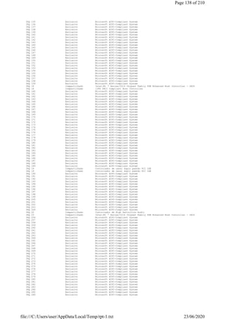 IRQ 135 Exclusivo Microsoft ACPI-Compliant System
IRQ 136 Exclusivo Microsoft ACPI-Compliant System
IRQ 137 Exclusivo Microsoft ACPI-Compliant System
IRQ 138 Exclusivo Microsoft ACPI-Compliant System
IRQ 139 Exclusivo Microsoft ACPI-Compliant System
IRQ 140 Exclusivo Microsoft ACPI-Compliant System
IRQ 141 Exclusivo Microsoft ACPI-Compliant System
IRQ 142 Exclusivo Microsoft ACPI-Compliant System
IRQ 143 Exclusivo Microsoft ACPI-Compliant System
IRQ 144 Exclusivo Microsoft ACPI-Compliant System
IRQ 145 Exclusivo Microsoft ACPI-Compliant System
IRQ 146 Exclusivo Microsoft ACPI-Compliant System
IRQ 147 Exclusivo Microsoft ACPI-Compliant System
IRQ 148 Exclusivo Microsoft ACPI-Compliant System
IRQ 149 Exclusivo Microsoft ACPI-Compliant System
IRQ 150 Exclusivo Microsoft ACPI-Compliant System
IRQ 151 Exclusivo Microsoft ACPI-Compliant System
IRQ 152 Exclusivo Microsoft ACPI-Compliant System
IRQ 153 Exclusivo Microsoft ACPI-Compliant System
IRQ 154 Exclusivo Microsoft ACPI-Compliant System
IRQ 155 Exclusivo Microsoft ACPI-Compliant System
IRQ 156 Exclusivo Microsoft ACPI-Compliant System
IRQ 157 Exclusivo Microsoft ACPI-Compliant System
IRQ 158 Exclusivo Microsoft ACPI-Compliant System
IRQ 159 Exclusivo Microsoft ACPI-Compliant System
IRQ 16 Compartilhado Intel(R) 7 Series/C216 Chipset Family USB Enhanced Host Controller - 1E2D
IRQ 16 Compartilhado 1394 OHCI Compliant Host Controller
IRQ 160 Exclusivo Microsoft ACPI-Compliant System
IRQ 161 Exclusivo Microsoft ACPI-Compliant System
IRQ 162 Exclusivo Microsoft ACPI-Compliant System
IRQ 163 Exclusivo Microsoft ACPI-Compliant System
IRQ 164 Exclusivo Microsoft ACPI-Compliant System
IRQ 165 Exclusivo Microsoft ACPI-Compliant System
IRQ 166 Exclusivo Microsoft ACPI-Compliant System
IRQ 167 Exclusivo Microsoft ACPI-Compliant System
IRQ 168 Exclusivo Microsoft ACPI-Compliant System
IRQ 169 Exclusivo Microsoft ACPI-Compliant System
IRQ 170 Exclusivo Microsoft ACPI-Compliant System
IRQ 171 Exclusivo Microsoft ACPI-Compliant System
IRQ 172 Exclusivo Microsoft ACPI-Compliant System
IRQ 173 Exclusivo Microsoft ACPI-Compliant System
IRQ 174 Exclusivo Microsoft ACPI-Compliant System
IRQ 175 Exclusivo Microsoft ACPI-Compliant System
IRQ 176 Exclusivo Microsoft ACPI-Compliant System
IRQ 177 Exclusivo Microsoft ACPI-Compliant System
IRQ 178 Exclusivo Microsoft ACPI-Compliant System
IRQ 179 Exclusivo Microsoft ACPI-Compliant System
IRQ 180 Exclusivo Microsoft ACPI-Compliant System
IRQ 181 Exclusivo Microsoft ACPI-Compliant System
IRQ 182 Exclusivo Microsoft ACPI-Compliant System
IRQ 183 Exclusivo Microsoft ACPI-Compliant System
IRQ 184 Exclusivo Microsoft ACPI-Compliant System
IRQ 185 Exclusivo Microsoft ACPI-Compliant System
IRQ 186 Exclusivo Microsoft ACPI-Compliant System
IRQ 187 Exclusivo Microsoft ACPI-Compliant System
IRQ 188 Exclusivo Microsoft ACPI-Compliant System
IRQ 189 Exclusivo Microsoft ACPI-Compliant System
IRQ 19 Compartilhado Controlador de canal duplo padrão PCI IDE
IRQ 19 Compartilhado Controlador de canal duplo padrão PCI IDE
IRQ 190 Exclusivo Microsoft ACPI-Compliant System
IRQ 191 Exclusivo Microsoft ACPI-Compliant System
IRQ 192 Exclusivo Microsoft ACPI-Compliant System
IRQ 193 Exclusivo Microsoft ACPI-Compliant System
IRQ 194 Exclusivo Microsoft ACPI-Compliant System
IRQ 195 Exclusivo Microsoft ACPI-Compliant System
IRQ 196 Exclusivo Microsoft ACPI-Compliant System
IRQ 197 Exclusivo Microsoft ACPI-Compliant System
IRQ 198 Exclusivo Microsoft ACPI-Compliant System
IRQ 199 Exclusivo Microsoft ACPI-Compliant System
IRQ 200 Exclusivo Microsoft ACPI-Compliant System
IRQ 201 Exclusivo Microsoft ACPI-Compliant System
IRQ 202 Exclusivo Microsoft ACPI-Compliant System
IRQ 203 Exclusivo Microsoft ACPI-Compliant System
IRQ 204 Exclusivo Microsoft ACPI-Compliant System
IRQ 22 Compartilhado Controlador de High Definition Audio
IRQ 23 Compartilhado Intel(R) 7 Series/C216 Chipset Family USB Enhanced Host Controller - 1E26
IRQ 256 Exclusivo Microsoft ACPI-Compliant System
IRQ 257 Exclusivo Microsoft ACPI-Compliant System
IRQ 258 Exclusivo Microsoft ACPI-Compliant System
IRQ 259 Exclusivo Microsoft ACPI-Compliant System
IRQ 260 Exclusivo Microsoft ACPI-Compliant System
IRQ 261 Exclusivo Microsoft ACPI-Compliant System
IRQ 262 Exclusivo Microsoft ACPI-Compliant System
IRQ 263 Exclusivo Microsoft ACPI-Compliant System
IRQ 264 Exclusivo Microsoft ACPI-Compliant System
IRQ 265 Exclusivo Microsoft ACPI-Compliant System
IRQ 266 Exclusivo Microsoft ACPI-Compliant System
IRQ 267 Exclusivo Microsoft ACPI-Compliant System
IRQ 268 Exclusivo Microsoft ACPI-Compliant System
IRQ 269 Exclusivo Microsoft ACPI-Compliant System
IRQ 270 Exclusivo Microsoft ACPI-Compliant System
IRQ 271 Exclusivo Microsoft ACPI-Compliant System
IRQ 272 Exclusivo Microsoft ACPI-Compliant System
IRQ 273 Exclusivo Microsoft ACPI-Compliant System
IRQ 274 Exclusivo Microsoft ACPI-Compliant System
IRQ 275 Exclusivo Microsoft ACPI-Compliant System
IRQ 276 Exclusivo Microsoft ACPI-Compliant System
IRQ 277 Exclusivo Microsoft ACPI-Compliant System
IRQ 278 Exclusivo Microsoft ACPI-Compliant System
IRQ 279 Exclusivo Microsoft ACPI-Compliant System
IRQ 280 Exclusivo Microsoft ACPI-Compliant System
IRQ 281 Exclusivo Microsoft ACPI-Compliant System
IRQ 282 Exclusivo Microsoft ACPI-Compliant System
IRQ 283 Exclusivo Microsoft ACPI-Compliant System
IRQ 284 Exclusivo Microsoft ACPI-Compliant System
IRQ 285 Exclusivo Microsoft ACPI-Compliant System
IRQ 286 Exclusivo Microsoft ACPI-Compliant System
Page 138 of 210
23/06/2020file:///C:/Users/user/AppData/Local/Temp/rpt-1.txt
 