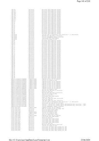 IRQ 501 Exclusivo Microsoft ACPI-Compliant System
IRQ 502 Exclusivo Microsoft ACPI-Compliant System
IRQ 503 Exclusivo Microsoft ACPI-Compliant System
IRQ 504 Exclusivo Microsoft ACPI-Compliant System
IRQ 505 Exclusivo Microsoft ACPI-Compliant System
IRQ 506 Exclusivo Microsoft ACPI-Compliant System
IRQ 507 Exclusivo Microsoft ACPI-Compliant System
IRQ 508 Exclusivo Microsoft ACPI-Compliant System
IRQ 509 Exclusivo Microsoft ACPI-Compliant System
IRQ 510 Exclusivo Microsoft ACPI-Compliant System
IRQ 511 Exclusivo Microsoft ACPI-Compliant System
IRQ 55 Exclusivo Microsoft ACPI-Compliant System
IRQ 56 Exclusivo Microsoft ACPI-Compliant System
IRQ 57 Exclusivo Microsoft ACPI-Compliant System
IRQ 58 Exclusivo Microsoft ACPI-Compliant System
IRQ 59 Exclusivo Microsoft ACPI-Compliant System
IRQ 60 Exclusivo Microsoft ACPI-Compliant System
IRQ 61 Exclusivo Microsoft ACPI-Compliant System
IRQ 62 Exclusivo Microsoft ACPI-Compliant System
IRQ 63 Exclusivo Microsoft ACPI-Compliant System
IRQ 64 Exclusivo Microsoft ACPI-Compliant System
IRQ 65 Exclusivo Microsoft ACPI-Compliant System
IRQ 65536 Exclusivo Intel(R) USB 3.0 eXtensible Host Controller - 1.0 (Microsoft)
IRQ 65536 Exclusivo Realtek PCIe GbE Family Controller
IRQ 65536 Exclusivo Intel(R) Management Engine Interface
IRQ 65536 Exclusivo Controlador AHCI SATA Padrão
IRQ 65536 Exclusivo Intel(R) HD Graphics 4000
IRQ 66 Exclusivo Microsoft ACPI-Compliant System
IRQ 67 Exclusivo Microsoft ACPI-Compliant System
IRQ 68 Exclusivo Microsoft ACPI-Compliant System
IRQ 69 Exclusivo Microsoft ACPI-Compliant System
IRQ 70 Exclusivo Microsoft ACPI-Compliant System
IRQ 71 Exclusivo Microsoft ACPI-Compliant System
IRQ 72 Exclusivo Microsoft ACPI-Compliant System
IRQ 73 Exclusivo Microsoft ACPI-Compliant System
IRQ 74 Exclusivo Microsoft ACPI-Compliant System
IRQ 75 Exclusivo Microsoft ACPI-Compliant System
IRQ 76 Exclusivo Microsoft ACPI-Compliant System
IRQ 77 Exclusivo Microsoft ACPI-Compliant System
IRQ 78 Exclusivo Microsoft ACPI-Compliant System
IRQ 79 Exclusivo Microsoft ACPI-Compliant System
IRQ 80 Exclusivo Microsoft ACPI-Compliant System
IRQ 81 Exclusivo Microsoft ACPI-Compliant System
IRQ 82 Exclusivo Microsoft ACPI-Compliant System
IRQ 83 Exclusivo Microsoft ACPI-Compliant System
IRQ 84 Exclusivo Microsoft ACPI-Compliant System
IRQ 85 Exclusivo Microsoft ACPI-Compliant System
IRQ 86 Exclusivo Microsoft ACPI-Compliant System
IRQ 87 Exclusivo Microsoft ACPI-Compliant System
IRQ 88 Exclusivo Microsoft ACPI-Compliant System
IRQ 89 Exclusivo Microsoft ACPI-Compliant System
IRQ 90 Exclusivo Microsoft ACPI-Compliant System
IRQ 91 Exclusivo Microsoft ACPI-Compliant System
IRQ 92 Exclusivo Microsoft ACPI-Compliant System
IRQ 93 Exclusivo Microsoft ACPI-Compliant System
IRQ 94 Exclusivo Microsoft ACPI-Compliant System
IRQ 95 Exclusivo Microsoft ACPI-Compliant System
IRQ 96 Exclusivo Microsoft ACPI-Compliant System
IRQ 97 Exclusivo Microsoft ACPI-Compliant System
IRQ 98 Exclusivo Microsoft ACPI-Compliant System
IRQ 99 Exclusivo Microsoft ACPI-Compliant System
Memória 000A0000-000BFFFF Compartilhado Complexo da Raiz de PCI Express
Memória 000A0000-000BFFFF Compartilhado Intel(R) HD Graphics 4000
Memória 000D0000-000D3FFF Compartilhado Complexo da Raiz de PCI Express
Memória 000D4000-000D7FFF Compartilhado Complexo da Raiz de PCI Express
Memória 000D8000-000DBFFF Compartilhado Complexo da Raiz de PCI Express
Memória 000DC000-000DFFFF Compartilhado Complexo da Raiz de PCI Express
Memória 000E0000-000E3FFF Compartilhado Complexo da Raiz de PCI Express
Memória 000E4000-000E7FFF Compartilhado Complexo da Raiz de PCI Express
Memória DFA00000-FEAFFFFF Compartilhado Complexo da Raiz de PCI Express
Memória E0000000-EFFFFFFF Exclusivo Intel(R) HD Graphics 4000
Memória F0000000-F0003FFF Exclusivo Realtek PCIe GbE Family Controller
Memória F0000000-F00FFFFF Exclusivo Ponte PCI para PCI
Memória F0004000-F0004FFF Exclusivo Realtek PCIe GbE Family Controller
Memória F7800000-F7BFFFFF Exclusivo Intel(R) HD Graphics 4000
Memória F7C00000-F7CFFFFF Exclusivo Ponte PCI para PCI
Memória F7C10000-F7C101FF Exclusivo Controlador AHCI SATA Padrão
Memória F7D00000-F7DFFFFF Exclusivo Ponte PCI para PCI
Memória F7E00000-F7E000FF Exclusivo 1394 OHCI Compliant Host Controller
Memória F7E00000-F7EFFFFF Exclusivo Ponte PCI para PCI
Memória F7E01000-F7E017FF Exclusivo 1394 OHCI Compliant Host Controller
Memória F7F00000-F7F0FFFF Exclusivo Intel(R) USB 3.0 eXtensible Host Controller - 1.0 (Microsoft)
Memória F7F10000-F7F13FFF Exclusivo Controlador de High Definition Audio
Memória F7F16000-F7F163FF Exclusivo Intel(R) 7 Series/C216 Chipset Family USB Enhanced Host Controller - 1E26
Memória F7F17000-F7F173FF Exclusivo Intel(R) 7 Series/C216 Chipset Family USB Enhanced Host Controller - 1E2D
Memória F7F18000-F7F1800F Exclusivo Intel(R) Management Engine Interface
Porta 0000-0CF7 Compartilhado Complexo da Raiz de PCI Express
Porta 0070-0077 Exclusivo CMOS do sistema/relógio em tempo real
Porta 02F8-02FF Exclusivo Porta de comunicação (COM2)
Porta 0378-037F Exclusivo Porta de Impressora (LPT1)
Porta 03B0-03BB Compartilhado Intel(R) HD Graphics 4000
Porta 03C0-03DF Compartilhado Intel(R) HD Graphics 4000
Porta 03F8-03FF Exclusivo Porta de comunicação (COM1)
Porta 0D00-FFFF Compartilhado Complexo da Raiz de PCI Express
Porta D000-D00F Exclusivo Controlador AHCI SATA Padrão
Porta D000-DFFF Exclusivo Ponte PCI para PCI
Porta D010-D013 Exclusivo Controlador AHCI SATA Padrão
Porta D020-D027 Exclusivo Controlador AHCI SATA Padrão
Porta D030-D033 Exclusivo Controlador AHCI SATA Padrão
Porta D040-D047 Exclusivo Controlador AHCI SATA Padrão
Porta E000-EFFF Exclusivo Ponte PCI para PCI
Porta E300-E3FF Exclusivo Realtek PCIe GbE Family Controller
Porta F000-F03F Exclusivo Intel(R) HD Graphics 4000
Porta F060-F06F Exclusivo Controlador de canal duplo padrão PCI IDE
Porta F070-F07F Exclusivo Controlador de canal duplo padrão PCI IDE
Porta F080-F083 Exclusivo Controlador de canal duplo padrão PCI IDE
Porta F090-F097 Exclusivo Controlador de canal duplo padrão PCI IDE
Page 141 of 210
23/06/2020file:///C:/Users/user/AppData/Local/Temp/rpt-1.txt
 