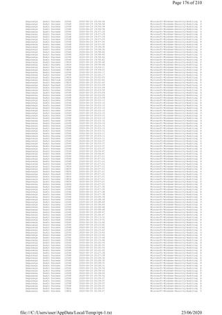 Segurança Audit Success 12544 2020-06-19 19:56:56 Microsoft-Windows-Security-Auditing 4624: O logon de
Segurança Audit Success 12548 2020-06-19 19:56:56 Microsoft-Windows-Security-Auditing 4672: Privilégios
Segurança Audit Success 12548 2020-06-19 19:56:56 Microsoft-Windows-Security-Auditing 4672: Privilégios
Segurança Audit Success 12548 2020-06-19 19:56:56 Microsoft-Windows-Security-Auditing 4672: Privilégios
Segurança Audit Success 12544 2020-06-19 19:57:29 Microsoft-Windows-Security-Auditing 4624: O logon de
Segurança Audit Success 12544 2020-06-19 19:57:29 Microsoft-Windows-Security-Auditing 4624: O logon de
Segurança Audit Success 12548 2020-06-19 19:57:29 Microsoft-Windows-Security-Auditing 4672: Privilégios
Segurança Audit Success 12548 2020-06-19 19:57:29 Microsoft-Windows-Security-Auditing 4672: Privilégios
Segurança Audit Success 12544 2020-06-19 19:57:55 Microsoft-Windows-Security-Auditing 4624: O logon de
Segurança Audit Success 12548 2020-06-19 19:57:55 Microsoft-Windows-Security-Auditing 4672: Privilégios
Segurança Audit Success 12544 2020-06-19 19:58:30 Microsoft-Windows-Security-Auditing 4624: O logon de
Segurança Audit Success 12548 2020-06-19 19:58:30 Microsoft-Windows-Security-Auditing 4672: Privilégios
Segurança Audit Success 12544 2020-06-19 19:58:40 Microsoft-Windows-Security-Auditing 4624: O logon de
Segurança Audit Success 12548 2020-06-19 19:58:40 Microsoft-Windows-Security-Auditing 4672: Privilégios
Segurança Audit Success 12544 2020-06-19 19:58:42 Microsoft-Windows-Security-Auditing 4624: O logon de
Segurança Audit Success 12548 2020-06-19 19:58:42 Microsoft-Windows-Security-Auditing 4672: Privilégios
Segurança Audit Success 13826 2020-06-19 19:58:46 Microsoft-Windows-Security-Auditing 4799: A associaçã
Segurança Audit Success 13826 2020-06-19 19:58:46 Microsoft-Windows-Security-Auditing 4799: A associaçã
Segurança Audit Failure 12544 2020-06-19 19:59:21 Microsoft-Windows-Security-Auditing 4625: Falha no lo
Segurança Audit Success 13824 2020-06-19 19:59:21 Microsoft-Windows-Security-Auditing 4798: A associaçã
Segurança Audit Success 12544 2020-06-19 20:00:17 Microsoft-Windows-Security-Auditing 4624: O logon de
Segurança Audit Success 12548 2020-06-19 20:00:17 Microsoft-Windows-Security-Auditing 4672: Privilégios
Segurança Audit Success 13824 2020-06-19 20:02:03 Microsoft-Windows-Security-Auditing 5381: As credenci
Segurança Audit Failure 12544 2020-06-19 20:02:43 Microsoft-Windows-Security-Auditing 4625: Falha no lo
Segurança Audit Success 13824 2020-06-19 20:02:43 Microsoft-Windows-Security-Auditing 4798: A associaçã
Segurança Audit Success 12544 2020-06-19 20:03:09 Microsoft-Windows-Security-Auditing 4624: O logon de
Segurança Audit Success 12544 2020-06-19 20:03:09 Microsoft-Windows-Security-Auditing 4624: O logon de
Segurança Audit Success 12544 2020-06-19 20:03:09 Microsoft-Windows-Security-Auditing 4624: O logon de
Segurança Audit Success 12548 2020-06-19 20:03:09 Microsoft-Windows-Security-Auditing 4672: Privilégios
Segurança Audit Success 12548 2020-06-19 20:03:09 Microsoft-Windows-Security-Auditing 4672: Privilégios
Segurança Audit Success 12548 2020-06-19 20:03:09 Microsoft-Windows-Security-Auditing 4672: Privilégios
Segurança Audit Success 12544 2020-06-19 20:03:10 Microsoft-Windows-Security-Auditing 4624: O logon de
Segurança Audit Success 12544 2020-06-19 20:03:10 Microsoft-Windows-Security-Auditing 4624: O logon de
Segurança Audit Success 12544 2020-06-19 20:03:10 Microsoft-Windows-Security-Auditing 4624: O logon de
Segurança Audit Success 12544 2020-06-19 20:03:10 Microsoft-Windows-Security-Auditing 4624: O logon de
Segurança Audit Success 12544 2020-06-19 20:03:10 Microsoft-Windows-Security-Auditing 4624: O logon de
Segurança Audit Success 12544 2020-06-19 20:03:10 Microsoft-Windows-Security-Auditing 4624: O logon de
Segurança Audit Success 12548 2020-06-19 20:03:10 Microsoft-Windows-Security-Auditing 4672: Privilégios
Segurança Audit Success 12548 2020-06-19 20:03:10 Microsoft-Windows-Security-Auditing 4672: Privilégios
Segurança Audit Success 12548 2020-06-19 20:03:10 Microsoft-Windows-Security-Auditing 4672: Privilégios
Segurança Audit Success 12548 2020-06-19 20:03:10 Microsoft-Windows-Security-Auditing 4672: Privilégios
Segurança Audit Success 12548 2020-06-19 20:03:10 Microsoft-Windows-Security-Auditing 4672: Privilégios
Segurança Audit Success 12548 2020-06-19 20:03:10 Microsoft-Windows-Security-Auditing 4672: Privilégios
Segurança Audit Success 12544 2020-06-19 20:03:11 Microsoft-Windows-Security-Auditing 4624: O logon de
Segurança Audit Success 12544 2020-06-19 20:03:11 Microsoft-Windows-Security-Auditing 4624: O logon de
Segurança Audit Success 12548 2020-06-19 20:03:11 Microsoft-Windows-Security-Auditing 4672: Privilégios
Segurança Audit Success 12548 2020-06-19 20:03:11 Microsoft-Windows-Security-Auditing 4672: Privilégios
Segurança Audit Success 12544 2020-06-19 20:03:37 Microsoft-Windows-Security-Auditing 4624: O logon de
Segurança Audit Success 12544 2020-06-19 20:03:37 Microsoft-Windows-Security-Auditing 4624: O logon de
Segurança Audit Success 12548 2020-06-19 20:03:37 Microsoft-Windows-Security-Auditing 4672: Privilégios
Segurança Audit Success 12548 2020-06-19 20:03:37 Microsoft-Windows-Security-Auditing 4672: Privilégios
Segurança Audit Success 12544 2020-06-19 20:06:47 Microsoft-Windows-Security-Auditing 4624: O logon de
Segurança Audit Success 12548 2020-06-19 20:06:47 Microsoft-Windows-Security-Auditing 4672: Privilégios
Segurança Audit Success 12544 2020-06-19 20:07:21 Microsoft-Windows-Security-Auditing 4624: O logon de
Segurança Audit Success 12544 2020-06-19 20:07:21 Microsoft-Windows-Security-Auditing 4624: O logon de
Segurança Audit Success 12548 2020-06-19 20:07:21 Microsoft-Windows-Security-Auditing 4672: Privilégios
Segurança Audit Success 12548 2020-06-19 20:07:21 Microsoft-Windows-Security-Auditing 4672: Privilégios
Segurança Audit Success 13826 2020-06-19 20:07:21 Microsoft-Windows-Security-Auditing 4799: A associaçã
Segurança Audit Success 13826 2020-06-19 20:07:21 Microsoft-Windows-Security-Auditing 4799: A associaçã
Segurança Audit Success 13826 2020-06-19 20:07:21 Microsoft-Windows-Security-Auditing 4799: A associaçã
Segurança Audit Success 13826 2020-06-19 20:07:21 Microsoft-Windows-Security-Auditing 4799: A associaçã
Segurança Audit Success 13826 2020-06-19 20:07:21 Microsoft-Windows-Security-Auditing 4799: A associaçã
Segurança Audit Success 13826 2020-06-19 20:07:21 Microsoft-Windows-Security-Auditing 4799: A associaçã
Segurança Audit Success 13826 2020-06-19 20:07:21 Microsoft-Windows-Security-Auditing 4799: A associaçã
Segurança Audit Success 13826 2020-06-19 20:07:21 Microsoft-Windows-Security-Auditing 4799: A associaçã
Segurança Audit Success 12544 2020-06-19 20:07:35 Microsoft-Windows-Security-Auditing 4624: O logon de
Segurança Audit Success 12548 2020-06-19 20:07:35 Microsoft-Windows-Security-Auditing 4672: Privilégios
Segurança Audit Success 12544 2020-06-19 20:07:38 Microsoft-Windows-Security-Auditing 4624: O logon de
Segurança Audit Success 12548 2020-06-19 20:07:38 Microsoft-Windows-Security-Auditing 4672: Privilégios
Segurança Audit Success 12544 2020-06-19 20:08:39 Microsoft-Windows-Security-Auditing 4624: O logon de
Segurança Audit Success 12548 2020-06-19 20:08:39 Microsoft-Windows-Security-Auditing 4672: Privilégios
Segurança Audit Success 12544 2020-06-19 20:08:45 Microsoft-Windows-Security-Auditing 4624: O logon de
Segurança Audit Success 12548 2020-06-19 20:08:45 Microsoft-Windows-Security-Auditing 4672: Privilégios
Segurança Audit Success 12544 2020-06-19 20:08:46 Microsoft-Windows-Security-Auditing 4624: O logon de
Segurança Audit Success 12548 2020-06-19 20:08:46 Microsoft-Windows-Security-Auditing 4672: Privilégios
Segurança Audit Success 12544 2020-06-19 20:08:47 Microsoft-Windows-Security-Auditing 4624: O logon de
Segurança Audit Success 12548 2020-06-19 20:08:47 Microsoft-Windows-Security-Auditing 4672: Privilégios
Segurança Audit Success 12544 2020-06-19 20:13:31 Microsoft-Windows-Security-Auditing 4624: O logon de
Segurança Audit Success 12548 2020-06-19 20:13:31 Microsoft-Windows-Security-Auditing 4672: Privilégios
Segurança Audit Success 12544 2020-06-19 20:15:42 Microsoft-Windows-Security-Auditing 4624: O logon de
Segurança Audit Success 12544 2020-06-19 20:15:42 Microsoft-Windows-Security-Auditing 4624: O logon de
Segurança Audit Success 12548 2020-06-19 20:15:42 Microsoft-Windows-Security-Auditing 4672: Privilégios
Segurança Audit Success 12548 2020-06-19 20:15:42 Microsoft-Windows-Security-Auditing 4672: Privilégios
Segurança Audit Success 12544 2020-06-19 20:15:43 Microsoft-Windows-Security-Auditing 4624: O logon de
Segurança Audit Success 12548 2020-06-19 20:15:43 Microsoft-Windows-Security-Auditing 4672: Privilégios
Segurança Audit Success 12544 2020-06-19 20:15:46 Microsoft-Windows-Security-Auditing 4624: O logon de
Segurança Audit Success 12548 2020-06-19 20:15:46 Microsoft-Windows-Security-Auditing 4672: Privilégios
Segurança Audit Success 12544 2020-06-19 20:20:55 Microsoft-Windows-Security-Auditing 4624: O logon de
Segurança Audit Success 12544 2020-06-19 20:20:55 Microsoft-Windows-Security-Auditing 4624: O logon de
Segurança Audit Success 12548 2020-06-19 20:20:55 Microsoft-Windows-Security-Auditing 4672: Privilégios
Segurança Audit Success 12548 2020-06-19 20:20:55 Microsoft-Windows-Security-Auditing 4672: Privilégios
Segurança Audit Success 12544 2020-06-19 20:27:39 Microsoft-Windows-Security-Auditing 4624: O logon de
Segurança Audit Success 12548 2020-06-19 20:27:39 Microsoft-Windows-Security-Auditing 4672: Privilégios
Segurança Audit Success 12544 2020-06-19 20:28:30 Microsoft-Windows-Security-Auditing 4624: O logon de
Segurança Audit Success 12548 2020-06-19 20:28:30 Microsoft-Windows-Security-Auditing 4672: Privilégios
Segurança Audit Success 12544 2020-06-19 20:28:31 Microsoft-Windows-Security-Auditing 4624: O logon de
Segurança Audit Success 12548 2020-06-19 20:28:31 Microsoft-Windows-Security-Auditing 4672: Privilégios
Segurança Audit Success 12544 2020-06-19 20:39:52 Microsoft-Windows-Security-Auditing 4624: O logon de
Segurança Audit Success 12544 2020-06-19 20:39:52 Microsoft-Windows-Security-Auditing 4624: O logon de
Segurança Audit Success 12548 2020-06-19 20:39:52 Microsoft-Windows-Security-Auditing 4672: Privilégios
Segurança Audit Success 12548 2020-06-19 20:39:52 Microsoft-Windows-Security-Auditing 4672: Privilégios
Segurança Audit Success 12544 2020-06-19 20:39:57 Microsoft-Windows-Security-Auditing 4624: O logon de
Segurança Audit Success 12544 2020-06-19 20:39:57 Microsoft-Windows-Security-Auditing 4624: O logon de
Segurança Audit Success 12548 2020-06-19 20:39:57 Microsoft-Windows-Security-Auditing 4672: Privilégios
Segurança Audit Success 12548 2020-06-19 20:39:57 Microsoft-Windows-Security-Auditing 4672: Privilégios
Segurança Audit Success 13824 2020-06-19 20:39:57 Microsoft-Windows-Security-Auditing 5379: As credenci
Segurança Audit Success 13824 2020-06-19 20:39:57 Microsoft-Windows-Security-Auditing 5379: As credenci
Page 176 of 210
23/06/2020file:///C:/Users/user/AppData/Local/Temp/rpt-1.txt
 