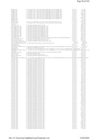 msedge.exe C:Program Files (x86)MicrosoftEdgeApplicationmsedge.exe 64 bits 167 MB 126 KB
msedge.exe C:Program Files (x86)MicrosoftEdgeApplicationmsedge.exe 64 bits 35292 KB 14 KB
msedge.exe C:Program Files (x86)MicrosoftEdgeApplicationmsedge.exe 64 bits 677 MB 610 KB
msedge.exe C:Program Files (x86)MicrosoftEdgeApplicationmsedge.exe 64 bits 18252 KB 6 KB
msedge.exe C:Program Files (x86)MicrosoftEdgeApplicationmsedge.exe 64 bits 30008 KB 11 KB
msedge.exe C:Program Files (x86)MicrosoftEdgeApplicationmsedge.exe 64 bits 6868 KB 1 KB
msedge.exe C:Program Files (x86)MicrosoftEdgeApplicationmsedge.exe 64 bits 132 MB 131 KB
msedge.exe C:Program Files (x86)MicrosoftEdgeApplicationmsedge.exe 64 bits 21344 KB 10 KB
msedge.exe C:Program Files (x86)MicrosoftEdgeApplicationmsedge.exe 64 bits 34472 KB 14 KB
MsMpEng.exe 64 bits 161 MB 179 KB
NisSrv.exe 64 bits 9208 KB 4 KB
OneDrive.exe C:UsersuserAppDataLocalMicrosoftOneDriveOneDrive.exe 32 bits 41992 KB 29 KB
OUTLOOK.EXE C:Program Files (x86)Microsoft OfficeOffice15OUTLOOK.EXE 32 bits 134 MB 49 KB
Registry 64 bits 42448 KB 5 KB
rundll32.exe C:WindowsSystem32rundll32.exe 64 bits 9832 KB 2 KB
RuntimeBroker.exe C:WindowsSystem32RuntimeBroker.exe 64 bits 23460 KB 5 KB
RuntimeBroker.exe C:WindowsSystem32RuntimeBroker.exe 64 bits 19396 KB 3 KB
RuntimeBroker.exe C:WindowsSystem32RuntimeBroker.exe 64 bits 36044 KB 10 KB
RuntimeBroker.exe C:WindowsSystem32RuntimeBroker.exe 64 bits 14272 KB 2 KB
RuntimeBroker.exe C:WindowsSystem32RuntimeBroker.exe 64 bits 21488 KB 3 KB
RuntimeBroker.exe C:WindowsSystem32RuntimeBroker.exe 64 bits 17336 KB 4 KB
RuntimeBroker.exe C:WindowsSystem32RuntimeBroker.exe 64 bits 7612 KB 1 KB
RuntimeBroker.exe C:WindowsSystem32RuntimeBroker.exe 64 bits 16636 KB 2 KB
RuntimeBroker.exe C:WindowsSystem32RuntimeBroker.exe 64 bits 8832 KB 1 KB
RuntimeBroker.exe C:WindowsSystem32RuntimeBroker.exe 64 bits 8692 KB 1 KB
SearchApp.exe C:WindowsSystemAppsMicrosoft.Windows.Search_cw5n1h2txyewySearchApp.exe 64 bits 81428 KB 96 KB
SearchFilterHost.exe C:Windowssystem32SearchFilterHost.exe 64 bits 10004 KB 2 KB
SearchIndexer.exe C:Windowssystem32SearchIndexer.exe 64 bits 48780 KB 32 KB
SearchProtocolHost.exe C:WindowsSysWOW64SearchProtocolHost.exe 32 bits 6576 KB 8 KB
SecurityHealthService.exe 64 bits 13944 KB 3 KB
SecurityHealthSystray.exe C:WindowsSystem32SecurityHealthSystray.exe 64 bits 8940 KB 1 KB
services.exe 64 bits 9048 KB 5 KB
SgrmBroker.exe 64 bits 7080 KB 4 KB
ShellExperienceHost.exe C:WindowsSystemAppsShellExperienceHost_cw5n1h2txyewyShellExperienceHost.exe 64 bits 44868 KB 15 KB
sihost.exe C:Windowssystem32sihost.exe 64 bits 24652 KB 6 KB
SkypeApp.exe C:Program FilesWindowsAppsMicrosoft.SkypeApp_14.56.102.0_x64__kzf8qxf38zg5cSkypeApp.exe 64 bits 4768 KB
SkypeBackgroundHost.exe C:Program FilesWindowsAppsMicrosoft.SkypeApp_14.56.102.0_x64__kzf8qxf38zg5cSkypeBackgroundHost.exe 64 bits 311
smss.exe 64 bits 968 KB 1 KB
SpeechRuntime.exe C:WindowsSystem32Speech_OneCoreCommonSpeechRuntime.exe 64 bits 17132 KB 5 KB
splwow64.exe C:Windowssplwow64.exe 64 bits 11368 KB 2 KB
spoolsv.exe C:WindowsSystem32spoolsv.exe 64 bits 12524 KB 5 KB
SppExtComObj.Exe C:Windowssystem32SppExtComObj.exe 64 bits 8868 KB 1 KB
sppsvc.exe 64 bits 17896 KB 7 KB
StartMenuExperienceHost.exe C:WindowsSystemAppsMicrosoft.Windows.StartMenuExperienceHost_cw5n1h2txyewyStartMenuExperienceHost.exe 64 bits
svchost.exe C:WindowsSystem32svchost.exe 64 bits 9996 KB 2 KB
svchost.exe C:Windowssystem32svchost.exe 64 bits 14320 KB 6 KB
svchost.exe C:Windowssystem32svchost.exe 64 bits 11204 KB 1 KB
svchost.exe C:Windowssystem32svchost.exe 64 bits 12592 KB 3 KB
svchost.exe C:Windowssystem32svchost.exe 64 bits 9088 KB 2 KB
svchost.exe C:Windowssystem32svchost.exe 64 bits 5824 KB 1 KB
svchost.exe C:WindowsSystem32svchost.exe 64 bits 16200 KB 13 KB
svchost.exe C:WindowsSystem32svchost.exe 64 bits 5576 KB 1 KB
svchost.exe C:Windowssystem32svchost.exe 64 bits 13076 KB 2 KB
svchost.exe C:Windowssystem32svchost.exe 64 bits 7228 KB 1 KB
svchost.exe C:Windowssystem32svchost.exe 64 bits 7924 KB 1 KB
svchost.exe C:Windowssystem32svchost.exe 64 bits 6480 KB 1 KB
svchost.exe C:WindowsSystem32svchost.exe 64 bits 7820 KB 1 KB
svchost.exe C:Windowssystem32svchost.exe 64 bits 7212 KB 1 KB
svchost.exe C:WindowsSystem32svchost.exe 64 bits 13320 KB 3 KB
svchost.exe C:WindowsSystem32svchost.exe 64 bits 6416 KB 1 KB
svchost.exe C:Windowssystem32svchost.exe 64 bits 8296 KB 4 KB
svchost.exe C:Windowssystem32svchost.exe 64 bits 8872 KB 2 KB
svchost.exe C:Windowssystem32svchost.exe 64 bits 6848 KB 2 KB
svchost.exe C:Windowssystem32svchost.exe 64 bits 8200 KB 3 KB
svchost.exe C:Windowssystem32svchost.exe 64 bits 6968 KB 1 KB
svchost.exe C:Windowssystem32svchost.exe 64 bits 14916 KB 5 KB
svchost.exe C:WindowsSystem32svchost.exe 64 bits 13336 KB 2 KB
svchost.exe C:Windowssystem32svchost.exe 64 bits 15332 KB 8 KB
svchost.exe C:WindowsSystem32svchost.exe 64 bits 7240 KB 1 KB
svchost.exe C:WindowsSystem32svchost.exe 64 bits 28368 KB 18 KB
svchost.exe C:Windowssystem32svchost.exe 64 bits 6020 KB 1 KB
svchost.exe C:Windowssystem32svchost.exe 64 bits 19420 KB 4 KB
svchost.exe C:Windowssystem32svchost.exe 64 bits 16484 KB 7 KB
svchost.exe C:Windowssystem32svchost.exe 64 bits 12716 KB 4 KB
svchost.exe C:WindowsSystem32svchost.exe 64 bits 5388 KB 1 KB
svchost.exe C:WindowsSystem32svchost.exe 64 bits 11424 KB 4 KB
svchost.exe C:WindowsSystem32svchost.exe 64 bits 28996 KB 15 KB
svchost.exe C:WindowsSystem32svchost.exe 64 bits 5080 KB 1 KB
svchost.exe C:WindowsSystem32svchost.exe 64 bits 9816 KB 2 KB
svchost.exe C:WindowsSystem32svchost.exe 64 bits 8668 KB 2 KB
svchost.exe C:Windowssystem32svchost.exe 64 bits 6148 KB 1 KB
svchost.exe C:WindowsSystem32svchost.exe 64 bits 10064 KB 3 KB
svchost.exe C:WindowsSystem32svchost.exe 64 bits 7948 KB 2 KB
svchost.exe C:Windowssystem32svchost.exe 64 bits 21904 KB 5 KB
svchost.exe C:Windowssystem32svchost.exe 64 bits 43732 KB 9 KB
svchost.exe C:WindowsSystem32svchost.exe 64 bits 5820 KB 1 KB
svchost.exe C:WindowsSystem32svchost.exe 64 bits 7596 KB 1 KB
svchost.exe C:Windowssystem32svchost.exe 64 bits 13272 KB 2 KB
svchost.exe C:Windowssystem32svchost.exe 64 bits 10276 KB 2 KB
svchost.exe C:Windowssystem32svchost.exe 64 bits 17776 KB 9 KB
svchost.exe C:WindowsSystem32svchost.exe 64 bits 19456 KB 5 KB
svchost.exe C:Windowssystem32svchost.exe 64 bits 7572 KB 2 KB
svchost.exe C:Windowssystem32svchost.exe 64 bits 13884 KB 4 KB
svchost.exe C:Windowssystem32svchost.exe 64 bits 16304 KB 7 KB
svchost.exe C:Windowssystem32svchost.exe 64 bits 16284 KB 3 KB
svchost.exe C:Windowssystem32svchost.exe 64 bits 17244 KB 5 KB
svchost.exe C:Windowssystem32svchost.exe 64 bits 9328 KB 1 KB
svchost.exe C:WindowsSystem32svchost.exe 64 bits 9828 KB 6 KB
svchost.exe C:Windowssystem32svchost.exe 64 bits 7112 KB 1 KB
svchost.exe C:Windowssystem32svchost.exe 64 bits 5492 KB 1 KB
svchost.exe C:Windowssystem32svchost.exe 64 bits 12020 KB 4 KB
svchost.exe C:WindowsSystem32svchost.exe 64 bits 16916 KB 5 KB
svchost.exe C:WindowsSystem32svchost.exe 64 bits 18952 KB 3 KB
svchost.exe C:WindowsSystem32svchost.exe 64 bits 5088 KB 1 KB
svchost.exe C:Windowssystem32svchost.exe 64 bits 11936 KB 2 KB
svchost.exe C:Windowssystem32svchost.exe 64 bits 21604 KB 4 KB
svchost.exe C:Windowssystem32svchost.exe 64 bits 7624 KB 2 KB
Page 26 of 210
23/06/2020file:///C:/Users/user/AppData/Local/Temp/rpt-1.txt
 