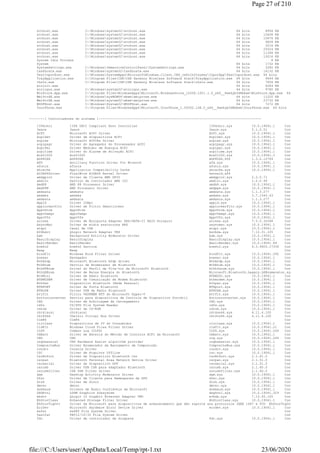 svchost.exe C:Windowssystem32svchost.exe 64 bits 8956 KB 1 KB
svchost.exe C:Windowssystem32svchost.exe 64 bits 10408 KB 4 KB
svchost.exe C:Windowssystem32svchost.exe 64 bits 10676 KB 2 KB
svchost.exe C:Windowssystem32svchost.exe 64 bits 9828 KB 2 KB
svchost.exe C:Windowssystem32svchost.exe 64 bits 3216 KB 0 KB
svchost.exe C:Windowssystem32svchost.exe 64 bits 25524 KB 10 KB
svchost.exe C:WindowsSystem32svchost.exe 64 bits 11308 KB 2 KB
svchost.exe C:Windowssystem32svchost.exe 64 bits 10016 KB 2 KB
System Idle Process 8 KB 0 KB
System 64 bits 1732 KB 0 KB
SystemSettings.exe C:WindowsImmersiveControlPanelSystemSettings.exe 64 bits 2280 KB 22 KB
taskhostw.exe C:Windowssystem32taskhostw.exe 64 bits 16132 KB 7 KB
TextInputHost.exe C:WindowsSystemAppsMicrosoftWindows.Client.CBS_cw5n1h2txyewyInputAppTextInputHost.exe 64 bits 38148 KB
TrayApplication.exe C:Program FilesCSRCSR Harmony Wireless Software StackTrayApplication.exe 64 bits 9444 KB 2 KB
vksts.exe C:Program FilesCSRCSR Harmony Wireless Software Stackvksts.exe 64 bits 7856 KB 1 KB
wininit.exe 64 bits 6284 KB 1 KB
winlogon.exe C:Windowssystem32winlogon.exe 64 bits 9780 KB 2 KB
WinStore.App.exe C:Program FilesWindowsAppsMicrosoft.WindowsStore_12006.1001.1.0_x64__8wekyb3d8bbweWinStore.App.exe 64 bits 246
WmiPrvSE.exe C:WindowssysWOW64wbemwmiprvse.exe 64 bits 11220 KB 3 KB
WmiPrvSE.exe C:Windowssystem32wbemwmiprvse.exe 64 bits 23732 KB 9 KB
WUDFHost.exe C:WindowsSystem32WUDFHost.exe 64 bits 7272 KB 2 KB
YourPhone.exe C:Program FilesWindowsAppsMicrosoft.YourPhone_1.20052.148.0_x64__8wekyb3d8bbweYourPhone.exe 64 bits 5036 KB
--------[ Controladores do sistema ]------------------------------------------------------------------------------------
1394ohci 1394 OHCI Compliant Host Controller 1394ohci.sys 10.0.19041.1 Controlador do núcl
3ware 3ware 3ware.sys 5.1.0.51 Controlador do núcl
ACPI Microsoft ACPI Driver ACPI.sys 10.0.19041.1 Controlador do núcl
AcpiDev Driver de dispositivos ACPI AcpiDev.sys 10.0.19041.1 Controlador do núcl
acpiex Microsoft ACPIEx Driver acpiex.sys 10.0.19041.1 Controlador do núcl
acpipagr Driver do Agregador do Processador ACPI acpipagr.sys 10.0.19041.1 Controlador do núcl
AcpiPmi Driver Medidor de Energia ACPI acpipmi.sys 10.0.19041.1 Controlador do núcl
acpitime Driver do Alarme de Ativação ACPI acpitime.sys 10.0.19041.1 Controlador do núcl
Acx01000 Acx01000 Acx01000.sys 10.0.19041.1 Controlador do núcl
ADP80XX ADP80XX ADP80XX.SYS 1.3.0.10769 Controlador do núcl
AFD Ancillary Function Driver for Winsock afd.sys 10.0.19041.1 Controlador do núcl
afunix afunix afunix.sys 10.0.19041.1 Controlador do núcl
ahcache Application Compatibility Cache ahcache.sys 10.0.19041.1 Controlador do núcl
AIDA64Driver FinalWire AIDA64 Kernel Driver kerneld.x64 Controlador do núcl
amdgpio2 Driver de Cliente AMD GPIO amdgpio2.sys 2.2.0.71 Controlador do núcl
amdi2c Serviço de Controlador AMD I2C amdi2c.sys 1.2.0.99 Controlador do núcl
AmdK8 AMD K8 Processor Driver amdk8.sys 10.0.19041.1 Controlador do núcl
AmdPPM AMD Processor Driver amdppm.sys 10.0.19041.1 Controlador do núcl
amdsata amdsata amdsata.sys 1.1.3.277 Controlador do núcl
amdsbs amdsbs amdsbs.sys 3.7.1540.43 Controlador do núcl
amdxata amdxata amdxata.sys 1.1.3.277 Controlador do núcl
AppID Driver IDApl appid.sys 10.0.19041.1 Controlador do núcl
applockerfltr Driver de Filtro Smartlocker applockerfltr.sys 10.0.19041.1 Controlador do núcl
AppvStrm AppvStrm AppvStrm.sys 10.0.19041.1 Controlador do sist
AppvVemgr AppvVemgr AppvVemgr.sys 10.0.19041.1 Controlador do sist
AppvVfs AppvVfs AppvVfs.sys 10.0.19041.1 Controlador do sist
arcsas Driver de Miniporta Adaptec SAS/SATA-II RAID Storport arcsas.sys 7.5.0.32048 Controlador do núcl
AsyncMac Driver de mídia assíncrona RAS asyncmac.sys 10.0.19041.1 Controlador do núcl
atapi Canal de IDE atapi.sys 10.0.19041.1 Controlador do núcl
b06bdrv QLogic Network Adapter VBD bxvbda.sys 7.12.31.105 Controlador do núcl
bam Background Activity Moderator Driver bam.sys 10.0.19041.1 Controlador do núcl
BasicDisplay BasicDisplay BasicDisplay.sys 10.0.19041.1 Controlador do núcl
BasicRender BasicRender BasicRender.sys 10.0.19041.84 Controlador do núcl
bcmfn2 bcmfn2 Service bcmfn2.sys 6.3.9600.17336 Controlador do núcl
Beep Beep Controlador do núcl
bindflt Windows Bind Filter Driver bindflt.sys 10.0.19041.292 Controlador do sist
bowser Navegador bowser.sys 10.0.19041.1 Controlador do sist
BthA2dp Microsoft Bluetooth A2dp driver BthA2dp.sys 10.0.19041.1 Controlador do núcl
BthEnum Serviço de Enumerador de Bluetooth BthEnum.sys 10.0.19041.1 Controlador do núcl
BthHFEnum Driver do Perfil de Viva-voz de Microsoft Bluetooth bthhfenum.sys 10.0.19041.1 Controlador do núcl
BthLEEnum Driver de Baixa Energia do Bluetooth Microsoft.Bluetooth.Legacy.LEEnumerator.sys 10.0.19041.1
BthMini Driver de Rádio Bluetooth BTHMINI.sys 10.0.19041.1 Controlador do núcl
BTHMODEM Driver de Comunicação de Modem Bluetooth bthmodem.sys 10.0.19041.1 Controlador do núcl
BthPan Dispositivo Bluetooth (Rede Pessoal) bthpan.sys 10.0.19041.1 Controlador do núcl
BTHPORT Driver de Porta Bluetooth BTHport.sys 10.0.19041.1 Controlador do núcl
BTHUSB Driver USB de Rádio Bluetooth BTHUSB.sys 10.0.19041.1 Controlador do núcl
bttflt Filtro VHDPMEM BTT do Microsoft Hyper-V bttflt.sys 10.0.19041.1 Controlador do núcl
buttonconverter Serviço para dispositivos de Controle de Dispositivo Portátil buttonconverter.sys 10.0.19041.1 Controlador do núcl
CAD Driver de Arbitragem de Carregamento CAD.sys 10.0.19041.1 Controlador do núcl
cdfs CD/DVD File System Reader cdfs.sys 10.0.19041.1 Controlador do sist
cdrom Driver de CD-ROM cdrom.sys 10.0.19041.1 Controlador do núcl
cht4iscsi cht4iscsi cht4sx64.sys 6.11.4.100 Controlador do núcl
cht4vbd Chelsio Virtual Bus Driver cht4vx64.sys 6.11.4.100 Controlador do núcl
CimFS CimFS Controlador do sist
circlass Dispositivos de IV do Consumidor circlass.sys 10.0.19041.1 Controlador do núcl
CldFlt Windows Cloud Files Filter Driver cldflt.sys 10.0.19041.21 Controlador do sist
CLFS Common Log (CLFS) CLFS.sys 10.0.19041.264 Controlador do núcl
CmBatt Driver de Bateria do Método de Controle ACPI da Microsoft CmBatt.sys 10.0.19041.1 Controlador do núcl
CNG CNG cng.sys 10.0.19041.264 Controlador do núcl
cnghwassist CNG Hardware Assist algorithm provider cnghwassist.sys 10.0.19041.1 Controlador do núcl
CompositeBus Driver Enumerador de Barramento de Composição CompositeBus.sys 10.0.19041.1 Controlador do núcl
condrv Console Driver condrv.sys 10.0.19041.1 Controlador do núcl
CSC Driver de Arquivos Offline csc.sys 10.0.19041.1 Controlador do núcl
CsrBtPort Driver de Dispositivo Bluetooth Csr CsrBtPort.sys 2.1.61.0 Controlador do núcl
csrpan Bluetooth Personal Area Network Device Driver csrpan.sys 2.1.51.0 Controlador do núcl
csrserial Driver de dispositivo SPP csrserial.sys 2.1.51.0 Controlador do núcl
csrusb Driver USB CSR para adaptador Bluetooth csrusb.sys 2.1.60.0 Controlador do núcl
csrusbfilter CSR USB filter driver csrusbfilter.sys 2.1.60.0 Controlador do núcl
dam Desktop Activity Moderator Driver dam.sys 10.0.19041.1 Controlador do núcl
Dfsc Driver de Cliente para Namespaces de DFS dfsc.sys 10.0.19041.1 Controlador do sist
disk Driver de disco disk.sys 10.0.19041.1 Controlador do núcl
dmvsc dmvsc dmvsc.sys 10.0.19041.1 Controlador do núcl
drmkaud Drivers de Áudio Confiáveis da Microsoft drmkaud.sys 10.0.19041.1 Controlador do núcl
DXGKrnl LDDM Graphics Subsystem dxgkrnl.sys 10.0.19041.329 Controlador do núcl
ebdrv QLogic 10 Gigabit Ethernet Adapter VBD evbda.sys 7.13.65.105 Controlador do núcl
EhStorClass Enhanced Storage Filter Driver EhStorClass.sys 10.0.19041.1 Controlador do núcl
EhStorTcgDrv Driver da Microsoft para dispositivos de armazenamento que dão suporte aos protocolos IEEE 1667 e TCG EhStorTcgDrv.sys 10.0.
ErrDev Microsoft Hardware Error Device Driver errdev.sys 10.0.19041.1 Controlador do núcl
exfat exFAT File System Driver Controlador do sist
fastfat FAT12/16/32 File System Driver Controlador do sist
fdc Driver de controlador de disquete fdc.sys 10.0.19041.1 Controlador do núcl
Page 27 of 210
23/06/2020file:///C:/Users/user/AppData/Local/Temp/rpt-1.txt
 