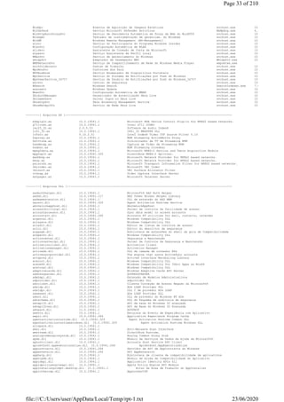 WiaRpc Eventos de Aquisição de Imagens Estáticas svchost.exe 10.0.19041.1 P
WinDefend Serviço Microsoft Defender Antivírus MsMpEng.exe 4.18.2005.5 P
WinHttpAutoProxySvc Serviço de Descoberta Automática de Proxy da Web do WinHTTP svchost.exe 10.0.19041.1 D
Winmgmt Testador de instrumentação de gerenciam. do Windows svchost.exe 10.0.19041.1 D
WinRM Windows Remote Management (WS-Management) svchost.exe 10.0.19041.1 P
wisvc Serviço do Participante do Programa Windows Insider svchost.exe 10.0.19041.1 D
WlanSvc Configuração Automática de WLAN svchost.exe 10.0.19041.1 P
wlidsvc Assistente de Conexão de Conta da Microsoft svchost.exe 10.0.19041.1 D
wlpasvc Serviço Assistente de Perfil Local svchost.exe 10.0.19041.1 P
WManSvc Serviço de gerenciamento do Windows svchost.exe 10.0.19041.1 P
wmiApSrv Adaptador de Desempenho WMI WmiApSrv.exe 10.0.19041.1 P
WMPNetworkSvc Serviço de Compartilhamento de Rede do Windows Media Player wmpnetwk.exe P
workfolderssvc Pastas de Trabalho svchost.exe 10.0.19041.1 P
WpcMonSvc Controles dos Pais svchost.exe 10.0.19041.1 P
WPDBusEnum Serviço Enumerador de Dispositivos Portáteis svchost.exe 10.0.19041.1 D
WpnService Serviço do Sistema de Notificações por Push do Windows svchost.exe 10.0.19041.1 D
WpnUserService_34707 Serviço de Usuário de Notificações por Push do Windows_34707 svchost.exe 10.0.19041.1 D
wscsvc Central de Segurança svchost.exe 10.0.19041.1 D
WSearch Windows Search SearchIndexer.exe 7.0.19041.329 P
wuauserv Windows Update svchost.exe 10.0.19041.1 D
WwanSvc Configuração Automática de WWAN svchost.exe 10.0.19041.1 P
XblAuthManager Gerenciador de Autenticação Xbox Live svchost.exe 10.0.19041.1 P
XblGameSave Salvar Jogos no Xbox Live svchost.exe 10.0.19041.1 P
XboxGipSvc Xbox Accessory Management Service svchost.exe 10.0.19041.1 P
XboxNetApiSvc Serviço de Rede Xbox Live svchost.exe 10.0.19041.1 P
--------[ Arquivos AX ]-------------------------------------------------------------------------------------------------
bdaplgin.ax 10.0.19041.1 Microsoft BDA Device Control Plug-in for MPEG2 based networks.
g711codc.ax 10.0.19041.1 Intel G711 CODEC
iac25_32.ax 2.0.5.53 Software de áudio Indeo®
ir41_32.ax 10.0.19041.1 IR41_32 WRAPPER DLL
ivfsrc.ax 5.10.2.51 Intel Indeo® Video IVF Source Filter 5.10
ksproxy.ax 10.0.19041.1 WDM Streaming ActiveMovie Proxy
kstvtune.ax 10.0.19041.1 Sintonizador de TV de Streaming WDM
kswdmcap.ax 10.0.19041.1 Captura de Vídeo de Streaming WDM
ksxbar.ax 10.0.19041.1 WDM Streaming Crossbar
mpeg2data.ax 10.0.19041.1 Microsoft MPEG-2 Section and Table Acquisition Module
mpg2splt.ax 10.0.19041.329 DirectShow MPEG-2 Splitter.
msdvbnp.ax 10.0.19041.1 Microsoft Network Provider for MPEG2 based networks.
msnp.ax 10.0.19041.1 Microsoft Network Provider for MPEG2 based networks.
psisrndr.ax 10.0.19041.1 Microsoft Transport Information Filter for MPEG2 based networks.
vbicodec.ax 10.0.19041.1 Microsoft VBI Codec
vbisurf.ax 10.0.19041.1 VBI Surface Allocator Filter
vidcap.ax 10.0.19041.1 Video Capture Interface Server
wstpager.ax 10.0.19041.1 Microsoft Teletext Server
--------[ Arquivos DLL ]------------------------------------------------------------------------------------------------
aadauthhelper.dll 10.0.19041.1 Microsoft® AAD Auth Helper
aadtb.dll 10.0.19041.117 AAD Token Broker Helper Library
aadwamextension.dll 10.0.19041.1 DLL de extensão do AAD WAM
aarsvc.dll 10.0.19041.329 Agent Activation Runtime Service
abovelockapphost.dll 10.0.19041.1 AboveLockAppHost
accessibilitycpl.dll 10.0.19041.1 Painel de controle da facilidade de acesso
accountaccessor.dll 10.0.19041.1 Sync data model to access accounts
accountsrt.dll 10.0.19041.264 Accounts RT utilities for mail, contacts, calendar
acgenral.dll 10.0.19041.1 Windows Compatibility DLL
aclayers.dll 10.0.19041.1 Windows Compatibility DLL
acledit.dll 10.0.19041.1 Editor de listas de controle de acesso
aclui.dll 10.0.19041.1 Editor do descritor de segurança
acppage.dll 10.0.19041.1 Biblioteca de extensões do shell da guia de Compatibilidade
acspecfc.dll 10.0.19041.1 Windows Compatibility DLL
actioncenter.dll 10.0.19041.1 Segurança e Manutenção
actioncentercpl.dll 10.0.19041.1 Painel de Controle da Segurança e Manutenção
activationclient.dll 10.0.19041.1 Activation Client
activationmanager.dll 10.0.19041.1 Activation Manager
activeds.dll 10.0.19041.1 DLL de camada de roteador ADs
activesyncprovider.dll 10.0.19041.1 The engine that syncs ActiveSync accounts
actxprxy.dll 10.0.19041.1 ActiveX Interface Marshaling Library
acwinrt.dll 10.0.19041.1 Windows Compatibility DLL
acwow64.dll 10.0.19041.1 Windows Compatibility for 32bit Apps on Win64
acxtrnal.dll 10.0.19041.1 Windows Compatibility DLL
adaptivecards.dll 10.0.19041.1 Windows Adaptive Cards API Server
addressparser.dll 10.0.19041.1 ADDRESSPARSER
admtmpl.dll 10.0.19041.1 Extensão de Modelos Administrativos
adprovider.dll 10.0.19041.1 adprovider DLL
adrclient.dll 10.0.19041.1 Cliente Correção de Acesso Negado da Microsoft®
adsldp.dll 10.0.19041.1 ADs LDAP Provider DLL
adsldpc.dll 10.0.19041.1 DLL C de provedor ADs LDAP
adsmsext.dll 10.0.19041.1 ADs LDAP Provider DLL
adsnt.dll 10.0.19041.1 DLL de provedor do Windows NT ADs
adtschema.dll 10.0.19041.1 DLL do Esquema de auditoria de segurança
advapi32.dll 10.0.19041.1 API de base do Windows 32 avançada
advapi32res.dll 10.0.19041.1 API de Base do Windows 32 Avançada
advpack.dll 11.0.19041.1 ADVPACK
aeevts.dll 10.0.19041.1 Recursos do Evento de Experiência com Aplicativo
aepic.dll 10.0.19041.264 Application Experience Program Cache
agentactivationruntime.dll 10.0.19041.329 Agent Activation Runtime Common DLL
agentactivationruntimewindows.dll 10.0.19041.329 Agent Activation Runtime Windows DLL
altspace.dll 10.0.19041.1
amsi.dll 10.0.19041.1 Anti-Malware Scan Interface
amstream.dll 10.0.19041.1 DirectShow Runtime.
analogcommonproxystub.dll 10.0.19041.1 Analog Common Proxy Stub
apds.dll 10.0.19041.1 Módulo de Serviços de Dados da Ajuda da Microsoft®
aphostclient.dll 10.0.19041.1 Accounts Host Service RPC Client
apisethost.appexecutionalias.dll 10.0.19041.264 ApiSetHost.AppExecutionAlias
appcontracts.dll 10.0.19041.264 Servidor de API de AppContracts do Windows
appextension.dll 10.0.19041.264 API AppExtension
apphelp.dll 10.0.19041.1 Biblioteca de cliente de compatibilidade de aplicativos
apphlpdm.dll 10.0.19041.1 Módulo de Ajuda da Compatibilidade do Aplicativo
appidapi.dll 10.0.19041.1 Application Identity APIs Dll
appidpolicyengineapi.dll 10.0.19041.1 AppId Policy Engine API Module
appinstallerprompt.desktop.dll 10.0.19041.1 Aviso da Área de Trabalho do AppInstaller
applockercsp.dll 10.0.19041.1 AppLockerCSP
Page 33 of 210
23/06/2020file:///C:/Users/user/AppData/Local/Temp/rpt-1.txt
 