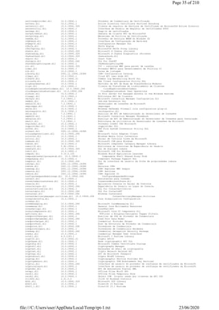 certcredprovider.dll 10.0.19041.1 Provedor de Credenciais de Certificação
certenc.dll 10.0.19041.1 Active Directory Certificate Services Encoding
certenroll.dll 10.0.19041.329 Cliente de registro de Serviços de Certificado do Microsoft® Active Directory
certenrollui.dll 10.0.19041.1 Interface de Usuário de Registro de Certificados X509
certmgr.dll 10.0.19041.1 Snap-in de certificados
certpkicmdlet.dll 10.0.19041.1 Cmdlets de Cliente PKI da Microsoft®
certpoleng.dll 10.0.19041.1 Mecanismo de Política de Certificação
cewmdm.dll 12.0.19041.1 Provedor de Serviços WMDM do Windows CE
cfgbkend.dll 10.0.19041.1 Interface de Configuração de Back-end
cfgmgr32.dll 10.0.19041.1 Configuration Manager DLL
cfmifs.dll 10.0.19041.1 FmIfs Engine
cfmifsproxy.dll 10.0.19041.1 Microsoft® FmIfs Proxy Library
chakra.dll 11.0.19041.329 Microsoft ® Chakra (Private)
chakradiag.dll 11.0.19041.329 Microsoft ® Chakra Diagnostics (Private)
chakrathunk.dll 10.0.19041.329 chakrathunk.dll
chartv.dll 10.0.19041.1 Chart View
chatapis.dll 10.0.19041.264 DLL for ChatRT
chxreadingstringime.dll 10.0.19041.1 CHxReadingStringIME
cic.dll 10.0.19041.329 CIC - controles MMC para painel de tarefas
ciwmi.dll 10.0.19041.1 Provedor WMIv2 para Gerenciamento de Política CI
clb.dll 10.0.19041.1 Caixa de listagem
clbcatq.dll 2001.12.10941.16384 COM+ Configuration Catalog
cldapi.dll 10.0.19041.1 Cloud API user mode API
clfsw32.dll 10.0.19041.21 Common Log Marshalling Win32 DLL
cliconfg.dll 10.0.19041.1 SQL Client Configuration Utility DLL
clipboardserver.dll 10.0.19041.1 Servidor de API de Área de Transferência Moderno
clipc.dll 10.0.19041.1 Cliente da Plataforma de Licenciamento de Clientes
cloudexperiencehostcommon.dll 10.0.19041.264 CloudExperienceHostCommon
cloudexperiencehostuser.dll 10.0.19041.264 CloudExperienceHost User Operations
clrhost.dll 10.0.19041.1 In Proc server for managed servers in the Windows Runtime
clusapi.dll 10.0.19041.1 Biblioteca API de Clusters
cmcfg32.dll 7.2.19041.1 Microsoft Connection Manager Configuration Dll
cmdext.dll 10.0.19041.1 cmd.exe Extension DLL
cmdial32.dll 7.2.19041.1 Gerenciador de conexões da Microsoft
cmgrcspps.dll 10.0.19041.1 cmgrcspps
cmifw.dll 10.0.19041.1 Windows Defender Firewall rule configuration plug-in
cmintegrator.dll 10.0.19041.1 cmintegrator.dll
cmlua.dll 7.2.19041.1 Auxiliar de API de Administração do Gerenciador de Conexões
cmpbk32.dll 7.2.19041.1 Microsoft Connection Manager Phonebook
cmstplua.dll 7.2.19041.1 Auxiliar de API de Administração do Gerenciador de Conexões para Instalação
cmutil.dll 7.2.19041.1 Biblioteca de utilitários do Gerenciador de conexões da Microsoft
cngcredui.dll 10.0.19041.1 Provedor CredUI CNG Microsoft
cngprovider.dll 10.0.19041.1 cngprovider DLL
cnvfat.dll 10.0.19041.1 FAT File System Conversion Utility DLL
colbact.dll 2001.12.10941.16384 COM+
coloradapterclient.dll 10.0.19041.264 Microsoft Color Adapter Client
colorcnv.dll 10.0.19041.1 Windows Media Color Conversion
colorui.dll 10.0.19041.1 Painel de Controle Cores da Microsoft
combase.dll 10.0.19041.329 Microsoft COM para Windows
comcat.dll 10.0.19041.1 Microsoft Component Category Manager Library
comctl32.dll 5.82.19041.1 Biblioteca de Controles de Experiência do Usuário
comdlg32.dll 10.0.19041.329 DLL de diálogos comuns
coml2.dll 10.0.19041.1 Microsoft COM for Windows
compobj.dll 3.10.0.103 Windows Win16 Application Launcher
composableshellproxystub.dll 10.0.19041.1 Composable Shell Shared Proxy Stub
comppkgsup.dll 10.0.19041.1 Component Package Support DLL
compstui.dll 10.0.19041.264 DLL da interface de usuário da folha de propriedades comuns
comrepl.dll 2001.12.10941.16384 COM+
comres.dll 2001.12.10941.16384 Recursos COM+
comsnap.dll 2001.12.10941.16384 COM+ Explorer MMC Snapin
comsvcs.dll 2001.12.10941.16384 COM+ Services
comuid.dll 2001.12.10941.16384 COM+ Explorer UI
configureexpandedstorage.dll 10.0.19041.264 ConfigureExpandedStorage
connect.dll 10.0.19041.1 Assistentes para Conexão
connectedaccountstate.dll 10.0.19041.1 ConnectedAccountState.dll
console.dll 10.0.19041.1 Aplicativo Console no Painel de Controle
consolelogon.dll 10.0.19041.264 Experiência do Usuário no Logon do Console
contactactivation.dll 10.0.19041.1 DLL for ContactActivation
contactapis.dll 10.0.19041.264 DLL for ContactsRT
container.dll 10.0.19041.292 Windows Containers
contentdeliverymanager.utilities.dll 10.0.19041.264 ContentDeliveryManager.Utilities
coreglobconfig.dll 10.0.19041.1 Core Globalization Configuration
coremas.dll
coremessaging.dll 10.0.19041.264 Microsoft CoreMessaging Dll
coremmres.dll 10.0.19041.1 General Core Multimedia Resources
coreshellapi.dll 10.0.19041.1 CoreShellAPI
coreuicomponents.dll 10.0.19041.1 Microsoft Core UI Components Dll
cpfilters.dll 10.0.19041.264 PTFilter & Encypter/Decrypter Tagger Filters.
credprov2fahelper.dll 10.0.19041.1 Auxiliar de 2FA do Provedor de Credenciais
credprovdatamodel.dll 10.0.19041.264 Cred Prov Data Model
credprovhelper.dll 10.0.19041.1 Credential Provider Helper
credprovhost.dll 10.0.19041.1 Host de Estrutura de Provedor de Credenciais
credprovs.dll 10.0.19041.208 Provedores de Credenciais
credprovslegacy.dll 10.0.19041.1 Provedores de Credenciais Herdados
credssp.dll 10.0.19041.264 Credential Delegation Security Package
credui.dll 10.0.19041.1 Credential Manager User Interface
crtdll.dll 4.0.1183.1 Microsoft C Runtime Library
crypt32.dll 10.0.19041.21 Crypto API32
cryptbase.dll 10.0.19041.1 Base cryptographic API DLL
cryptdlg.dll 10.0.19041.1 Microsoft Common Certificate Dialogs
cryptdll.dll 10.0.19041.1 Cryptography Manager
cryptext.dll 10.0.19041.1 Extensões do shell de criptografia
cryptnet.dll 10.0.19041.1 Crypto Network Related API
cryptngc.dll 10.0.19041.1 API do Microsoft Passport
cryptowinrt.dll 10.0.19041.1 Crypto WinRT Library
cryptsp.dll 10.0.19041.1 Cryptographic Service Provider API
crypttpmeksvc.dll 10.0.19041.1 Cryptographic TPM Endorsement Key Services
cryptui.dll 10.0.19041.264 Interface de usuário do provedor de confiança de certificados da Microsoft
cryptuiwizard.dll 10.0.19041.1 Interface de usuário do provedor de confiança de certificados da Microsoft
cryptxml.dll 10.0.19041.1 API de Assinatura Digital XML
cscapi.dll 10.0.19041.1 Offline Files Win32 API
cscdll.dll 10.0.19041.1 Offline Files Temporary Shim
cscobj.dll 10.0.19041.1 Objeto COM In-proc usado por clientes da API CSC
ctl3d32.dll 2.31.0.0 Ctl3D 3D Windows Controls
d2d1.dll 10.0.19041.329 Microsoft D2D Library
d3d10.dll 10.0.19041.1 Direct3D 10 Runtime
d3d10_1.dll 10.0.19041.1 Direct3D 10.1 Runtime
Page 35 of 210
23/06/2020file:///C:/Users/user/AppData/Local/Temp/rpt-1.txt
 