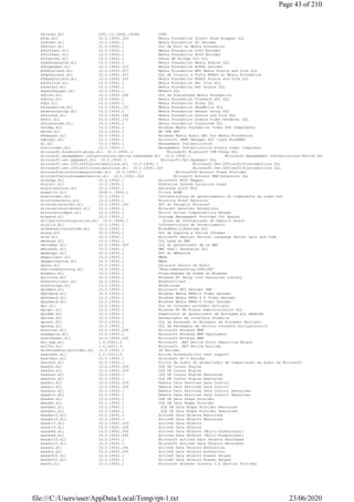 mfcsubs.dll 2001.12.10941.16384 COM+
mfds.dll 10.0.19041.329 Media Foundation Direct Show wrapper DLL
mfdvdec.dll 10.0.19041.1 Media Foundation DV Decoder
mferror.dll 10.0.19041.1 DLL de Erro do Media Foundation
mfh263enc.dll 10.0.19041.1 Media Foundation h263 Encoder
mfh264enc.dll 10.0.19041.1 Media Foundation H264 Encoder
mfksproxy.dll 10.0.19041.1 Dshow MF Bridge DLL DLL
mfmediaengine.dll 10.0.19041.1 Media Foundation Media Engine DLL
mfmjpegdec.dll 10.0.19041.329 Media Foundation MJPEG Decoder
mfmkvsrcsnk.dll 10.0.19041.207 Media Foundation MKV Media Source and Sink DLL
mfmp4srcsnk.dll 10.0.19041.207 DLL de Coletor e Fonte MPEG4 do Media Foundation
mfmpeg2srcsnk.dll 10.0.19041.329 Media Foundation MPEG2 Source and Sink DLL
mfnetcore.dll 10.0.19041.1 Media Foundation Net Core DLL
mfnetsrc.dll 10.0.19041.1 Media Foundation Net Source DLL
mfperfhelper.dll 10.0.19041.1 MFPerf DLL
mfplat.dll 10.0.19041.264 DLL da Plataforma Media Foundation
mfplay.dll 10.0.19041.1 Media Foundation Playback API DLL
mfps.dll 10.0.19041.1 Media Foundation Proxy DLL
mfreadwrite.dll 10.0.19041.153 Media Foundation ReadWrite DLL
mfsensorgroup.dll 10.0.19041.1 Media Foundation Sensor Group DLL
mfsrcsnk.dll 10.0.19041.264 Media Foundation Source and Sink DLL
mfsvr.dll 10.0.19041.153 Media Foundation Simple Video Renderer DLL
mftranscode.dll 10.0.19041.1 Media Foundation Transcode DLL
mfvdsp.dll 10.0.19041.1 Windows Media Foundation Video DSP Components
mfvfw.dll 10.0.19041.1 MF VFW MFT
mfwmaaec.dll 10.0.19041.1 Windows Media Audio AEC for Media Foundation
mgmtapi.dll 10.0.19041.1 Microsoft SNMP Manager API (uses WinSNMP)
mi.dll 10.0.19041.1 Management Infrastructure
mibincodec.dll 10.0.19041.1 Management Infrastructure binary codec component
microsoft.bluetooth.proxy.dll 10.0.19041.1 Microsoft Bluetooth COM Proxy DLL
microsoft.management.infrastructure.native.unmanaged.dll 10.0.19041.1 Microsoft.Management.Infrastructure.Native.Unmanaged.dll
microsoft.uev.appagent.dll 10.0.19041.1 Microsoft.Uev.AppAgent DLL
microsoft.uev.office2010customactions.dll 10.0.19041.1 Microsoft.Uev.Office2010CustomActions DLL
microsoft.uev.office2013customactions.dll 10.0.19041.329 Microsoft.Uev.Office2013CustomActions DLL
microsoftaccounttokenprovider.dll 10.0.19041.1 Microsoft® Account Token Provider
microsoftaccountwamextension.dll 10.0.19041.264 Microsoft Account WAM Extension DLL
midimap.dll 10.0.19041.1 Microsoft MIDI Mapper
migisol.dll 10.0.19041.1 Migration System Isolation Layer
miguiresource.dll 10.0.19041.1 Recursos win32 MIG
mimefilt.dll 2008.0.19041.1 Filtro MIME
mimofcodec.dll 10.0.19041.1 Infraestrutura de gerenciamento do componente de codec mof
minstoreevents.dll 10.0.19041.1 Minstore Event Resource
miracastreceiver.dll 10.0.19041.264 API do Receptor Miracast
miracastreceiverext.dll 10.0.19041.1 Miracast Receiver Extensions
mirrordrvcompat.dll 10.0.19041.1 Mirror Driver Compatibility Helper
mispace.dll 10.0.19041.1 Storage Management Provider for Spaces
mitigationconfiguration.dll 10.0.19041.1 Ajuda da Configuração do Exploit Guard
miutils.dll 10.0.19041.1 Infraestrutura de Gerenciamento
mixedrealityruntime.dll 10.0.19041.1 MixedRealityRuntime DLL
mlang.dll 10.0.19041.1 DLL de Suporte a Vários Idiomas
mls6.dll 10.0.19041.1 Microsoft Neutral Natural Language Server Data and Code
mmcbase.dll 10.0.19041.1 DLL base do MMC
mmcndmgr.dll 10.0.19041.329 DLL do gerenciador de nó MMC
mmcshext.dll 10.0.19041.1 MMC Shell Extension DLL
mmdevapi.dll 10.0.19041.1 API do MMDevice
mmgaclient.dll 10.0.19041.1 MMGA
mmgaproxystub.dll 10.0.19041.1 MMGA
mmres.dll 10.0.19041.1 Recursos Gerais de Áudio
mobilenetworking.dll 10.0.19041.1 "MobileNetworking.DYNLINK"
modemui.dll 10.0.19041.1 Propriedades de modem do Windows
moricons.dll 10.0.19041.1 Windows NT Setup Icon Resources Library
moshostclient.dll 10.0.19041.1 MosHostClient
mosstorage.dll 10.0.19041.1 MosStorage
mp3dmod.dll 10.0.19041.1 Microsoft MP3 Decoder DMO
mp43decd.dll 10.0.19041.1 Windows Media MPEG-4 Video Decoder
mp4sdecd.dll 10.0.19041.1 Windows Media MPEG-4 S Video Decoder
mpg4decd.dll 10.0.19041.1 Windows Media MPEG-4 Video Decoder
mpr.dll 10.0.19041.1 DLL do roteador provedor múltiplo
mprapi.dll 10.0.19041.1 Windows NT MP Router Administration DLL
mprddm.dll 10.0.19041.1 Supervisor do gerenciador de discagem por demanda
mprdim.dll 10.0.19041.1 Gerenciador de Interface Dinâmica
mprext.dll 10.0.19041.1 DLL da Extensão do Roteador de Provedor Múltiplo
mprmsg.dll 10.0.19041.1 DLL de mensagens de serviço roteador multiprotocolo
mrmcorer.dll 10.0.19041.264 Microsoft Windows MRM
mrmdeploy.dll 10.0.19041.1 Microsoft Windows MRM Deployment
mrmindexer.dll 10.0.19041.264 Microsoft Windows MRM
mrt_map.dll 1.6.24911.0 Microsoft .NET Native Error Reporting Helper
mrt100.dll 1.6.24911.0 Microsoft .NET Native Runtime
ms3dthumbnailprovider.dll 10.0.19041.1 3D Builder
msaatext.dll 2.0.10413.0 Active Accessibility text support
msac3enc.dll 10.0.19041.1 Microsoft AC-3 Encoder
msacm32.dll 10.0.19041.1 Filtro de áudio do gerenciador de compactação de áudio da Microsoft
msadce.dll 10.0.19041.329 OLE DB Cursor Engine
msadce.dll 10.0.19041.329 OLE DB Cursor Engine
msadcer.dll 10.0.19041.1 OLE DB Cursor Engine Resources
msadcer.dll 10.0.19041.1 OLE DB Cursor Engine Resources
msadco.dll 10.0.19041.329 Remote Data Services Data Control
msadco.dll 10.0.19041.329 Remote Data Services Data Control
msadcor.dll 10.0.19041.1 Remote Data Services Data Control Resources
msadcor.dll 10.0.19041.1 Remote Data Services Data Control Resources
msadds.dll 10.0.19041.1 OLE DB Data Shape Provider
msadds.dll 10.0.19041.1 OLE DB Data Shape Provider
msaddsr.dll 10.0.19041.1 OLE DB Data Shape Provider Resources
msaddsr.dll 10.0.19041.1 OLE DB Data Shape Provider Resources
msader15.dll 10.0.19041.1 ActiveX Data Objects Resources
msader15.dll 10.0.19041.1 ActiveX Data Objects Resources
msado15.dll 10.0.19041.329 ActiveX Data Objects
msado15.dll 10.0.19041.329 ActiveX Data Objects
msadomd.dll 10.0.19041.264 ActiveX Data Objects (Multi-Dimensional)
msadomd.dll 10.0.19041.264 ActiveX Data Objects (Multi-Dimensional)
msador15.dll 10.0.19041.1 Microsoft ActiveX Data Objects Recordset
msador15.dll 10.0.19041.1 Microsoft ActiveX Data Objects Recordset
msadox.dll 10.0.19041.264 ActiveX Data Objects Extensions
msadox.dll 10.0.19041.264 ActiveX Data Objects Extensions
msadrh15.dll 10.0.19041.1 ActiveX Data Objects Rowset Helper
msadrh15.dll 10.0.19041.1 ActiveX Data Objects Rowset Helper
msafd.dll 10.0.19041.1 Microsoft Windows Sockets 2.0 Service Provider
Page 43 of 210
23/06/2020file:///C:/Users/user/AppData/Local/Temp/rpt-1.txt
 