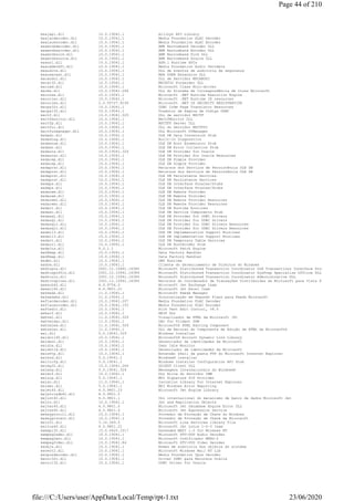 msajapi.dll 10.0.19041.1 AllJoyn API Library
msalacdecoder.dll 10.0.19041.1 Media Foundation ALAC Decoder
msalacencoder.dll 10.0.19041.1 Media Foundation ALAC Encoder
msamrnbdecoder.dll 10.0.19041.1 AMR Narrowband Decoder DLL
msamrnbencoder.dll 10.0.19041.1 AMR Narrowband Encoder DLL
msamrnbsink.dll 10.0.19041.1 AMR Narrowband Sink DLL
msamrnbsource.dll 10.0.19041.1 AMR Narrowband Source DLL
msasn1.dll 10.0.19041.1 ASN.1 Runtime APIs
msauddecmft.dll 10.0.19041.1 Media Foundation Audio Decoders
msaudite.dll 10.0.19041.1 DLL de eventos de auditoria de segurança
msauserext.dll 10.0.19041.1 MSA USER Extension DLL
mscandui.dll 10.0.19041.1 DLL de Servidor MSCANDUI
mscat32.dll 10.0.19041.1 MSCAT32 Forwarder DLL
msclmd.dll 10.0.19041.1 Microsoft Class Mini-driver
mscms.dll 10.0.19041.264 DLL do Sistema de Correspondência de Cores Microsoft
mscoree.dll 10.0.19041.1 Microsoft .NET Runtime Execution Engine
mscorier.dll 10.0.19041.1 Microsoft .NET Runtime IE resources
mscories.dll 2.0.50727.9149 Microsoft .NET IE SECURITY REGISTRATION
mscpx32r.dll 10.0.19041.1 ODBC Code Page Translator Resources
mscpxl32.dll 10.0.19041.1 Tradutor de Página de Código ODBC
msctf.dll 10.0.19041.329 DLL de servidor MSCTF
msctfmonitor.dll 10.0.19041.1 MsCtfMonitor DLL
msctfp.dll 10.0.19041.1 MSCTFP Server DLL
msctfui.dll 10.0.19041.1 DLL do Servidor MSCTFUI
msctfuimanager.dll 10.0.19041.1 DLL Microsoft UIManager
msdadc.dll 10.0.19041.1 OLE DB Data Conversion Stub
msdadiag.dll 10.0.19041.1 Built-In Diagnostics
msdaenum.dll 10.0.19041.1 OLE DB Root Enumerator Stub
msdaer.dll 10.0.19041.1 OLE DB Error Collection Stub
msdaora.dll 10.0.19041.329 OLE DB Provider for Oracle
msdaorar.dll 10.0.19041.1 OLE DB Provider for Oracle Resources
msdaosp.dll 10.0.19041.1 OLE DB Simple Provider
msdaosp.dll 10.0.19041.1 OLE DB Simple Provider
msdaprsr.dll 10.0.19041.1 Recursos dos Serviços de Persistência OLE DB
msdaprsr.dll 10.0.19041.1 Recursos dos Serviços de Persistência OLE DB
msdaprst.dll 10.0.19041.1 OLE DB Persistence Services
msdaprst.dll 10.0.19041.1 OLE DB Persistence Services
msdaps.dll 10.0.19041.1 OLE DB Interface Proxies/Stubs
msdaps.dll 10.0.19041.1 OLE DB Interface Proxies/Stubs
msdarem.dll 10.0.19041.1 OLE DB Remote Provider
msdarem.dll 10.0.19041.1 OLE DB Remote Provider
msdaremr.dll 10.0.19041.1 OLE DB Remote Provider Resources
msdaremr.dll 10.0.19041.1 OLE DB Remote Provider Resources
msdart.dll 10.0.19041.1 OLE DB Runtime Routines
msdasc.dll 10.0.19041.1 OLE DB Service Components Stub
msdasql.dll 10.0.19041.1 OLE DB Provider for ODBC Drivers
msdasql.dll 10.0.19041.1 OLE DB Provider for ODBC Drivers
msdasqlr.dll 10.0.19041.1 OLE DB Provider for ODBC Drivers Resources
msdasqlr.dll 10.0.19041.1 OLE DB Provider for ODBC Drivers Resources
msdatl3.dll 10.0.19041.1 OLE DB Implementation Support Routines
msdatl3.dll 10.0.19041.1 OLE DB Implementation Support Routines
msdatt.dll 10.0.19041.1 OLE DB Temporary Table Services
msdaurl.dll 10.0.19041.1 OLE DB RootBinder Stub
msdelta.dll 5.0.1.1 Microsoft Patch Engine
msdfmap.dll 10.0.19041.1 Data Factory Handler
msdfmap.dll 10.0.19041.1 Data Factory Handler
msdmo.dll 10.0.19041.1 DMO Runtime
msdrm.dll 10.0.19041.1 Cliente do Gerenciamento de Direitos do Windows
msdtcprx.dll 2001.12.10941.16384 Microsoft Distributed Transaction Coordinator OLE Transactions Interface Proxy DLL
msdtcspoffln.dll 2001.12.10941.16384 Microsoft Distributed Transaction Coordinator SysPrep Specialize Offline DLL
msdtcuiu.dll 2001.12.10941.16384 Microsoft Distributed Transaction Coordinator Administrative DLL
msdtcvsp1res.dll 2001.12.10941.16384 Recursos do Coordenador de Transações Distribuídas da Microsoft para Vista SP1
msexch40.dll 4.0.9756.0 Microsoft Jet Exchange Isam
msexcl40.dll 4.0.9801.21 Microsoft Jet Excel Isam
msfeeds.dll 11.0.19041.1 Microsoft Feeds Manager
msfeedsbs.dll 11.0.19041.1 Sincronização em Segundo Plano para Feeds Microsoft
msflacdecoder.dll 10.0.19041.207 Media Foundation FLAC Decoder
msflacencoder.dll 10.0.19041.153 Media Foundation FLAC Encoder
msftedit.dll 10.0.19041.1 Rich Text Edit Control, v8.5
msheif.dll 10.0.19041.1 HEIF DLL
mshtml.dll 11.0.19041.329 Visualizador de HTML da Microsoft (R)
mshtmldac.dll 11.0.19041.1 DAC for Trident DOM
mshtmled.dll 11.0.19041.329 Microsoft® HTML Editing Component
mshtmler.dll 11.0.19041.1 DLL de Recurso do Componente de Edição de HTML da Microsoft®
msi.dll 5.0.19041.329 Windows Installer
msidcrl40.dll 10.0.19041.1 Microsoft® Account Dynamic Link Library
msident.dll 10.0.19041.1 Gerenciador de identidades da Microsoft
msidle.dll 10.0.19041.1 User Idle Monitor
msidntld.dll 10.0.19041.1 Gerenciador de identidades da Microsoft
msieftp.dll 10.0.19041.1 Extensão shell da pasta FTP do Microsoft Internet Explorer
msihnd.dll 5.0.19041.1 Windows® installer
msiltcfg.dll 5.0.19041.1 Windows Installer Configuration API Stub
msimg32.dll 10.0.19041.264 GDIEXT Client DLL
msimsg.dll 5.0.19041.329 Mensagens Internacionais do Windows®
msimtf.dll 10.0.19041.1 DLL Ativa do Servidor IMM
msisip.dll 5.0.19041.1 MSI Signature SIP Provider
msiso.dll 11.0.19041.1 Isolation Library for Internet Explorer
msiwer.dll 5.0.19041.1 MSI Windows Error Reporting
msjet40.dll 4.0.9801.23 Microsoft Jet Engine Library
msjetoledb40.dll 4.0.9801.0
msjint40.dll 4.0.9801.1 DLL internacional do mecanismo de banco de dados Microsoft Jet
msjro.dll 10.0.19041.1 Jet and Replication Objects
msjter40.dll 4.0.9801.0 Microsoft Jet Database Engine Error DLL
msjtes40.dll 4.0.9801.0 Microsoft Jet Expression Service
mskeyprotcli.dll 10.0.19041.1 Provedor de Proteção de Chave do Windows
mskeyprotect.dll 10.0.19041.1 Provedor de Proteção de Chave da Microsoft
msls31.dll 3.10.349.0 Microsoft Line Services library file
msltus40.dll 4.0.9801.21 Microsoft Jet Lotus 1-2-3 Isam
msmapi32.dll 15.0.4420.1017 Extended MAPI 1.0 for Windows NT
msmpeg2adec.dll 10.0.19041.1 Microsoft DTV-DVD Audio Decoder
msmpeg2enc.dll 10.0.19041.1 Microsoft Codificador MPEG-2
msmpeg2vdec.dll 10.0.19041.84 Microsoft DTV-DVD Video Decoder
msobjs.dll 10.0.19041.1 Nomes de auditoria dos objetos do sistema
msoert2.dll 10.0.19041.1 Microsoft Windows Mail RT Lib
msopusdecoder.dll 10.0.19041.1 Media Foundation Opus Decoder
msorc32r.dll 10.0.19041.1 Driver ODBC para Recursos Oracle
msorcl32.dll 10.0.19041.1 ODBC Driver for Oracle
Page 44 of 210
23/06/2020file:///C:/Users/user/AppData/Local/Temp/rpt-1.txt
 
