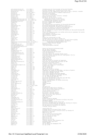 syncinfrastructure.dll 10.0.19041.1 Infraestrutura de Sincronização do Microsoft Windows.
syncinfrastructureps.dll 10.0.19041.1 Microsoft Windows sync infrastructure proxy stub.
syncproxy.dll 10.0.19041.1 SyncProxy for RPC communication about sync of mail, contacts, calendar
syncreg.dll 2007.94.19041.1 Microsoft Synchronization Framework Registration
syncres.dll 10.0.19041.1 Recursos do ActiveSync
syncsettings.dll 10.0.19041.264 Sincronizar configurações
syncutil.dll 10.0.19041.1 Sync utilities for mail, contacts, calendar
syssetup.dll 10.0.19041.1 Windows NT System Setup
systemcpl.dll 10.0.19041.1 Meu Painel de Controle do Sistema
systemeventsbrokerclient.dll 10.0.19041.1 system Events Broker Client Library
systemsettings.datamodel.dll 10.0.19041.329 SystemSettings.Datamodel private API
systemsupportinfo.dll 10.0.19041.1 Microsoft Windows operating system.
t2embed.dll 10.0.19041.264 Microsoft T2Embed Font Embedding
tapi3.dll 10.0.19041.329 Microsoft TAPI3
tapi32.dll 10.0.19041.1 DLL cliente da API de telefonia do Microsoft® Windows(TM)
tapimigplugin.dll 10.0.19041.1 Microsoft® Windows(TM) TAPI Migration Plugin Dll
tapiperf.dll 10.0.19041.1 Microsoft® Windows(TM) Telephony Performance Monitor
tapisrv.dll 10.0.19041.84 Servidor de telefonia do Microsoft® Windows(TM)
tapisysprep.dll 10.0.19041.1 Microsoft® Windows(TM) Telephony Sysprep Work
tapiui.dll 10.0.19041.1 DLL de interface de usuário da API de telefonia do Microsoft® Windows(TM)
taskapis.dll 10.0.19041.264 DLL for TaskRT
taskcomp.dll 10.0.19041.1 Plug-in de compatibilidade com versões anteriores do agendador de tarefas
taskschd.dll 10.0.19041.329 Task Scheduler COM API
taskschdps.dll 10.0.19041.1 Task Scheduler Interfaces Proxy
tbauth.dll 10.0.19041.1 TBAuth protocol handler
tbs.dll 10.0.19041.1 TBS
tcpipcfg.dll 10.0.19041.1 Objetos de configuração de rede
tcpmib.dll 10.0.19041.1 Standard TCP/IP Port Monitor Helper DLL
tcpmonui.dll 10.0.19041.1 DLL da interface de usuário do monitor de porta TCP/IP padrão
tdh.dll 10.0.19041.329 Biblioteca de Auxiliar de Rastreamento de Eventos
tempsignedlicenseexchangetask.dll 10.0.19041.1 TempSignedLicenseExchangeTask Task
termmgr.dll 10.0.19041.329 Microsoft TAPI3 Terminal Manager
tetheringclient.dll 10.0.19041.1 Tethering Client
textinputframework.dll 10.0.19041.1 "TextInputFramework.DYNLINK"
textinputmethodformatter.dll
textshaping.dll
themecpl.dll 10.0.19041.1 Painel de Controle de Personalização
themeui.dll 10.0.19041.1 API de tema do Windows
threadpoolwinrt.dll 10.0.19041.1 Windows WinRT Threadpool
thumbcache.dll 10.0.19041.1 Cache de Miniaturas da Microsoft
tiledatarepository.dll 10.0.19041.264 Tile Data Repository
timedatemuicallback.dll 10.0.19041.1 Time Date Control UI Language Change plugin
tlscsp.dll 10.0.19041.1 Microsoft® Remote Desktop Services Cryptographic Utility
tokenbinding.dll 10.0.19041.1 Token Binding Protocol
tokenbroker.dll 10.0.19041.264 Agente de Token
tokenbrokerui.dll 10.0.19041.1 Token Broker UI
tpmcertresources.dll 10.0.19041.1 TpmCertResources
tpmcompc.dll 10.0.19041.1 Caixa de Diálogo de Seleção de Computador
tpmcoreprovisioning.dll 10.0.19041.1 Biblioteca de Configuração Principal do TPM
tquery.dll 7.0.19041.329 Consulta do Microsoft Tripoli
traffic.dll 10.0.19041.1 Microsoft Traffic Control 1.0 DLL
trustedsignalcredprov.dll 10.0.19041.1 Provedor de Credenciais TrustedSignal
tsbyuv.dll 10.0.19041.1 Toshiba Video Codec
tsgqec.dll 10.0.19041.329 QEC de Gateway RD
tsmf.dll 10.0.19041.153 Plug-in MF de RDP
tspkg.dll 10.0.19041.264 Web Service Security Package
tsworkspace.dll 10.0.19041.1 Componente da Conexão de RemoteApp e da Área de Trabalho
ttdloader.dll 10.0.19041.1 Time Travel Debugging Runtime Loader
ttdplm.dll 10.0.19041.1 Time Travel Debugger PLM APIs
ttdrecord.dll 10.0.19041.1 Time Travel Debugging Recording Manager
ttdrecordcpu.dll 10.0.19041.1 Time Travel Debugging CPU Recorder Runtime
ttlsauth.dll 10.0.19041.1 Dll de tempo de execução EAP TTLS
ttlscfg.dll 10.0.19041.1 Dll de configuração EAP TTLS
ttlsext.dll 10.0.19041.1 Biblioteca de Extensões do Windows para EAP TTLS
tvratings.dll 10.0.19041.1 Module for managing TV ratings
twext.dll 10.0.19041.1 Página de propriedades de versões anteriores
twinapi.appcore.dll 10.0.19041.264 twinapi.appcore
twinapi.dll 10.0.19041.264 twinapi
twinui.appcore.dll 10.0.19041.264 TWINUI.APPCORE
twinui.dll 10.0.19041.329 TWINUI
txflog.dll 2001.12.10941.16384 COM+
txfw32.dll 10.0.19041.1 TxF Win32 DLL
typelib.dll 3.10.0.103 Windows Win16 Application Launcher
tzautoupdate.dll 10.0.19041.1 Atualizador de Fuso Horário Automático
tzres.dll 10.0.19041.264 DLL do recurso Fusos Horários
ucmhc.dll 10.0.19041.1 Classe de Auxiliar UCM
ucrtbase.dll 10.0.19041.1 Microsoft® C Runtime Library
ucrtbase_clr0400.dll 14.10.25028.0 Microsoft® C Runtime Library
udhisapi.dll 10.0.19041.153 UPnP Device Host ISAPI Extension
uexfat.dll 10.0.19041.1 eXfat Utility DLL
ufat.dll 10.0.19041.1 FAT Utility DLL
uiamanager.dll 10.0.19041.1 UiaManager
uianimation.dll 10.0.19041.1 Windows Animation Manager
uiautomationcore.dll 7.2.19041.1 Núcleo de Automação de Interface de Usuário Microsoft
uicom.dll 10.0.19041.1 Add/Remove Modems
uimanagerbrokerps.dll 10.0.19041.1 Microsoft UIManager Broker Proxy Stub
uireng.dll 10.0.19041.1 Biblioteca de Mecanismos de Gravação de Interface do Usuário
uiribbon.dll 10.0.19041.1 Estrutura da Faixa de Opções do Windows
ulib.dll 10.0.19041.1 DLL de suporte a utilitários de arquivos
umdmxfrm.dll 10.0.19041.1 Unimodem Tranform Module
umpdc.dll
unenrollhook.dll 10.0.19041.1 unenrollhook DLL
unimdmat.dll 10.0.19041.1 Unimodem Service Provider AT Mini Driver
uniplat.dll 10.0.19041.1 Unimodem AT Mini Driver Platform Driver for Windows NT
unistore.dll 10.0.19041.1 Repositório Unificado
untfs.dll 10.0.19041.1 NTFS Utility DLL
updatepolicy.dll 10.0.19041.1 Leitor da Política de Atualização
upnp.dll 10.0.19041.1 API de Ponto de Controle UPnP
upnphost.dll 10.0.19041.153 Host de dispositivo UPnP
urefs.dll 10.0.19041.1 NTFS Utility DLL
urefsv1.dll 10.0.19041.1 NTFS Utility DLL
ureg.dll 10.0.19041.1 Registry Utility DLL
url.dll 11.0.19041.1 Internet Shortcut Shell Extension DLL
urlmon.dll 11.0.19041.117 Extensões OLE32 para Win32
usbceip.dll 10.0.19041.1 Tarefa USBCEIP
usbperf.dll 10.0.19041.1 DLL de Objetos de Desempenho USB
usbui.dll 10.0.19041.1 Dll da IU USB
Page 50 of 210
23/06/2020file:///C:/Users/user/AppData/Local/Temp/rpt-1.txt
 