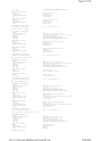 SHA1 Hash A8985D3A65E5E5C4B2D7D66D40C6DD2FB19C5436
Propriedades do emissor:
Nome DigiCert Global Root CA
Organização DigiCert Inc
Unidade Organizacional www.digicert.com
País United States
Propriedades do Assunto:
Nome DigiCert Global Root CA
Organização DigiCert Inc
Unidade Organizacional www.digicert.com
País United States
Propriedades da Chave Pública:
Algorítimo da Chave Pública RSA (1.2.840.113549.1.1.1)
[ Root Certificates / DigiCert ]
Propriedades do Certificado:
Versão V3
Algoritmo de Assinatura SHA1 RSA (1.2.840.113549.1.1.5)
Número de série 77 25 46 AE F2 79 0B 8F 9B 40 0B 6A 26 5C AC 02
Validade 09/11/2006 - 09/11/2031
MD5 Hash D474DE575C39B2D39C8583C5C065498A
SHA1 Hash 5FB7EE0633E259DBAD0C4C9AE6D38F1A61C7DC25
Propriedades do emissor:
Nome DigiCert High Assurance EV Root CA
Organização DigiCert Inc
Unidade Organizacional www.digicert.com
País United States
Propriedades do Assunto:
Nome DigiCert High Assurance EV Root CA
Organização DigiCert Inc
Unidade Organizacional www.digicert.com
País United States
Propriedades da Chave Pública:
Algorítimo da Chave Pública RSA (1.2.840.113549.1.1.1)
[ Root Certificates / DST Root CA X3 ]
Propriedades do Certificado:
Versão V3
Algoritmo de Assinatura SHA1 RSA (1.2.840.113549.1.1.5)
Número de série 6B 40 F8 2E 86 39 30 89 BA 27 A3 D6 80 B0 AF 44
Validade 30/09/2000 - 30/09/2021
MD5 Hash 410352DC0FF7501B16F0028EBA6F45C5
SHA1 Hash DAC9024F54D8F6DF94935FB1732638CA6AD77C13
Propriedades do emissor:
Nome DST Root CA X3
Organização Digital Signature Trust Co.
Propriedades do Assunto:
Nome DST Root CA X3
Organização Digital Signature Trust Co.
Propriedades da Chave Pública:
Algorítimo da Chave Pública RSA (1.2.840.113549.1.1.1)
[ Root Certificates / Entrust ]
Propriedades do Certificado:
Versão V3
Algoritmo de Assinatura SHA1 RSA (1.2.840.113549.1.1.5)
Número de série 54 50 6B 45
Validade 27/11/2006 - 27/11/2026
MD5 Hash D6A5C3ED5DDD3E00C13D87921F1D3FE4
SHA1 Hash B31EB1B740E36C8402DADC37D44DF5D4674952F9
Propriedades do emissor:
Nome Entrust Root Certification Authority
Organização Entrust, Inc.
Unidade Organizacional www.entrust.net/CPS is incorporated by reference
Unidade Organizacional (c) 2006 Entrust, Inc.
País United States
Propriedades do Assunto:
Nome Entrust Root Certification Authority
Organização Entrust, Inc.
Unidade Organizacional www.entrust.net/CPS is incorporated by reference
Unidade Organizacional (c) 2006 Entrust, Inc.
País United States
Propriedades da Chave Pública:
Algorítimo da Chave Pública RSA (1.2.840.113549.1.1.1)
[ Root Certificates / GlobalSign Root CA - R1 ]
Propriedades do Certificado:
Versão V3
Algoritmo de Assinatura SHA1 RSA (1.2.840.113549.1.1.5)
Número de série 94 C3 5A 4B 15 01 00 00 00 00 04
Validade 01/09/1998 - 28/01/2028
MD5 Hash 3E455215095192E1B75D379FB187298A
SHA1 Hash B1BC968BD4F49D622AA89A81F2150152A41D829C
Propriedades do emissor:
Nome GlobalSign Root CA
Organização GlobalSign nv-sa
Unidade Organizacional Root CA
País Belgium
Propriedades do Assunto:
Page 57 of 210
23/06/2020file:///C:/Users/user/AppData/Local/Temp/rpt-1.txt
 