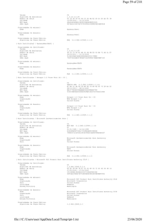 Versão V3
Algoritmo de Assinatura 1.3.14.3.2.29
Número de série 55 1E 46 59 4C F6 C3 4D 8A E2 04 2C 60 AD FC 38
Validade 15/04/2010 - 31/12/2039
MD5 Hash 2E46CA54F8E41CAC8C05B0E69B5F3524
SHA1 Hash 0874A3219367D67070C0F6D15D8FB55E03AE581B
Propriedades do emissor:
Nome Harmony(Test)
Propriedades do Assunto:
Nome Harmony(Test)
Propriedades da Chave Pública:
Algorítimo da Chave Pública RSA (1.2.840.113549.1.1.1)
[ Root Certificates / HarmonyNew(TEST) ]
Propriedades do Certificado:
Versão V3
Algoritmo de Assinatura 1.3.14.3.2.29
Número de série 49 C0 23 46 B1 B8 63 48 8B E5 CD BE 73 A8 41 87
Validade 29/03/2011 - 31/12/2039
MD5 Hash 51380099AC3EFA39DDD0B2D555179FEC
SHA1 Hash 750F76D32AE307E5A87C42F5F86C7EAE69BE7120
Propriedades do emissor:
Nome HarmonyNew(TEST)
Propriedades do Assunto:
Nome HarmonyNew(TEST)
Propriedades da Chave Pública:
Algorítimo da Chave Pública RSA (1.2.840.113549.1.1.1)
[ Root Certificates / Hotspot 2.0 Trust Root CA - 03 ]
Propriedades do Certificado:
Versão V3
Algoritmo de Assinatura SHA256 RSA (1.2.840.113549.1.1.11)
Número de série B7 ED 01 DE 89 09 B9 E0 33 A4 86 F2 70 0F B3 0C
Validade 08/12/2013 - 08/12/2043
MD5 Hash EB1577B40B3C8BABAE346DD98EAD0780
SHA1 Hash 51501FBFCE69189D609CFAF140C576755DCC1FDF
Propriedades do emissor:
Nome Hotspot 2.0 Trust Root CA - 03
Organização WFA Hotspot 2.0
País United States
Propriedades do Assunto:
Nome Hotspot 2.0 Trust Root CA - 03
Organização WFA Hotspot 2.0
País United States
Propriedades da Chave Pública:
Algorítimo da Chave Pública RSA (1.2.840.113549.1.1.1)
[ Root Certificates / Microsoft Authenticode(tm) Root ]
Propriedades do Certificado:
Versão V3
Algoritmo de Assinatura MD5 RSA (1.2.840.113549.1.1.4)
Número de série 01
Validade 01/01/1995 - 31/12/1999
MD5 Hash DC6D6FAF897CDD17332FB5BA9035E9CE
SHA1 Hash 7F88CD7223F3C813818C994614A89C99FA3B5247
Propriedades do emissor:
Nome Microsoft Authenticode(tm) Root Authority
Organização MSFT
País United States
Propriedades do Assunto:
Nome Microsoft Authenticode(tm) Root Authority
Organização MSFT
País United States
Propriedades da Chave Pública:
Algorítimo da Chave Pública RSA (1.2.840.113549.1.1.1)
[ Root Certificates / Microsoft ECC Product Root Certificate Authority 2018 ]
Propriedades do Certificado:
Versão V3
Algoritmo de Assinatura 1.2.840.10045.4.3.3
Número de série 85 EC 99 B9 7B 67 53 40 8F CD 7C DC 66 26 98 14
Validade 27/02/2018 - 27/02/2043
MD5 Hash 1F124EDE13E06A023CD7C09A4F48C3D6
SHA1 Hash 06F1AA330B927B753A40E68CDF22E34BCBEF3352
Propriedades do emissor:
Nome Microsoft ECC Product Root Certificate Authority 2018
Organização Microsoft Corporation
País United States
Localidade Redmond
Estado/Província Washington
Propriedades do Assunto:
Nome Microsoft ECC Product Root Certificate Authority 2018
Organização Microsoft Corporation
País United States
Localidade Redmond
Estado/Província Washington
Propriedades da Chave Pública:
Algorítimo da Chave Pública 1.2.840.10045.2.1
Page 59 of 210
23/06/2020file:///C:/Users/user/AppData/Local/Temp/rpt-1.txt
 
