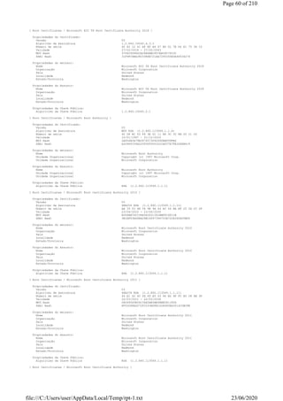 [ Root Certificates / Microsoft ECC TS Root Certificate Authority 2018 ]
Propriedades do Certificado:
Versão V3
Algoritmo de Assinatura 1.2.840.10045.4.3.3
Número de série 45 82 12 41 AF EF B4 47 B0 D1 7E 64 E1 75 38 15
Validade 27/02/2018 - 27/02/2043
MD5 Hash 37942958862A06E6BBCFD7AB59C7F23C
SHA1 Hash 31F9FC8BA3805986B721EA7295C65B3A44534274
Propriedades do emissor:
Nome Microsoft ECC TS Root Certificate Authority 2018
Organização Microsoft Corporation
País United States
Localidade Redmond
Estado/Província Washington
Propriedades do Assunto:
Nome Microsoft ECC TS Root Certificate Authority 2018
Organização Microsoft Corporation
País United States
Localidade Redmond
Estado/Província Washington
Propriedades da Chave Pública:
Algorítimo da Chave Pública 1.2.840.10045.2.1
[ Root Certificates / Microsoft Root Authority ]
Propriedades do Certificado:
Versão V3
Algoritmo de Assinatura MD5 RSA (1.2.840.113549.1.1.4)
Número de série 40 DF EC 63 F6 3E D1 11 88 3C 3C 8B 00 C1 00
Validade 10/01/1997 - 31/12/2020
MD5 Hash 2A954ECA79B2874573D92D90BAF99FB6
SHA1 Hash A43489159A520F0D93D032CCAF37E7FE20A8B419
Propriedades do emissor:
Nome Microsoft Root Authority
Unidade Organizacional Copyright (c) 1997 Microsoft Corp.
Unidade Organizacional Microsoft Corporation
Propriedades do Assunto:
Nome Microsoft Root Authority
Unidade Organizacional Copyright (c) 1997 Microsoft Corp.
Unidade Organizacional Microsoft Corporation
Propriedades da Chave Pública:
Algorítimo da Chave Pública RSA (1.2.840.113549.1.1.1)
[ Root Certificates / Microsoft Root Certificate Authority 2010 ]
Propriedades do Certificado:
Versão V3
Algoritmo de Assinatura SHA256 RSA (1.2.840.113549.1.1.11)
Número de série AA 39 43 6B 58 9B 9A 44 AC 44 BA BF 25 3A CC 28
Validade 23/06/2010 - 23/06/2035
MD5 Hash A266BB7DCC38A562631361BBF61DD11B
SHA1 Hash 3B1EFD3A66EA28B16697394703A72CA340A05BD5
Propriedades do emissor:
Nome Microsoft Root Certificate Authority 2010
Organização Microsoft Corporation
País United States
Localidade Redmond
Estado/Província Washington
Propriedades do Assunto:
Nome Microsoft Root Certificate Authority 2010
Organização Microsoft Corporation
País United States
Localidade Redmond
Estado/Província Washington
Propriedades da Chave Pública:
Algorítimo da Chave Pública RSA (1.2.840.113549.1.1.1)
[ Root Certificates / Microsoft Root Certificate Authority 2011 ]
Propriedades do Certificado:
Versão V3
Algoritmo de Assinatura SHA256 RSA (1.2.840.113549.1.1.11)
Número de série 44 E1 42 6C D6 69 B5 43 96 B2 9F FC B5 C8 8B 3F
Validade 22/03/2011 - 22/03/2036
MD5 Hash CE0490D5E56C34A5AE0BE98BE581185D
SHA1 Hash 8F43288AD272F3103B6FB1428485EA3014C0BCFE
Propriedades do emissor:
Nome Microsoft Root Certificate Authority 2011
Organização Microsoft Corporation
País United States
Localidade Redmond
Estado/Província Washington
Propriedades do Assunto:
Nome Microsoft Root Certificate Authority 2011
Organização Microsoft Corporation
País United States
Localidade Redmond
Estado/Província Washington
Propriedades da Chave Pública:
Algorítimo da Chave Pública RSA (1.2.840.113549.1.1.1)
[ Root Certificates / Microsoft Root Certificate Authority ]
Page 60 of 210
23/06/2020file:///C:/Users/user/AppData/Local/Temp/rpt-1.txt
 
