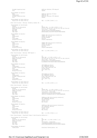 Unidade Organizacional AddTrust External TTP Network
País Sweden
Propriedades do Assunto:
Nome AddTrust External CA Root
Organização AddTrust AB
Unidade Organizacional AddTrust External TTP Network
País Sweden
Propriedades da Chave Pública:
Algorítimo da Chave Pública RSA (1.2.840.113549.1.1.1)
[ Root Certificates / Sectigo (formerly Comodo CA) ]
Propriedades do Certificado:
Versão V3
Algoritmo de Assinatura SHA384 RSA (1.2.840.113549.1.1.12)
Número de série 9D 86 03 5B D8 4E F7 1F E0 6F 63 DB CA F9 AA 4C
Validade 18/01/2010 - 18/01/2038
MD5 Hash 1B31B0714036CC143691ADC43EFDEC18
SHA1 Hash AFE5D244A8D1194230FF479FE2F897BBCD7A8CB4
Propriedades do emissor:
Nome COMODO RSA Certification Authority
Organização COMODO CA Limited
País United Kingdom
Localidade Salford
Estado/Província Greater Manchester
Propriedades do Assunto:
Nome COMODO RSA Certification Authority
Organização COMODO CA Limited
País United Kingdom
Localidade Salford
Estado/Província Greater Manchester
Propriedades da Chave Pública:
Algorítimo da Chave Pública RSA (1.2.840.113549.1.1.1)
[ Root Certificates / Sectigo (UTN Object) ]
Propriedades do Certificado:
Versão V3
Algoritmo de Assinatura SHA1 RSA (1.2.840.113549.1.1.5)
Número de série 1B 5F B3 E0 2D 36 D3 11 B4 24 00 50 8B 0C BE 44
Validade 09/07/1999 - 09/07/2019
MD5 Hash A7F2E41606411150306B9CE3B49CB0C9
SHA1 Hash E12DFB4B41D7D9C32B30514BAC1D81D8385E2D46
Propriedades do emissor:
Nome UTN-USERFirst-Object
Organização The USERTRUST Network
Unidade Organizacional http://www.usertrust.com
País United States
Localidade Salt Lake City
Estado/Província UT
Propriedades do Assunto:
Nome UTN-USERFirst-Object
Organização The USERTRUST Network
Unidade Organizacional http://www.usertrust.com
País United States
Localidade Salt Lake City
Estado/Província UT
Propriedades da Chave Pública:
Algorítimo da Chave Pública RSA (1.2.840.113549.1.1.1)
[ Root Certificates / Sectigo ]
Propriedades do Certificado:
Versão V3
Algoritmo de Assinatura SHA384 RSA (1.2.840.113549.1.1.12)
Número de série 2D 03 35 0E 64 BC 1B A8 51 CA A3 FC 30 6D FD 01
Validade 31/01/2010 - 18/01/2038
MD5 Hash 1BFE69D191B71933A372A80FE155E5B5
SHA1 Hash 2B8F1B57330DBBA2D07A6C51F70EE90DDAB9AD8E
Propriedades do emissor:
Nome USERTrust RSA Certification Authority
Organização The USERTRUST Network
País United States
Localidade Jersey City
Estado/Província New Jersey
Propriedades do Assunto:
Nome USERTrust RSA Certification Authority
Organização The USERTRUST Network
País United States
Localidade Jersey City
Estado/Província New Jersey
Propriedades da Chave Pública:
Algorítimo da Chave Pública RSA (1.2.840.113549.1.1.1)
[ Root Certificates / Starfield Class 2 Certification Authority ]
Propriedades do Certificado:
Versão V3
Algoritmo de Assinatura SHA1 RSA (1.2.840.113549.1.1.5)
Número de série 00
Validade 29/06/2004 - 29/06/2034
MD5 Hash 324A4BBBC863699BBE749AC6DD1D4624
SHA1 Hash AD7E1C28B064EF8F6003402014C3D0E3370EB58A
Propriedades do emissor:
Organização Starfield Technologies, Inc.
Page 62 of 210
23/06/2020file:///C:/Users/user/AppData/Local/Temp/rpt-1.txt
 