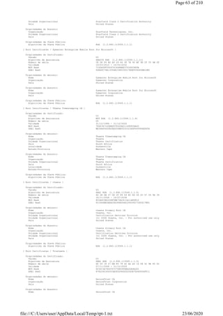 Unidade Organizacional Starfield Class 2 Certification Authority
País United States
Propriedades do Assunto:
Organização Starfield Technologies, Inc.
Unidade Organizacional Starfield Class 2 Certification Authority
País United States
Propriedades da Chave Pública:
Algorítimo da Chave Pública RSA (1.2.840.113549.1.1.1)
[ Root Certificates / Symantec Enterprise Mobile Root for Microsoft ]
Propriedades do Certificado:
Versão V3
Algoritmo de Assinatura SHA256 RSA (1.2.840.113549.1.1.11)
Número de série CE D8 F4 BD A9 29 66 0F 7B 90 BF 9E 2F 55 6B 0F
Validade 14/03/2012 - 14/03/2032
MD5 Hash 71D0A5FF2D59741694BEE37D1E5C860B
SHA1 Hash 92B46C76E13054E104F230517E6E504D43AB10B5
Propriedades do emissor:
Nome Symantec Enterprise Mobile Root for Microsoft
Organização Symantec Corporation
País United States
Propriedades do Assunto:
Nome Symantec Enterprise Mobile Root for Microsoft
Organização Symantec Corporation
País United States
Propriedades da Chave Pública:
Algorítimo da Chave Pública RSA (1.2.840.113549.1.1.1)
[ Root Certificates / Thawte Timestamping CA ]
Propriedades do Certificado:
Versão V3
Algoritmo de Assinatura MD5 RSA (1.2.840.113549.1.1.4)
Número de série 00
Validade 31/12/1996 - 31/12/2020
MD5 Hash 7F667A71D3EB6978209A51149D83DA20
SHA1 Hash BE36A4562FB2EE05DBB3D32323ADF445084ED656
Propriedades do emissor:
Nome Thawte Timestamping CA
Organização Thawte
Unidade Organizacional Thawte Certification
País South Africa
Localidade Durbanville
Estado/Província Western Cape
Propriedades do Assunto:
Nome Thawte Timestamping CA
Organização Thawte
Unidade Organizacional Thawte Certification
País South Africa
Localidade Durbanville
Estado/Província Western Cape
Propriedades da Chave Pública:
Algorítimo da Chave Pública RSA (1.2.840.113549.1.1.1)
[ Root Certificates / thawte ]
Propriedades do Certificado:
Versão V3
Algoritmo de Assinatura SHA1 RSA (1.2.840.113549.1.1.5)
Número de série 6D 2B DB 37 CE 2F F4 49 EC ED D5 20 57 D5 4E 34
Validade 16/11/2006 - 16/07/2036
MD5 Hash 8CCADC0B22CEF5BE72AC411A11A8D812
SHA1 Hash 91C6D6EE3E8AC86384E548C299295C756C817B81
Propriedades do emissor:
Nome thawte Primary Root CA
Organização thawte, Inc.
Unidade Organizacional Certification Services Division
Unidade Organizacional (c) 2006 thawte, Inc. - For authorized use only
País United States
Propriedades do Assunto:
Nome thawte Primary Root CA
Organização thawte, Inc.
Unidade Organizacional Certification Services Division
Unidade Organizacional (c) 2006 thawte, Inc. - For authorized use only
País United States
Propriedades da Chave Pública:
Algorítimo da Chave Pública RSA (1.2.840.113549.1.1.1)
[ Root Certificates / Trustwave ]
Propriedades do Certificado:
Versão V3
Algoritmo de Assinatura SHA1 RSA (1.2.840.113549.1.1.5)
Número de série D0 59 18 27 EB F0 7F 42 AD A5 16 08 5C 8E F0 0C
Validade 07/11/2006 - 31/12/2029
MD5 Hash DC32C3A76D2557C768099DEA2DA9A2D1
SHA1 Hash 8782C6C304353BCFD29692D2593E7D44D934FF11
Propriedades do emissor:
Nome SecureTrust CA
Organização SecureTrust Corporation
País United States
Propriedades do Assunto:
Nome SecureTrust CA
Page 63 of 210
23/06/2020file:///C:/Users/user/AppData/Local/Temp/rpt-1.txt
 