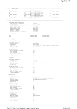 --------[ Compartilhados ]----------------------------------------------------------------------------------------------
ADMIN$ Pasta Administração remota C:Windows
C$ Pasta Recurso compartilhado padrão C:
[ TRIAL VERSION ] [ TRIAL VERSION ] [ TRIAL VERSION ] [ TRIAL VERSION ]
E$ Pasta Recurso compartilhado padrão E:
F$ Pasta Recurso compartilhado padrão F:
[ TRIAL VERSION ] [ TRIAL VERSION ] [ TRIAL VERSION ] [ TRIAL VERSION ]
I$ Pasta Recurso compartilhado padrão I:
J$ Pasta Recurso compartilhado padrão J:
[ TRIAL VERSION ] [ TRIAL VERSION ] [ TRIAL VERSION ] [ TRIAL VERSION ]
IPC$ IPC IPC remoto
--------[ Segurança das contas ]----------------------------------------------------------------------------------------
Propriedades da conta de Usuário:
Função principal do computador Primário
Nome do domínio DESKTOP-C28N3DR
Controlador principal do domínio Não especificado
Hora de desconexão forçada Desativado
Idade min/máx da senha 0 / 42 Dias
Tamanho mínimo da senha 0 Caracteres
Tamanho comum da senha Desativado
Intervalo de bloqueio Desativado
Duração de bloqueio 30 minutos
Janela de Observação de Travamentos 30 minutos
--------[ Conexão ]-----------------------------------------------------------------------------------------------------
user DESKTOP-C28N3DR DESKTOP-C28N3DR
user DESKTOP-C28N3DR DESKTOP-C28N3DR
--------[ Usuários ]----------------------------------------------------------------------------------------------------
[ Administrador ]
Propriedades do usuário:
Nome do usuário Administrador
Nome completo Administrador
Comentário Conta interna para a administração do computador/domínio
Membro dos grupos Administradores
Número de conexões 0
Cota em disco -
Recursos do usuário:
Execução de script de conexão Sim
Conta desativada Sim
Conta bloqueada Não
Pasta pessoal necessária Não
Senha necessária Sim
Senha para somente leitura Não
A senha nunca expira Sim
[ Convidado ]
Propriedades do usuário:
Nome do usuário Convidado
Nome completo Convidado
Comentário Conta interna para acesso como convidado ao computador/domínio
Membro dos grupos Convidados
Número de conexões 0
Cota em disco -
Recursos do usuário:
Execução de script de conexão Sim
Conta desativada Sim
Conta bloqueada Não
Pasta pessoal necessária Não
Senha necessária Não
Senha para somente leitura Sim
A senha nunca expira Sim
[ DefaultAccount ]
Propriedades do usuário:
Nome do usuário DefaultAccount
Nome completo DefaultAccount
Comentário Uma conta de usuário gerenciada pelo sistema.
Membro dos grupos System Managed Accounts Group
Número de conexões 0
Cota em disco -
Recursos do usuário:
Execução de script de conexão Sim
Conta desativada Sim
Conta bloqueada Não
Pasta pessoal necessária Não
Senha necessária Não
Senha para somente leitura Não
A senha nunca expira Sim
[ user ]
Propriedades do usuário:
Nome do usuário user
Nome completo user
Membro dos grupos Administradores
Número de conexões 9
Cota em disco -
Recursos do usuário:
Execução de script de conexão Sim
Conta desativada Não
Page 65 of 210
23/06/2020file:///C:/Users/user/AppData/Local/Temp/rpt-1.txt
 