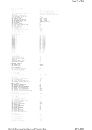 Propriedades do OpenGL:
Vendedor Intel
Renderer Intel(R) HD Graphics 4000
Versão 4.0.0 - Build 10.18.10.4252
Versão da linguagem "Shading" 4.00 - Build 10.18.10.4252
OpenGL DLL 10.0.19041.1(WinBuild.160101.0800)
Multitexture Texture Units 8
Occlusion Query Counter Bits 64
Sub-Pixel Precision 4 bits
Max Viewport Size 16384 x 16384
Max Cube Map Texture Size 16384 x 16384
Max Rectangle Texture Size 16384 x 16384
Max 3D Texture Size 2048 x 2048 x 2048
Max Anisotropy 16
Max Clipping Planes 8
Max Display-List Nesting Level 64
Max Draw Buffers 8
Max Evaluator Order 32
Max Light Sources 8
Max Pixel Map Table Size 65536
Min / Max Program Texel Offset -8 / 7
Max Texture Array Layers 2048
Max Texture LOD Bias 15
OpenGL Compliancy:
OpenGL 1.1 Sim (100%)
OpenGL 1.2 Sim (100%)
OpenGL 1.3 Sim (100%)
OpenGL 1.4 Sim (100%)
OpenGL 1.5 Sim (100%)
OpenGL 2.0 Sim (100%)
OpenGL 2.1 Sim (100%)
OpenGL 3.0 Sim (100%)
OpenGL 3.1 Sim (100%)
OpenGL 3.2 Sim (100%)
OpenGL 3.3 Sim (100%)
OpenGL 4.0 Sim (100%)
OpenGL 4.1 Não (85%)
OpenGL 4.2 Não (83%)
OpenGL 4.3 Não (42%)
OpenGL 4.4 Não (11%)
OpenGL 4.5 Não (0%)
OpenGL 4.6 Não (0%)
Max Stack Depth:
Attribute Stack 16
Client Attribute Stack 16
Modelview Matrix Stack 32
Name Stack 128
Projection Matrix Stack 4
Texture Matrix Stack 10
Draw Range Elements:
Max Index Count 1048576
Max Vertex Count 1048576
Transform Feedback:
Max Interleaved Components 128
Max Separate Attributes 4
Max Separate Components 4
Framebuffer Object:
Max Color Attachments 8
Max Render Buffer Size 16384 x 16384
Vertex Shader:
Max Uniform Vertex Components 4096
Max Varying Floats 64
Max Vertex Texture Image Units 16
Max Combined Texture Image Units 96
Geometry Shader:
Max Geometry Texture Units 16
Max Varying Components 64
Max Geometry Varying Components 64
Max Vertex Varying Components 32
Max Geometry Uniform Components 4096
Max Geometry Output Vertices 256
Max Geometry Total Output Components 1024
Fragment Shader:
Max Uniform Fragment Components 4096
Vertex Program:
Max Local Parameters 256
Max Environment Parameters 300
Max Program Matrices 8
Max Program Matrix Stack Depth 2
Max Vertex Attributes 16
Max Instructions 1024
Max Native Instructions 1024
Max Temporaries 31
Max Native Temporaries 31
Max Parameters 512
Max Native Parameters 400
Max Attributes 16
Max Native Attributes 16
Max Address Registers 1
Max Native Address Registers 1
Fragment Program:
Max Local Parameters 256
Max Environment Parameters 256
Max Texture Coordinates 8
Max Texture Image Units 16
Max Instructions 1447
Max Native Instructions 1447
Page 70 of 210
23/06/2020file:///C:/Users/user/AppData/Local/Temp/rpt-1.txt
 