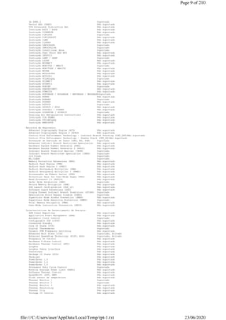 IA SSE4.2 Suportado
Vector AES (VAES) Não suportado
VIA Alternate Instruction Set Não suportado
Instrução ADCX / ADOX Não suportado
Instrução CLDEMOTE Não suportado
Instrução CLFLUSH Suportado
Instrução CLFLUSHOPT Não suportado
Instrução CLWB Não suportado
Instrução CLZERO Não suportado
Instrução CMPXCHG8B Suportado
Instrução CMPXCHG16B Suportado
Instrução Conditional Move Suportado
Instrução Fast Short REP MOV Não suportado
Instrução INVPCID Não suportado
Instrução LAHF / SAHF Suportado
Instrução LZCNT Não suportado
Instrução MCOMMIT Não suportado
Instrução MONITOR / MWAIT Suportado
Instrução MONITORX / MWAITX Não suportado
Instrução MOVBE Não suportado
Instrução MOVDIR64B Não suportado
Instrução MOVDIRI Não suportado
Instrução PCLMULQDQ Suportado
Instrução PCOMMIT Não suportado
Instrução PCONFIG Não suportado
Instrução POPCNT Suportado
Instrução PREFETCHWT1 Não suportado
Instrução PTWRITE Não suportado
Instrução RDFSBASE / RDGSBASE / WRFSBASE / WRGSBASESuportado
Instrução RDPRU Não suportado
Instrução RDRAND Suportado
Instrução RDSEED Não suportado
Instrução RDTSCP Suportado
Instrução SKINIT / STGI Não suportado
Instrução SYSCALL / SYSRET Não suportado
Instrução SYSENTER / SYSEXIT Suportado
Trailing Bit Manipulation Instructions Não suportado
Instrução VIA FEMMS Não suportado
Instrução VPCLMULQDQ Não suportado
Instrução WBNOINVD Não suportado
Recursos de Segurança:
Advanced Cryptography Engine (ACE) Não suportado
Advanced Cryptography Engine 2 (ACE2) Não suportado
Control-flow Enforcement Technology - Indirect Branch Tracking (CET_IBT)Não suportado
Control-flow Enforcement Technology - Shadow Stack (CET_SS)Não suportado
Prevenção de Execução de Dados (DEP, NX, EDB) Suportado
Enhanced Indirect Branch Restricted Speculation Não suportado
Hardware Random Number Generator (RNG) Não suportado
Hardware Random Number Generator 2 (RNG2) Não suportado
Indirect Branch Predictor Barrier (IBPB) Suportado
Indirect Branch Restricted Speculation (IBRS) Suportado
L1D Flush Suportado
MD_CLEAR Suportado
Memory Protection Extensions (MPX) Não suportado
PadLock Hash Engine (PHE) Não suportado
PadLock Hash Engine 2 (PHE2) Não suportado
PadLock Montgomery Multiplier (PMM) Não suportado
PadLock Montgomery Multiplier 2 (PMM2) Não suportado
Processador de Número Serial (PSN) Não suportado
Protection Keys for User-Mode Pages (PKU) Não suportado
Read Processor ID (RDPID) Não suportado
Safer Mode Extensions (SMX) Suportado
Secure Memory Encryption (SME) Não suportado
SGX Launch Configuration (SGX_LC) Não suportado
Software Guard Extensions (SGX) Não suportado
Single Thread Indirect Branch Predictors (STIBP) Suportado
Speculative Store Bypass Disable (SSBD) Suportado
Supervisor Mode Access Prevention (SMAP) Não suportado
Supervisor Mode Execution Protection (SMEP) Suportado
Total Memory Encryption (TME) Não suportado
User-Mode Instruction Prevention (UMIP) Não suportado
Características de Gerenciamento de Energia:
APM Power Reporting Não suportado
Application Power Management (APM) Não suportado
Automatic Clock Control Suportado
Configurable TDP (cTDP) Não suportado
Connected Standby Não suportado
Core C6 State (CC6) Não suportado
Digital Thermometer Suportado
Dynamic FSB Frequency Switching Não suportado
Enhanced Halt State (C1E) Suportado, Ativado
Enhanced SpeedStep Technology (EIST, ESS) Suportado, Ativado
Frequency ID Control Não suportado
Hardware P-State Control Não suportado
Hardware Thermal Control (HTC) Não suportado
LongRun Não suportado
LongRun Table Interface Não suportado
Overstress Não suportado
Package C6 State (PC6) Não suportado
Parallax Não suportado
PowerSaver 1.0 Não suportado
PowerSaver 2.0 Não suportado
PowerSaver 3.0 Não suportado
Processor Duty Cycle Control Suportado
Running Average Power Limit (RAPL) Não suportado
Software Thermal Control Não suportado
SpeedShift (SST, HWP) Não suportado
Diodo sensor de temperatura Não suportado
Thermal Monitor 1 Suportado
Thermal Monitor 2 Suportado
Thermal Monitor 3 Não suportado
Thermal Monitoring Não suportado
Thermal Trip Não suportado
Voltage ID Control Não suportado
Page 9 of 210
23/06/2020file:///C:/Users/user/AppData/Local/Temp/rpt-1.txt
 
