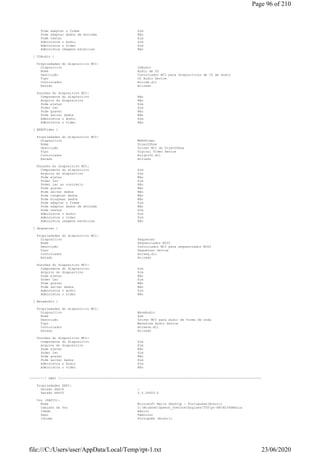 Pode adaptar o frame Sim
Pode adaptar dados de entrada Não
Pode testar Sim
Administra o áudio Sim
Administra o vídeo Sim
Administra imagens estáticas Não
[ CDAudio ]
Propriedades do dispositivo MCI:
Dispositivo CDAudio
Nome Áudio de CD
Descrição Controlador MCI para dispositivos de CD de áudio
Tipo CD Audio Device
Controlador mcicda.dll
Estado Ativado
Funções do dispositivo MCI:
Componente do dispositivo Não
Arquivo do dispositivo Não
Pode ejetar Sim
Poder ler Sim
Pode gravar Não
Pode salvar dados Não
Administra o áudio Sim
Administra o vídeo Não
[ MPEGVideo ]
Propriedades do dispositivo MCI:
Dispositivo MPEGVideo
Nome DirectShow
Descrição Driver MCI do DirectShow
Tipo Digital Video Device
Controlador mciqtz32.dll
Estado Ativado
Funções do dispositivo MCI:
Componente do dispositivo Sim
Arquivo do dispositivo Sim
Pode ejetar Não
Poder ler Sim
Poder ler ao contrário Não
Pode gravar Não
Pode salvar dados Não
Pode congelar dados Não
Pode bloquear dados Não
Pode adaptar o frame Sim
Pode adaptar dados de entrada Não
Pode testar Sim
Administra o áudio Sim
Administra o vídeo Sim
Administra imagens estáticas Não
[ Sequencer ]
Propriedades do dispositivo MCI:
Dispositivo Sequencer
Nome Sequenciador MIDI
Descrição Controlador MCI para sequenciador MIDI
Tipo Sequencer Device
Controlador mciseq.dll
Estado Ativado
Funções do dispositivo MCI:
Componente do dispositivo Sim
Arquivo do dispositivo Sim
Pode ejetar Não
Poder ler Sim
Pode gravar Não
Pode salvar dados Não
Administra o áudio Sim
Administra o vídeo Não
[ WaveAudio ]
Propriedades do dispositivo MCI:
Dispositivo WaveAudio
Nome Som
Descrição Driver MCI para áudio de forma de onda
Tipo Waveform Audio Device
Controlador mciwave.dll
Estado Ativado
Funções do dispositivo MCI:
Componente do dispositivo Sim
Arquivo do dispositivo Sim
Pode ejetar Não
Poder ler Sim
Pode gravar Não
Pode salvar dados Sim
Administra o áudio Sim
Administra o vídeo Não
--------[ SAPI ]--------------------------------------------------------------------------------------------------------
Propriedades SAPI:
Versão SAPI4 -
Versão SAPI5 5.3.24603.0
Voz (SAPI5):
Nome Microsoft Maria Desktop - Portuguese(Brazil)
Caminho da Voz C:WindowsSpeech_OneCoreEnginesTTSpt-BRM1046Maria
Idade Adulto
Sexo Feminino
Idioma Português (Brasil)
Page 96 of 210
23/06/2020file:///C:/Users/user/AppData/Local/Temp/rpt-1.txt
 