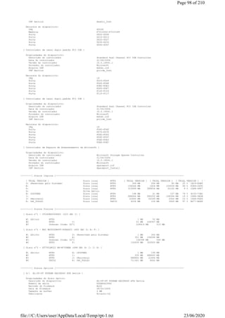 INF Section msahci_Inst
Recursos do dispositivo:
IRQ 65536
Memória F7C10000-F7C101FF
Porta D000-D00F
Porta D010-D013
Porta D020-D027
Porta D030-D033
Porta D040-D047
[ Controlador de canal duplo padrão PCI IDE ]
Propriedades do dispositivo:
Descrição do controlador Standard Dual Channel PCI IDE Controller
Data do controlador 21/06/2006
Versão do controlador 10.0.19041.1
Provedor do controlador Microsoft
Arquivo INF mshdc.inf
INF Section pciide_Inst
Recursos do dispositivo:
IRQ 19
Porta F0C0-F0CF
Porta F0D0-F0DF
Porta F0E0-F0E3
Porta F0F0-F0F7
Porta F100-F103
Porta F110-F117
[ Controlador de canal duplo padrão PCI IDE ]
Propriedades do dispositivo:
Descrição do controlador Standard Dual Channel PCI IDE Controller
Data do controlador 21/06/2006
Versão do controlador 10.0.19041.1
Provedor do controlador Microsoft
Arquivo INF mshdc.inf
INF Section pciide_Inst
Recursos do dispositivo:
IRQ 19
Porta F060-F06F
Porta F070-F07F
Porta F080-F083
Porta F090-F097
Porta F0A0-F0A3
Porta F0B0-F0B7
[ Controlador de Espaços de Armazenamento da Microsoft ]
Propriedades do dispositivo:
Descrição do controlador Microsoft Storage Spaces Controller
Data do controlador 21/06/2006
Versão do controlador 10.0.19041.1
Provedor do controlador Microsoft
Arquivo INF spaceport.inf
INF Section Spaceport_Install
--------[ Discos lógicos ]----------------------------------------------------------------------------------------------
[ TRIAL VERSION ] Disco local NTFS [ TRIAL VERSION ] [ TRIAL VERSION ] [ TRIAL VERSION ] [ TRIAL VERSION ]
D: (Reservado pelo Sistema) Disco local NTFS 349 MB 264 MB 85 MB 25 % 1EC9-E9B5
E: Disco local NTFS 156046 MB 1606 MB 154439 MB 99 % F2E9-2695
F: Disco local NTFS 319999 MB 289834 MB 30165 MB 9 % C6F8-6FF7
G: Drive óptico
H: (SYSTEM) Disco local NTFS 198 MB 41 MB 157 MB 79 % 9C35-73BC
I: Disco local NTFS 688644 MB 580250 MB 108394 MB 16 % C688-5EDB
J: (Recovery) Disco local NTFS 22495 MB 20189 MB 2306 MB 10 % 16D6-F466
K: (HP_TOOLS) Disco local FAT32 4054 MB 104 MB 3949 MB 97 % B677-BD88
--------[ Discos físicos ]----------------------------------------------------------------------------------------------
[ Disco nº1 - CT240BX500SSD1 (223 GB) C: ]
#1 (Ativo) NTFS 1 MB 50 MB
#2 NTFS C: 51 MB 228367 MB
#3 Unknown (Code: $27) 228419 MB 515 MB
[ Disco nº2 - WDC WD5000BPVT-80HXZT3 (465 GB) D: E: F: ]
#1 (Ativo) NTFS D: (Reservado pelo Sistema) 1 MB 350 MB
#2 NTFS E: 351 MB 156046 MB
#3 Unknown (Code: $27) 156398 MB 540 MB
#4 NTFS F: 156939 MB 320000 MB
[ Disco nº3 - ST750LM022 HN-M750MBB (698 GB) H: I: J: K: ]
#1 (Ativo) NTFS H: (SYSTEM) 1 MB 199 MB
#2 NTFS I: 200 MB 688645 MB
#3 NTFS J: (Recovery) 688845 MB 22496 MB
#4 FAT32 K: (HP_TOOLS) 711341 MB 4062 MB
--------[ Discos ópticos ]----------------------------------------------------------------------------------------------
[ G: HL-DT-ST DVDRAM GH22NS40 ATA Device ]
Propriedades do disco óptico:
Descrição do dispositivo HL-DT-ST DVDRAM GH22NS40 ATA Device
Número de série K4GA84G3940
Revisão do Firmware NL02
Data do Firmware 06/02/2009
Tamanho do buffer 2 MB
Fabricante Hitachi-LG
Page 98 of 210
23/06/2020file:///C:/Users/user/AppData/Local/Temp/rpt-1.txt
 