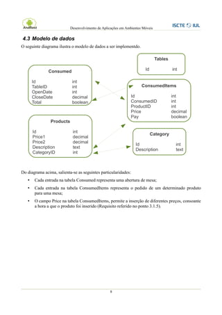 Desenvolvimento de Aplicações em Ambientes Móveis

4.3 Modelo de dados
O seguinte diagrama ilustra o modelo de dados a ser implementdo.

                                                                               Tables

               Consumed                                                Id               int

       Id                   int
       TableID              int                                      ConsumedItems
       OpenDate             int
       CloseDate            decimal                            Id                       int
       Total                boolean                            ConsumedID               int
                                                               ProductID                int
                                                               Price                    decimal
                                                               Pay                      boolean
                Products

       Id                   int
                                                                            Category
       Price1               decimal
       Price2               decimal
                                                                 Id                       int
       Description          text
                                                                 Description              text
       CategoryID           int



Do diagrama acima, salienta-se as seguintes particularidades:
   •    Cada entrada na tabela Consumed representa uma abertura de mesa;
   •    Cada entrada na tabela ConsumedItems representa o pedido de um determinado produto
        para uma mesa;
   •    O campo Price na tabela ConsumedItems, permite a inserção de diferentes preços, consoante
        a hora a que o produto foi inserido (Requisito referido no ponto 3.1.5).




                                                  8
 