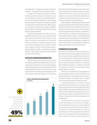 REFINACIÓN Y COMERCIALIZACIÓN

                   crudo importado —más ligero y que produce derivados de       cirá también GLP, nafta petroquímica, fueloil para buques
                   más valor— y la reﬁnación del crudo pesado nacional.         y coque de petróleo. Las obras de terraplén comenzaron
                       La mejora de la calidad de los productos también         en septiembre de 2007, y los proyectos básicos de las
                   recibió importantes inversiones. Se dio inicio a los pro-    unidades se encuentran en fase ﬁnal de elaboración. Se
                   yectos destinados a la mejora de la calidad del diésel en    concluyó la licitación del proyecto ejecutivo y tuvo inicio
                   las reﬁnerías Henrique Lage (Revap) y Getúlio Vargas         el proceso de adquisición de equipamientos.
                   (Repar) además de la mejora de la calidad de la gasolina         El Plan de Negocios 2008-2012 prevé también una reﬁ-
                   en las reﬁnerías de Presidente Bernardes (RPBC), Duque       nería para procesar 500 miles de bpd de petróleo pesado y
                   de Caxias (Reduc), Gabriel Passos (Regap), Landulpho         ácido de la Cuenca de Campos: la Reﬁnería Premium. Los
                   Alves (RLAM), Getúlio Vargas (Repar), Henrique Lage          productos de la línea premium tienen elevada calidad y
                   (Revap) y Paulínia (Replan).                                 muy bajo contenido de azufre. El diésel, con rendimiento
                       La posición de vanguardia de Petrobras en la tecno-      en torno al 65% vol., se destinará al mercado europeo. El
                   logía HBIO representó avances en la calidad del diésel       GLP, la nafta, el QAV y el coque se comercializarán prefe-
                   y en la protección ambiental en 2007. El proceso posi-       rentemente en el mercado interno y se consumirán por la
                   bilita la inclusión de aceite vegetal en la corriente del    propia unidad (generación de hidrógeno y energía). Los
                   diésel, lo que resulta en un producto de alta pureza. Este   estudios de localización de la reﬁnería, que está prevista
                   proceso está en implantación en las reﬁnerías Gabriel        para comenzar a operar en 2014, están en marcha.
                   Passos (Regap), Presidente Getúlio Vargas (Repar) y
                   Paulínia (Replan). En 2008, se extenderá a las reﬁnerías     COMERCIALIZACIÓN
                   Henrique Lage (Revap), Presidente Bernardes (RPBC)           El aumento de la producción nacional de petróleo, la
                   y Duque de Caxias (Reduc).                                   plena utilización de la estructura logística y el aprovecha-
                                                                                miento de oportunidades comerciales externas permitie-
                   NUEVOS EMPRENDIMIENTOS                                       ron a Petrobras alcanzar, en 2007, excelentes resultados
                       El diésel también será el principal producto de la       en la comercialización de combustibles en el mercado
                   nueva Reﬁnería del Nordeste (Reﬁnería Abreu e Lima), en      interno y externo. En Brasil, se vendieron 1.730 miles de
                   construcción en Pernambuco, en el municipio de Ipojuca.      bpd de derivados de petróleo, un crecimiento del 2,8%
                   Con operación prevista para el segundo semestre de 2010,     en comparación con 2006, con récords históricos regis-
                   tendrá capacidad de producción de 140 miles de barri-        trados de agosto a noviembre.
                   les/día de diésel. La reﬁnería procesará diariamente 200         El récord de comercialización de combustible en el
                   miles de barriles de petróleo pesado de 16 ºAPI y produ-     mercado brasileño se batió en octubre: 58,4 millones de
                                                                                barriles de petróleo. En septiembre, las ventas alcanzaron
                                                                                54 millones de barriles: un resultado mejor en compara-
                      COSTE UNITARIO DE REFINACIÓN
                      (US$/BARRIL)                                              ción con el mismo período de los últimos cinco años.
                                                                                    Los principales productos en volumen de ventas
                                                                      2,85




                                                                                fueron: diésel, gasolina, gas licuado de petróleo (GLP),
                                                                                nafta, fueloil y queroseno de aviación (QAV). Este último
                                                                                registró el mayor crecimiento porcentual del volumen de
                                                           2,29




                                                                                ventas, del 9,6%, debido al buen desempeño de la econo-
                                                                                mía nacional y mundial, a la apreciación del real frente
                                               1,90




                                                                                al dólar y al aumento de los vuelos, principalmente los
Las operaciones
                                                                                internacionales.
     de compra
                                      1,38




                                                                                    Las ventas de fueloil (sin bunker) aumentaron
     y venta de
                       1,14




                                                                                el 6,8%, beneficiadas por el aumento de entregas a
      productos
                                                                                las termoeléctricas del Amazonas y por la expansión
  en el exterior
                                                                                de la industria de transformación. El diésel siguió el
aumentaron un
                                                                                crecimiento de la economía brasileña y sus ventas se


  49%                 2003           2004    2005        2006        2007
                                                                                incrementaron un 4,9%. El principal responsable del
                                                                                aumento fue el desempeño del PIB y del agronegocio,
                                                                                donde sobresale el aumento del área plantada con


38                                                                                                                                NEGOCIOS
 