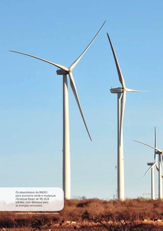 Os desembolsos do BNDES 
para economia verde e mudanças 
climáticas foram de R$ 20,8 
bilhões, com destaque para 
as energias renováveis. 
Fotografia: Renova Energia/Marisa Vianna 
12RELATÓRIO 
ANUAL 
2012 
 