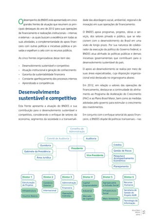 55 
Gestão de Riscos 
Pesquisa e 
Acompanhamento 
Econômico 
Recursos 
Humanos 
Secretaria de 
Gestão do 
Projeto AGIR 
RELATÓRIO 
ANUAL 
2012 
O desempenho do BNDES está apresentado em cinco 
grandes frentes de atuação que resumem os prin-cipais 
destaques do ano de 2012 para suas operações 
de financiamento e realizações institucionais – internas 
e externas – as quais buscam a excelência em todas as 
suas atividades, a complementaridade do apoio finan-ceiro 
com outras políticas e iniciativas públicas e pri-vadas 
e espelham o zelo com os recursos públicos. 
As cinco frentes organizadoras desse item são: 
• Desenvolvimento sustentável e competitivo 
• Atuação institucional e geração de conhecimento 
• Garantia da sustentabilidade financeira 
• Constante aperfeiçoamento dos processos internos 
• Aprendizado e competências 
Desenvolvimento 
sustentável e competitivo 
Esta frente apresenta a atuação do BNDES e sua 
contribuição para o desenvolvimento sustentável e 
competitivo, considerando o enfoque de setores da 
economia, segmentos da sociedade e a transversali-dade 
das abordagens social, ambiental, regional e de 
inovação em suas operações de financiamento. 
O BNDES apoia programas, projetos, obras e ser-viços, 
dos setores privado e público, que se rela-cionem 
com o desenvolvimento do Brasil em uma 
visão de longo prazo. Por sua natureza de colabo-rador 
da execução da política do Governo Federal, o 
BNDES atua alinhado às políticas públicas e demais 
iniciativas governamentais que contribuam para o 
desenvolvimento sustentável do país. 
O apoio ao desenvolvimento se realiza por meio de 
suas áreas especializadas, cuja disposição organiza-cional 
está destacada no organograma abaixo. 
Em 2012, em relação a valores das operações de 
financiamento, destaca-se a continuidade do alinha-mento 
ao Programa de Aceleração do Crescimento 
(PAC) e ao Plano Brasil Maior, bem como às medidas 
adotadas pelo governo para estimular o crescimento 
dos investimentos. 
Em conjunto com o enfoque setorial do apoio finan-ceiro, 
o BNDES dispõe de políticas transversais – nas 
Ouvidoria 
Gabinete da Presidência 
Área Jurídica 
Presidente 
Vice-Presidente 
Conselho de 
Administração 
Comitê de Auditoria Auditoria 
Diretor 1 Diretor 2 Diretor 3 Diretor 4 Diretor 5 Diretor 6 
Estruturação 
de Projetos 
Administração 
Financeira 
Crédito 
Planejamento 
Tecnologia da 
Informação 
Comércio 
Exterior 
Internacional 
Capital 
Empreendedor 
Industrial 
Mercado 
de Capitais 
Operações 
Indiretas 
Infraestrutura 
Insumos Básicos 
Agropecuária 
e Inclusão Social 
Infraestrutura 
Social 
Meio Ambiente 
 