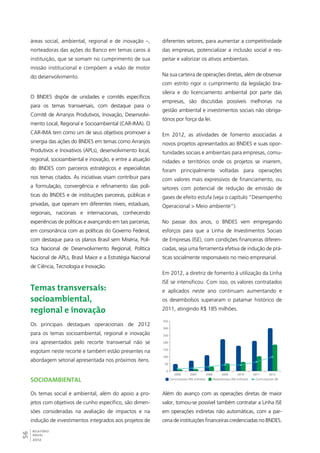 56RELATÓRIO 
ANUAL 
2012 
diferentes setores, para aumentar a competitividade 
das empresas, potencializar a inclusão social e res-peitar 
e valorizar os ativos ambientais. 
Na sua carteira de operações diretas, além de observar 
com estrito rigor o cumprimento da legislação bra-sileira 
e do licenciamento ambiental por parte das 
empresas, são discutidas possíveis melhorias na 
gestão ambiental e investimentos sociais não obriga-tórios 
por força da lei. 
Em 2012, as atividades de fomento associadas a 
novos projetos apresentados ao BNDES e suas opor-tunidades 
sociais e ambientais para empresas, comu-nidades 
e territórios onde os projetos se inserem, 
foram principalmente voltadas para operações 
com valores mais expressivos de financiamento, ou 
setores com potencial de redução de emissão de 
gases de efeito estufa (veja o capítulo “Desempenho 
Operacional > Meio ambiente”). 
No passar dos anos, o BNDES vem empregando 
esforços para que a Linha de Investimentos Sociais 
de Empresas (ISE), com condições financeiras diferen-ciadas, 
seja uma ferramenta efetiva de indução de prá-ticas 
socialmente responsáveis no meio empresarial. 
Em 2012, a diretriz de fomento à utilização da Linha 
ISE se intensificou. Com isso, os valores contratados 
e aplicados neste ano continuam aumentando e 
os desembolsos superaram o patamar histórico de 
2011, atingindo R$ 185 milhões. 
350 
300 
250 
200 
150 
100 
50 
0 
2006 2007 2008 2009 2010 2011 2012 
Contratações (R$ milhões) Desembolsos (R$ milhões) Contratações (#) 
Além do avanço com as operações diretas de maior 
valor, tornou-se possível também contratar a Linha ISE 
em operações indiretas não automáticas, com a par-ceria 
de instituições financeiras credenciadas no BNDES. 
áreas social, ambiental, regional e de inovação –, 
norteadoras das ações do Banco em temas caros à 
instituição, que se somam no cumprimento de sua 
missão institucional e compõem a visão de motor 
do desenvolvimento. 
O BNDES dispõe de unidades e comitês específicos 
para os temas transversais, com destaque para o 
Comitê de Arranjos Produtivos, Inovação, Desenvolvi-mento 
Local, Regional e Socioambiental (CAR-IMA). O 
CAR-IMA tem como um de seus objetivos promover a 
sinergia das ações do BNDES em temas como Arranjos 
Produtivos e Inovativos (APLs), desenvolvimento local, 
regional, socioambiental e inovação, e entre a atuação 
do BNDES com parceiros estratégicos e especialistas 
nos temas citados. As iniciativas visam contribuir para 
a formulação, convergência e refinamento das polí-ticas 
do BNDES e de instituições parceiras, públicas e 
privadas, que operam em diferentes níveis, estaduais, 
regionais, nacionais e internacionais, conhecendo 
experiências de políticas e avançando em tais parcerias, 
em consonância com as políticas do Governo Federal, 
com destaque para os planos Brasil sem Miséria, Polí-tica 
Nacional de Desenvolvimento Regional, Política 
Nacional de APLs, Brasil Maior e a Estratégia Nacional 
de Ciência, Tecnologia e Inovação. 
Temas transversais: 
socioambiental, 
regional e inovação 
Os principais destaques operacionais de 2012 
para os temas socioambiental, regional e inovação 
ora apresentados pelo recorte transversal não se 
esgotam neste recorte e também estão presentes na 
abordagem setorial apresentada nos próximos itens. 
SOCIOAMBIENTAL 
Os temas social e ambiental, além do apoio a pro-jetos 
com objetivos de cunho específico, são dimen-sões 
consideradas na avaliação de impactos e na 
indução de investimentos integrados aos projetos de 
 