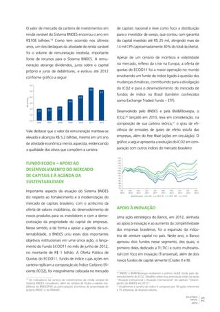 73 
RELATÓRIO 
ANUAL 
2012 
O valor de mercado da carteira de investimentos em 
renda variável do Sistema BNDES encerrou o ano em 
R$108 bilhões.19 Como tem ocorrido nos últimos 
anos, um dos destaques da atividade de renda variável 
foi o volume de remuneração recebida, importante 
fonte de recursos para o Sistema BNDES. A remu-neração 
abrange dividendos, juros sobre o capital 
próprio e juros de debêntures, e evoluiu até 2012 
conforme gráfico a seguir. 
2,0 2,2 
2,4 
3,6 
4,3 
5,6 
5,2 
6,0 
5,0 
4,0 
3,0 
2,0 
1,0 
0,0 
2006 2007 2008 2009 2010 2011 2012 
R$ bilhões 
Vale destacar que o valor da remuneração manteve-se 
elevado e alcançou R$ 5,2 bilhões, mesmo em um ano 
de atividade econômica menos aquecida, evidenciando 
a qualidade dos ativos que compõem a carteira. 
Fundo ECOO11 – apoio ao 
desenvolvimento do mercado 
de capitais e à agenda da 
sustentabilidade 
Importante aspecto da atuação do Sistema BNDES 
diz respeito ao fortalecimento e à modernização do 
mercado de capitais brasileiro, com o acréscimo da 
oferta de valores mobiliários, do desenvolvimento de 
novos produtos para os investidores e com a demo-cratização 
da propriedade do capital de empresas. 
Nesse sentido, e de forma a apoiar a agenda da sus-tentabilidade, 
o BNDES uniu esses dois importantes 
objetivos institucionais em uma única ação, o lança-mento 
do Fundo ECOO11 no mês de junho de 2012, 
no montante de R$ 1 bilhão. A Oferta Pública de 
Quotas do ECOO11, fundo de índice cujas ações em 
carteira replicam a composição do Índice Carbono Efi-ciente 
(ICO2), foi integralmente colocada no mercado 
19 Os indicadores da carteira de investimentos de renda variável do 
Sistema BNDES consideram, além da carteira de títulos e valores mo-biliários 
da BNDESPAR, as participações acionárias de propriedade do 
próprio BNDES e da FINAME. 
de capitais nacional e teve como foco a distribuição 
para o investidor de varejo, que contou com garantia 
do capital investido até R$ 25 mil, atingindo mais de 
14 mil CPFs (aproximadamente 30% do total da oferta). 
Apesar de um cenário de incerteza e volatilidade 
no mercado, reflexo da crise na Europa, a oferta de 
quotas do ECOO11 foi a maior operação no mundo 
envolvendo um fundo de índice ligado à questão das 
mudanças climáticas, contribuindo para a divulgação 
do ICO2 e para o desenvolvimento do mercado de 
fundos de índice no Brasil (também conhecidos 
como Exchange Traded Funds – ETF). 
Desenvolvido pelo BNDES e pela BM&FBovespa, o 
ICO2,20 lançado em 2010, leva em consideração, na 
composição de sua carteira teórica,21 o grau de efi-ciência 
de emissões de gases de efeito estufa das 
empresas, além do free float (ações em circulação). O 
gráfico a seguir apresenta a evolução do ICO2 em com-paração 
com outros índices do mercado brasileiro: 
130 
125 
120 
115 
110 
105 
100 
95 
90 
85 
80 
75 
70 
set. 
2010 
dez. 
2010 
mar. 
2011 
jun. 
2011 
set. 
2011 
dez. 
2011 
mar. 
2012 
jun. 
2012 
set. 
2012 
dez. 
2012 
Ibovespa ISE IBrX 50 IBrX 100 ICO2 
Apoio à inovação 
Uma ação estratégica do Banco, em 2012, alinhada 
ao apoio à inovação e ao aumento da competitividade 
das empresas brasileiras, foi a expansão da indús-tria 
de venture capital no país. Neste ano, o Banco 
aprovou dois fundos nesse segmento, dos quais, o 
primeiro deles dedicado a TI (TIC) e outro multisseto-rial 
com foco em inovação (Transversal), além de dois 
novos fundos de capital semente (Criatec II e III). 
20 BNDES e BM&FBovespa receberam o prêmio ALIDE Verde pelo de-senvolvimento 
do ICO2. Detalhes sobre essa premiação estão na seção 
“Atuação institucional > Atuação internacional” do capítulo “Desem-penho 
do BNDES em 2012”. 
21 Atualmente a carteira do índice é composta por 36 ações referentes 
a 35 empresas de diversos setores. 
 