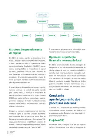 88RELATÓRIO 
ANUAL 
2012 
Financeira Secretaria 
de Validação 
Diretor 1 
Presidente 
Vice-Presidente 
Conselho de 
Administração 
Auditoria 
Planejamento 
Gestão de Risco 
Diretor 2 Diretor 3 Diretor 4 Diretor 5 Diretor 6 
Estrutura de gerenciamento 
de capital 
Em 2012, de modo a atender ao disposto na Reso-lução 
3.988/2011 do Conselho Monetário Nacional, 
o BNDES aprovou sua Política Corporativa de Geren-ciamento 
de Capital (Resolução 2.282/2012), que se 
destina a compatibilizar as necessidades de capital 
do BNDES, presentes e futuras, com a natureza de 
suas operações, a complexidade de seus produtos e 
serviços e a dimensão de sua exposição a riscos, de 
modo que sejam atendidos os limites estabelecidos 
pela regulamentação bancária. 
O gerenciamento de capital compreende o monito-ramento 
contínuo e o controle de capital mantido 
pelo Sistema BNDES, a avaliação da necessidade de 
capital para fazer frente aos riscos que o Sistema 
BNDES está sujeito, de forma prospectiva, e o plane-jamento 
e proposição de metas visando atender aos 
objetivos dessa política, em consonância com seus 
objetivos estratégicos. 
Integram a estrutura organizacional de gerencia-mento 
de capital as seguintes unidades do BNDES: 
Área Financeira, Área de Gestão de Riscos, Área de 
Planejamento, Auditoria Interna e Secretaria de Vali-dação, 
esta última criada em 2012 com o objetivo de 
realizar a validação independente do Processo Interno 
de Avaliação da Adequação de Capital (ICAAP). 
O organograma acima apresenta a disposição orga-nizacional 
das unidades antes mencionadas. 
Operações de proteção 
financeira no mercado local 
Em 2012, foram executadas diversas operações de 
hedge com o uso de instrumentos derivativos de 
câmbio e taxas de juros em mercados de balcão e 
de bolsa. Vale notar que algumas transações reali-zadas 
em mercados de balcão foram contratadas 
com mecanismo de mitigação de risco de crédito 
bilateral, mediante a cessão fiduciária de títulos 
públicos para obter margem. No fim desse ano, a 
posição detida pelo BNDES em derivativos alcan-çava 
cerca de R$ 22 bilhões. 
Constante 
aperfeiçoamento dos 
processos internos 
O ano de 2012 foi marcado por aperfeiçoamentos 
nos processos internos do BNDES, em especial nos 
processos de gestão. Destacam-se a seguir as princi-pais 
realizações em 2012. 
Projeto AGIR 
Iniciado em 2005, o Projeto AGIR tem por objetivo 
definir e implementar uma solução integrada de 
 
