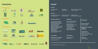 PARCEIROS
Institucionais
Científicos
Filantrópicos
Comerciais
EQUIPE
Gerentes
Aline Maldonado Locks
Gerente Operacional
Charton Jahn Locks
Gerente de Projetos
Magally Oliveira
Gerente Financeira Administrativa
Analistas Ambientais
Anmyna Soraia de Oliveira
Cristhiane Mendes Simioli
Eduardo dos Santos Pacífico
Fábio Almeida Coelho
Fabrício de Freitas
Jefferson Francisco da Costa
Maria Zelma Gomes da Silva
Murillo Alves Moreira
Patrick Danielli
Rafael Vinícios
Tassiane Rebelato Marasca
Vitor Palhari Lins
Brigadistas
Edimar dos Santos Abreu
Chefe da Brigada de Incêndio
Arnaldo Almeida
Eusimar de Sousa Araújo
Lourivan Tavares
Luis Júnior da Silva
Luzival Farias
Osmano Melquiades
Weldre Tavares Pereira
Comunicação
Bárbara Mazocante Majadas
Coordenadora de Comunicação
Eryka Karla da Silva
Administrativo
Eliciena de Souza
Tatiely Vieira
EXPEDIENTE
Edição / Produção
Bárbara Majadas
Design de Arte / Edição de
Fotografia
Eryka Karla
Colaboradores
Charton Jahn Locks
Eduardo dos Santos Pacífico
Magally Oliveira
Fotografia
Arquivo Pessoal
Diretores
John Cain Carter
Diretor Geral
Frank Merry
Diretor Financeiro
Marcos Carvalho dos Reis
Diretor Administrativo
*
* Equipe da Aliança da Terra - Maio de 2013
 